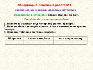 Лабораторно-практична робота №4
Обладнання і матеріали: зразки фанери та ДВП.
Послідовність виконання роботи
1. Визнач за зразком вид матеріалу (шпон, фанера)
2. Визнач кількість шарів шпону, з яких виготовлено зразки
фанери.
3. Заповни таблицю за таким зразком:
Ознайомлення з видами деревних матеріалів
№ зразка Назва матеріалу К-ть шарів шпону
 