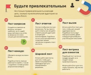FБудьте привлекательным X
Не столько привлекательность конечная
цель, сколько привлекательная аудитория на
вашем блоге.
О
Пост вопросов
Создайте и ответьте на
вопросы, которые
наиболее часто задаёт
ваша публика в соц сетях,
на форумах или же в
секции для комментариев.
ОПост-конкурс
Объявите конкурс на своем
блоге.
Подобные посты хорошо
работают в сериях, а так же
с апдейтом и оповещением
результатов конкурса.
О
Пост ответов
Это пост-побратим постов с
вопросами. Тут вы просто
даёте ответы или же даёте
ответить вашей аудитории
в секции для
комментариев. Подобные
посты зачастую короткие и
позволяют вашим
читателям создавать пласт
контента.
О
Шаровой пост
Используйте свои посты
для того, чтобы дать
своим пользователям
свободный доступ к
определённым
решениям.
ОПост-вызов
Используйте блог пост для
того, чтобы дать вашей
аудитории вызов.
Подобные посты идут
хорошо в сериях, давая
повод для дальнейшего
участия вашим читателям.
©ППост-витрина
для клиентов
Подобный пост частично
продвигающий, но и
создаёт некую
привлекательность.
Используйте блог для того,
чтобы показать, над чем вы
работаете.
 