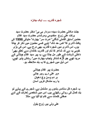 ‫قادر‬ ‫شجرہ‬‫ی‬‫ہ‬‫۔۔۔۔۔‬‫ا‬‫ی‬‫جائزہ‬ ‫ک‬
‫مکان‬ ‫جنت‬‫ی‬‫س‬ ‫حضرت‬‫ی‬‫ب‬ ‫سردار‬ ‫دہ‬‫ی‬‫ب‬‫ی‬'‫س‬ ‫حضرت‬ ‫دختر‬‫ی‬‫د‬
‫ع‬ ‫برکت‬‫ی‬‫مخدوم‬ ‫زوج‬‫ی‬‫ومرشد‬‫ی‬‫س‬ ‫حضرت‬‫ی‬‫غالم‬ ‫د‬
‫حضور‬'‫اقامت‬ ‫سابق‬‫ی‬‫ننگ‬‫ی‬'‫سر‬ ‫امرت‬'‫بھارت‬'‫متوف‬‫ی‬0002‫ک‬‫ی‬
‫ڈائر‬ ‫پاکٹ‬‫ی‬‫کا‬'‫تک‬ ‫حد‬ ‫کس‬'‫کس‬ ‫اپنے‬‫ی‬‫م‬ ‫مضون‬‫ی‬‫ذک‬ ‫ں‬‫چکا‬ ‫کر‬ ‫ر‬
‫ہوں‬‫۔‬‫ڈائر‬ ‫اس‬‫ی‬‫م‬‫ی‬‫قادر‬ ‫شجرہ‬ ‫ں‬‫ی‬‫بھ‬ ‫ہ‬‫ی‬‫ہے‬ ‫درج‬‫۔‬‫ک‬ ‫اس‬‫ی‬‫بڑ‬‫ی‬
‫خوب‬‫ی‬‫ی‬‫قادر‬ ‫اور‬ ‫نام‬ ‫کا‬ ‫شاعر‬ ‫کہ‬ ‫ہے‬ ‫ہ‬‫ی‬‫بھ‬ ‫ق‬ ‫تع‬ ‫سے‬ ‫خاندان‬ ‫ہ‬‫ی‬'
‫داخ‬‫ی‬‫ہے‬ ‫جاتا‬ ‫مل‬ ‫طور‬ ‫کے‬ ‫شہادت‬‫۔‬‫ی‬‫پ‬ ‫ہ‬‫ی‬‫س‬ ‫ر‬‫ی‬‫ج‬ ‫غالم‬ ‫د‬‫ی‬‫الن‬‫ی‬‫کے‬
‫مر‬‫ی‬‫م‬ ‫بھارت‬ ‫پنجاب‬ ‫شنکر‬ ‫گڑھ‬ ‫جو‬ ‫تھے‬ ‫د‬‫ی‬‫ں‬'‫پذ‬ ‫رہائش‬‫ی‬‫تھے‬ ‫ر‬‫۔‬
‫ذ‬ ‫اس‬‫ی‬‫م‬ ‫ل‬‫ی‬‫کا‬ ‫شجرے‬ ‫ں‬‫ی‬‫م‬ ‫بند‬ ‫ہ‬‫ہو‬ ‫الحظہ‬‫۔‬
‫پ‬ ‫حضرت‬‫ی‬‫ج‬ ‫غالم‬ ‫ر‬‫ی‬‫الن‬‫ی‬
‫ع‬ ‫مہر‬‫ی‬‫جان‬ ‫رہبر‬ ‫دے‬‫ی‬
‫دھ‬ ‫وچ‬ ‫وسن‬ ‫دم‬ ‫ہر‬‫ی‬‫ان‬
‫ی‬‫کر‬ ‫مشکل‬ ‫رب‬ ‫ا‬‫ی‬‫آسان‬ ‫ں‬
‫ی‬‫ہے‬ ‫مشتمل‬ ‫پر‬ ‫بندوں‬ ‫ستائس‬ ‫کل‬ ‫شجرہ‬ ‫ہ‬‫۔‬‫نو‬ ‫ے‬ ‫پہ‬ ‫کے‬ ‫شجرے‬
‫ک‬ ‫کمال‬ ‫بند‬‫ی‬‫روان‬‫ی‬‫ہ‬ ‫رکھتے‬‫ی‬‫ں‬‫۔‬‫م‬ ‫اس‬‫ی‬‫شخص‬ ‫ں‬‫ی‬‫لئے‬ ‫کے‬ ‫تعارف‬
‫صفت‬‫ی‬‫ل‬ ‫کام‬ ‫سے‬ ‫مات‬ ‫ک‬‫ی‬‫گ‬ ‫ا‬‫ی‬‫ہے‬ ‫ا‬‫۔‬‫مثال‬
‫ع‬‫ی‬‫ول‬‫ی‬‫ہ‬‫ی‬‫بتول‬ ‫زوج‬ ‫ں‬
 