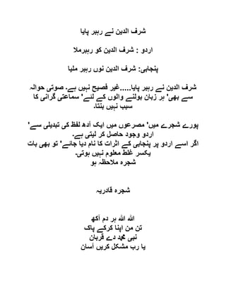 ‫الد‬ ‫شرف‬‫ی‬‫پا‬ ‫رہبر‬ ‫نے‬ ‫ن‬‫ی‬‫ا‬
‫اردو‬:‫الد‬ ‫شرف‬‫ی‬‫رہبرمال‬ ‫کو‬ ‫ن‬
‫پنجاب‬‫ی‬:‫الد‬ ‫شرف‬‫ی‬‫م‬ ‫رہبر‬ ‫نوں‬ ‫ن‬‫ی‬‫ا‬
‫الد‬ ‫شرف‬‫ی‬‫پا‬ ‫رہبر‬ ‫نے‬ ‫ن‬‫ی‬‫ا‬.....‫غ‬‫ی‬‫فص‬ ‫ر‬‫ی‬‫نہ‬ ‫ح‬‫ی‬‫ہے‬ ‫ں‬‫۔‬‫صوت‬‫ی‬‫حوالہ‬
‫بھ‬ ‫سے‬‫ی‬'‫والوں‬ ‫بولنے‬ ‫زبان‬ ‫ہر‬‫لئے‬ ‫کے‬'‫سماعت‬‫ی‬‫گران‬‫ی‬‫کا‬
‫نہ‬ ‫سبب‬‫ی‬‫بنتا‬ ‫ں‬‫۔‬
‫م‬ ‫شجرے‬ ‫پورے‬‫ی‬‫ں‬'‫م‬ ‫مصرعوں‬‫ی‬‫ا‬ ‫ں‬‫ی‬‫ک‬ ‫لفظ‬ ‫آدھ‬ ‫ک‬‫ی‬‫تبد‬‫ی‬‫ی‬‫سے‬'
‫ل‬ ‫کر‬ ‫حاصل‬ ‫وجود‬ ‫اردو‬‫ی‬‫ت‬‫ی‬‫ہے‬‫۔‬
‫پنجاب‬ ‫پر‬ ‫اردو‬ ‫اسے‬ ‫اگر‬‫ی‬‫د‬ ‫نام‬ ‫کا‬ ‫اثرات‬ ‫کے‬‫ی‬‫جائے‬ ‫ا‬'‫بھ‬ ‫تو‬‫ی‬‫بات‬
‫ی‬‫نہ‬ ‫وم‬ ‫مع‬ ‫ط‬ ‫غ‬ ‫کسر‬‫ی‬‫ہوت‬ ‫ں‬‫ی۔‬
‫ہو‬ ‫مالحظہ‬ ‫شجرہ‬
‫قادر‬ ‫شجرہ‬‫ی‬‫ہ‬
‫آکھ‬ ‫دم‬ ‫ہر‬ ‫ہللا‬ ‫ہللا‬
‫پاک‬ ‫کرکے‬ ‫اپنا‬ ‫من‬ ‫تن‬
‫نب‬‫ی‬‫قربان‬ ‫دے‬ ‫دمحم‬
‫ی‬‫کر‬ ‫مشکل‬ ‫رب‬ ‫ا‬‫ی‬‫آسان‬ ‫ں‬
 