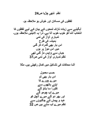 ‫ننھ‬ ‫نظم‬‫ی‬‫چڑ‬‫ی‬‫ص‬ ‫ا‬69
‫ک‬ ‫لفظوں‬‫ی‬‫ہو‬ ‫مالحظہ‬ ‫بو‬ ‫خوش‬ ‫اور‬ ‫مسکان‬‫۔‬
‫آبگ‬‫ی‬‫ز‬ ‫سے‬ ‫نے‬‫ی‬‫ب‬ ‫کے‬ ‫لمحوں‬ ‫نازک‬ ‫ادہ‬‫ی‬‫ل‬ ‫کے‬ ‫ان‬‫ی‬‫کا‬ ‫لفظوں‬ ‫ے‬
‫ہے‬ ‫آتا‬ ‫خوب‬ ‫خوب‬ ‫کو‬ ‫آشا‬ ‫انتخاب‬‫۔‬‫ذرا‬‫ی‬‫الئ‬ ‫ہ‬‫ی‬‫ن‬‫ی‬‫ہوں‬ ‫مالحظہ‬ ‫ں‬‫۔‬
‫تمہار‬‫ی‬‫ک‬ ‫آواز‬‫ی‬‫نم‬‫ی‬
‫ہم‬‫ی‬‫ک‬ ‫شہ‬‫ی‬‫طرح‬
‫بھ‬ ‫بار‬ ‫اس‬‫ی‬‫گئ‬ ‫کر‬ ‫گمراہ‬‫ی‬
‫م‬‫ی‬‫ہوں‬ ‫پر‬ ‫موڑ‬ ‫اس‬ ‫ں‬
‫گئ‬ ‫مڑ‬ ‫واپس‬ ‫سے‬ ‫جہاں‬‫ی‬‫تھ‬‫ی‬
‫تمہار‬ ‫نظم‬‫ی‬‫ک‬ ‫آواز‬‫ی‬‫نم‬‫ی‬‫ص‬91
‫ک‬ ‫محاکات‬ ‫آشا‬‫ی‬‫تشک‬‫ی‬‫م‬ ‫ل‬‫ی‬‫رکھت‬ ‫کمال‬ ‫ں‬‫ی‬‫ہ‬‫ی‬‫ں‬‫۔‬‫مثال‬
‫معمول‬ ‫حسب‬
‫بھ‬ ‫بار‬ ‫اس‬‫ی‬‫تم‬
‫م‬‫ی‬‫کا‬ ‫چہرے‬ ‫رے‬
‫سے‬ ‫ہاتھوں‬ ‫اپنے‬
‫گے‬ ‫بناؤ‬ ‫سا‬ ‫کٹورا‬
‫م‬‫ی‬‫گے‬ ‫چومو‬ ‫لب‬ ‫رے‬
‫م‬ ‫گے‬ ‫دو‬ ‫بھر‬ ‫اور‬‫ی‬‫کو‬ ‫آنچل‬ ‫رے‬
‫پ‬ ‫و‬ ‫عہد‬‫ی‬‫سے‬ ‫جگنوؤں‬ ‫کے‬ ‫ماں‬
‫م‬ ‫نظم‬‫ی‬‫ہ‬ ‫ے‬ ‫س‬ ‫لب‬ ‫رے‬‫ی‬‫ص‬ ‫ں‬96
 