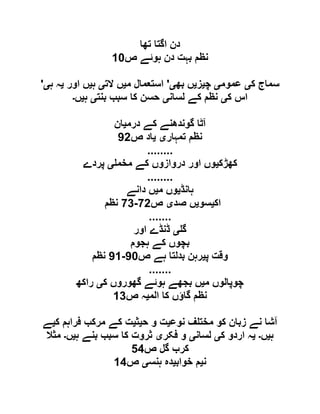 ‫تھا‬ ‫اگتا‬ ‫دن‬
‫ص‬ ‫ہوئے‬ ‫دن‬ ‫بہت‬ ‫نظم‬01
‫ک‬ ‫سماج‬‫ی‬‫عموم‬‫ی‬‫چ‬‫ی‬‫ز‬‫ی‬‫بھ‬ ‫ں‬‫ی‬'‫م‬ ‫استعمال‬‫ی‬‫الت‬ ‫ں‬‫ی‬‫ہ‬‫ی‬‫اور‬ ‫ں‬‫ی‬‫ہ‬ ‫ہ‬‫ی‬'
‫ک‬ ‫اس‬‫ی‬‫لسان‬ ‫کے‬ ‫نظم‬‫ی‬‫بنت‬ ‫سبب‬ ‫کا‬ ‫حسن‬‫ی‬‫ہ‬‫ی‬‫ں‬‫۔‬
‫درم‬ ‫کے‬ ‫گوندھنے‬ ‫آٹا‬‫ی‬‫ان‬
‫تمہار‬ ‫نظم‬‫ی‬‫ی‬‫ص‬ ‫اد‬06
........
‫کھڑک‬‫ی‬‫مخم‬ ‫کے‬ ‫دروازوں‬ ‫اور‬ ‫وں‬‫ی‬‫پردے‬
........
‫ہانڈ‬‫ی‬‫م‬ ‫وں‬‫ی‬‫دانے‬ ‫ں‬
‫اک‬‫ی‬‫سو‬‫ی‬‫صد‬ ‫ں‬‫ی‬‫ص‬16-19‫نظم‬
.......
‫گ‬‫ی‬‫اور‬ ‫ڈنڈے‬
‫ہجوم‬ ‫کے‬ ‫بچوں‬
‫پ‬ ‫وقت‬‫ی‬‫ص‬ ‫ہے‬ ‫بدلتا‬ ‫رہن‬01-00‫نظم‬
.......
‫م‬ ‫چوپالوں‬‫ی‬‫ک‬ ‫گھوروں‬ ‫ہوئے‬ ‫بجھے‬ ‫ں‬‫ی‬‫راکھ‬
‫الم‬ ‫کا‬ ‫گاؤں‬ ‫نظم‬‫ی‬‫ص‬ ‫ہ‬09
‫نوع‬ ‫ف‬ ‫مخت‬ ‫کو‬ ‫زبان‬ ‫نے‬ ‫آشا‬‫ی‬‫ح‬ ‫و‬ ‫ت‬‫ی‬‫ث‬‫ی‬‫ک‬ ‫فراہم‬ ‫مرکب‬ ‫کے‬ ‫ت‬‫ی‬‫ے‬
‫ہ‬‫ی‬‫ں‬‫۔‬‫ی‬‫ک‬ ‫اردو‬ ‫ہ‬‫ی‬‫لسان‬‫ی‬‫فکر‬ ‫و‬‫ی‬‫ہ‬ ‫بنے‬ ‫سبب‬ ‫کا‬ ‫ثروت‬‫ی‬‫ں‬‫۔‬‫مثال‬
‫ص‬ ‫گل‬ ‫کرب‬59
‫ن‬‫ی‬‫خواب‬ ‫م‬‫ی‬‫ہنس‬ ‫دہ‬‫ی‬‫ص‬09
 