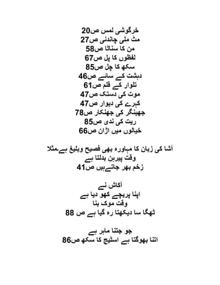 ‫خرگوش‬‫ی‬‫ص‬ ‫لمس‬61
‫م‬ ‫مٹ‬‫ی‬‫چاندن‬‫ی‬‫ص‬61
‫ص‬ ‫سناٹا‬ ‫کا‬ ‫من‬51
‫ص‬ ‫پل‬ ‫کا‬ ‫لفظوں‬21
‫ص‬ ‫چل‬ ‫کا‬ ‫سکھ‬15
‫ص‬ ‫سائے‬ ‫کے‬ ‫دہشت‬92
‫ص‬ ‫م‬ ‫ق‬ ‫کے‬ ‫وار‬ ‫ت‬20
‫ک‬ ‫موت‬‫ی‬‫ص‬ ‫دستک‬91
‫ک‬ ‫کہرے‬‫ی‬‫د‬‫ی‬‫ص‬ ‫وار‬91
‫جھ‬‫ی‬‫ک‬ ‫نگر‬‫ی‬‫ص‬ ‫جھنکار‬11
‫ر‬‫ی‬‫ک‬ ‫ت‬‫ی‬‫ند‬‫ی‬‫ص‬15
‫خ‬‫ی‬‫م‬ ‫الوں‬‫ی‬‫ا‬ ‫ں‬‫ص‬ ‫ڑان‬22
‫ک‬ ‫آشا‬‫ی‬‫بھ‬ ‫مہاورہ‬ ‫کا‬ ‫زبان‬‫ی‬‫فص‬‫ی‬‫وب‬ ‫ح‬‫ی‬‫ہے‬ ‫غ‬‫۔‬‫مثال‬
‫پ‬ ‫وقت‬‫ی‬‫ہے‬ ‫بدلتا‬ ‫رہن‬
‫جاتےہ‬ ‫بھر‬ ‫زخم‬‫ی‬‫ص‬ ‫ں‬90
‫نے‬ ‫آکاش‬
‫پر‬ ‫اپنا‬‫ی‬‫د‬ ‫کھو‬ ‫چے‬‫ی‬‫ہے‬ ‫ا‬
‫بنا‬ ‫موک‬ ‫وقت‬
‫د‬ ‫سا‬ ‫ٹھگا‬‫ی‬‫گ‬ ‫رہ‬ ‫کھتا‬‫ی‬‫ص‬ ‫ہے‬ ‫ا‬11
‫ہے‬ ‫ماہر‬ ‫جتنا‬ ‫جو‬
‫اسٹ‬ ‫ہے‬ ‫بھوگتا‬ ‫اتنا‬‫ی‬‫ص‬ ‫سکھ‬ ‫کا‬ ‫ج‬12
 