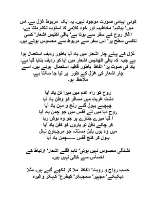 ‫کوئ‬‫ی‬‫ابہام‬‫ی‬‫نہ‬ ‫موجود‬ ‫صورت‬‫ی‬‫ں‬‫۔‬‫ی‬‫ا‬ ‫ہ‬‫ی‬‫ہے‬ ‫غزل‬ ‫مربوط‬ ‫ک‬‫۔‬‫اس‬
‫م‬‫ی‬‫ں‬'‫ب‬‫ی‬‫ان‬‫ی‬‫ہ‬'‫مخاطب‬‫ی‬‫کالم‬ ‫خود‬ ‫اور‬ ‫ہ‬‫ی‬‫ہے‬ ‫تا‬ ‫م‬ ‫م‬ ‫تک‬ ‫وب‬ ‫اس‬ ‫کا‬‫۔‬
‫ہے‬ ‫ہوتا‬ ‫سے‬ ‫سفر‬ ‫کے‬ ‫روح‬ ‫آغاز‬'‫باق‬‫ی‬‫اکت‬‫ی‬‫اشعار‬ ‫س‬'‫کس‬‫ی‬
‫ناکس‬‫ی‬‫پر‬ ‫سطح‬'‫ہ‬ ‫ہوتے‬ ‫محسوس‬ ‫سے‬ ‫مربوط‬ ‫سے‬ ‫سفر‬ ‫اس‬‫ی‬‫ں‬‫۔‬
‫م‬ ‫اشعار‬ ‫چار‬ ‫ے‬ ‫پہ‬ ‫کے‬ ‫غزل‬‫ی‬‫ں‬‫ی‬‫آ‬ ‫اد‬‫ی‬‫ا‬‫رد‬ ‫باطور‬‫ی‬‫ہوا‬ ‫استعمال‬ ‫ف‬
‫باق‬ ‫کہ‬ ‫جب‬ ‫ہے‬‫ی‬‫اٹھائ‬‫ی‬‫م‬ ‫اشعار‬ ‫س‬‫ی‬‫آ‬ ‫ں‬‫ی‬‫رد‬ ‫کو‬ ‫ا‬‫ی‬‫بنا‬ ‫ف‬‫ی‬‫گ‬ ‫ا‬‫ی‬‫ہے‬ ‫ا‬‫۔‬
‫ی‬‫ک‬ ‫اد‬‫ی‬‫پر‬ ‫صوت‬'‫قاف‬ ‫باطور‬ ‫الفاظ‬‫ی‬‫ہ‬ ‫ہوئے‬ ‫استعمال‬ ‫ہ‬‫ی‬‫ں‬‫۔‬‫اسے‬
‫ک‬ ‫اشعار‬ ‫چار‬‫ی‬‫ل‬ ‫پر‬ ‫طور‬ ‫کے‬ ‫غزل‬‫ی‬‫ہے‬ ‫سکتا‬ ‫جا‬ ‫ا‬‫۔‬
‫ہو‬ ‫مالحظ‬‫۔‬
‫م‬ ‫عدم‬ ‫راہ‬ ‫کو‬ ‫روح‬‫ی‬‫م‬ ‫ں‬‫ی‬‫تن‬ ‫را‬‫ی‬‫آ‬ ‫اد‬‫ی‬‫ا‬
‫م‬ ‫غربت‬ ‫دشت‬‫ی‬‫وط‬ ‫کو‬ ‫مسافر‬ ‫ں‬‫ن‬‫ی‬‫آ‬ ‫اد‬‫ی‬‫ا‬
‫مہن‬ ‫و‬ ‫رنج‬ ‫گئے‬ ‫بہول‬ ‫چہچہے‬‫ی‬‫آ‬ ‫اد‬‫ی‬‫ا‬
‫د‬ ‫روح‬‫ی‬‫م‬ ‫ا‬‫ی‬‫م‬ ‫قفس‬ ‫نے‬ ‫ں‬‫ی‬‫چمن‬ ‫جو‬ ‫ں‬‫ی‬‫آ‬ ‫اد‬‫ی‬‫ا‬
‫گ‬ ‫آ‬‫ی‬‫م‬ ‫ا‬‫ی‬‫ربا‬ ‫ہوش‬ ‫وہ‬ ‫جو‬ ‫پر‬ ‫جنازے‬ ‫رے‬
‫تو‬ ‫دفن‬ ‫چکے‬ ‫کر‬‫ی‬‫کفن‬ ‫کو‬ ‫اروں‬‫ی‬‫آ‬ ‫اد‬‫ی‬‫ا‬
‫م‬‫ی‬‫نہال‬ ‫مرجہاون‬ ‫جو‬ ‫مستانہ‬ ‫بل‬ ‫ب‬ ‫ہوں‬ ‫وہ‬ ‫ں‬
‫قفس‬ ‫کنج‬ ‫کر‬ ‫بہول‬‫۔۔۔۔۔۔۔‬‫چمن‬‫ی‬‫آ‬ ‫اد‬‫ی‬‫ا‬
‫تشنگ‬‫ی‬‫نہ‬ ‫محسوس‬‫ی‬‫ہوت‬ ‫ں‬‫ی‬'‫اگ‬ ‫تاہم‬‫اشعار‬ ‫ے‬'‫کے‬ ‫ارتباط‬
‫خال‬ ‫سے‬ ‫احساس‬‫ی‬‫نہ‬‫ی‬‫ہ‬ ‫ں‬‫ی‬‫ں‬‫۔‬
‫رو‬ ‫و‬ ‫رواج‬ ‫حسب‬‫ی‬‫ت‬'‫گ‬ ‫لکھے‬ ‫کر‬ ‫مال‬ ‫الفاظ‬‫ی‬‫ہ‬ ‫ے‬‫ی‬‫ں‬‫۔‬‫مثال‬
‫د‬‫ی‬‫کہکے‬'‫مجہپر‬'‫سمجہکر‬'‫ک‬‫ی‬‫طرح‬'‫وغ‬ ‫کہہکر‬‫ی‬‫رہ‬
 