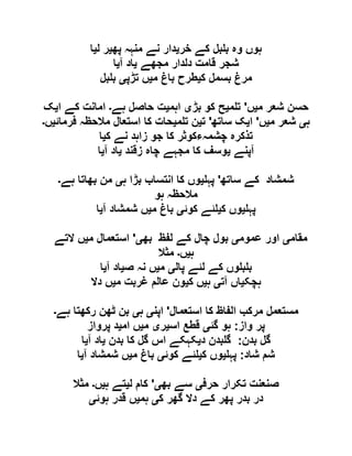 ‫خر‬ ‫کے‬ ‫بل‬ ‫ب‬ ‫وہ‬ ‫ہوں‬‫ی‬‫پھ‬ ‫منہہ‬ ‫نے‬ ‫دار‬‫ی‬‫ل‬ ‫ر‬‫ی‬‫ا‬
‫مجھے‬ ‫دلدار‬ ‫قامت‬ ‫شجر‬‫ی‬‫آ‬ ‫اد‬‫ی‬‫ا‬
‫بسمل‬ ‫مرغ‬‫ک‬‫ی‬‫م‬ ‫باغ‬ ‫طرح‬‫ی‬‫تڑپ‬ ‫ں‬‫ی‬‫بل‬ ‫ب‬
‫م‬ ‫شعر‬ ‫حسن‬‫ی‬‫ں‬'‫م‬ ‫ت‬‫ی‬‫بڑ‬ ‫کو‬ ‫ح‬‫ی‬‫اہم‬‫ی‬‫ہے‬ ‫حاصل‬ ‫ت‬‫۔‬‫ا‬ ‫کے‬ ‫امانت‬‫ی‬‫ک‬
‫ہ‬‫ی‬‫م‬ ‫شعر‬‫ی‬‫ں‬'‫ا‬‫ی‬‫ساتھ‬ ‫ک‬'‫ت‬‫ی‬‫م‬ ‫ت‬ ‫ن‬‫ی‬‫فرمائ‬ ‫مالحظہ‬ ‫استعال‬ ‫کا‬ ‫حات‬‫ی‬‫ں‬‫۔‬
‫ک‬ ‫نے‬ ‫زاہد‬ ‫جو‬ ‫کا‬ ‫چشمہءکوثر‬ ‫تذکرہ‬‫ی‬‫ا‬
‫آپنے‬‫ی‬‫زقند‬ ‫چاہ‬ ‫مجہے‬ ‫کا‬ ‫وسف‬‫ی‬‫آ‬ ‫اد‬‫ی‬‫ا‬
‫ساتھ‬ ‫کے‬ ‫شمشاد‬'‫پہ‬‫ی‬‫ہ‬ ‫بڑا‬ ‫انتساب‬ ‫کا‬ ‫وں‬‫ی‬‫بھات‬ ‫من‬‫ہے‬ ‫ا‬‫۔‬
‫ہو‬ ‫مالحظہ‬
‫پہ‬‫ی‬‫ک‬ ‫وں‬‫ی‬‫کوئ‬ ‫ئے‬‫ی‬‫م‬ ‫باغ‬‫ی‬‫آ‬ ‫شمشاد‬ ‫ں‬‫ی‬‫ا‬
‫مقام‬‫ی‬‫عموم‬ ‫اور‬‫ی‬‫بھ‬ ‫لفظ‬ ‫کے‬ ‫چال‬ ‫بول‬‫ی‬'‫م‬ ‫استعمال‬‫ی‬‫التے‬ ‫ں‬
‫ہ‬‫ی‬‫ں‬‫۔‬‫مثال‬
‫پال‬ ‫لئے‬ ‫کے‬ ‫وں‬ ‫ب‬ ‫ب‬‫ی‬‫م‬‫ی‬‫ص‬ ‫نہ‬ ‫ں‬‫ی‬‫آ‬ ‫اد‬‫ی‬‫ا‬
‫ہچک‬‫ی‬‫آت‬ ‫اں‬‫ی‬‫ہ‬‫ی‬‫ک‬ ‫ں‬‫ی‬‫م‬ ‫غربت‬ ‫عالم‬ ‫ون‬‫ی‬‫دال‬ ‫ں‬
‫استعمال‬ ‫کا‬ ‫الفاظ‬ ‫مرکب‬ ‫مستعمل‬'‫اپن‬‫ی‬‫ہ‬‫ی‬‫ہے‬ ‫رکھتا‬ ‫ٹھن‬ ‫بن‬‫۔‬
‫واز‬ ‫پر‬:‫ہ‬‫گئ‬ ‫و‬‫ی‬‫اس‬ ‫قطع‬‫ی‬‫ر‬‫ی‬‫م‬‫ی‬‫ام‬ ‫ں‬‫ی‬‫پرواز‬ ‫د‬
‫بدن‬ ‫گل‬:‫د‬ ‫بدن‬ ‫گ‬‫ی‬‫بدن‬ ‫کا‬ ‫گل‬ ‫اس‬ ‫کہکے‬‫ی‬‫آ‬ ‫اد‬‫ی‬‫ا‬
‫شاد‬ ‫شم‬:‫پہ‬‫ی‬‫ک‬ ‫وں‬‫ی‬‫کوئ‬ ‫ئے‬‫ی‬‫م‬ ‫باغ‬‫ی‬‫آ‬ ‫شمشاد‬ ‫ں‬‫ی‬‫ا‬
‫حرف‬ ‫تکرار‬ ‫صنعنت‬‫ی‬‫بھ‬ ‫سے‬‫ی‬'‫ل‬ ‫کام‬‫ی‬‫ہ‬ ‫تے‬‫ی‬‫ں‬‫۔‬‫مثال‬
‫ک‬ ‫گھر‬ ‫دال‬ ‫کے‬ ‫پھر‬ ‫بدر‬ ‫در‬‫ی‬‫ہم‬‫ی‬‫ہوئ‬ ‫قدر‬ ‫ں‬‫ی‬
 