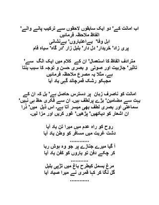 ‫کے‬ ‫امانت‬ ‫اب‬'‫ا‬ ‫دو‬‫ی‬‫ترک‬ ‫سے‬ ‫الحقوں‬ ‫سابقوں‬ ‫ک‬‫ی‬‫والے‬ ‫پانے‬ ‫ب‬'
‫فرمائ‬ ‫مالحظہ‬ ‫الفاظ‬‫ی‬‫ں‬
‫وفا‬ ‫اہل‬'‫بےاعتباروں‬'‫بےنشان‬‫ی‬
‫پر‬‫ی‬‫زاد‬'‫خر‬‫ی‬‫دار‬'‫دار‬ ‫دل‬'‫زار‬ ‫بل‬ ‫ب‬'‫گاہ‬ ‫در‬'‫س‬‫ی‬‫فام‬ ‫اہ‬
‫استعمال‬ ‫کا‬ ‫الفاظ‬ ‫مترادف‬'‫م‬ ‫کالم‬ ‫کے‬ ‫ان‬‫ی‬‫ا‬ ‫ں‬‫ی‬‫سے‬ ‫الگ‬ ‫ک‬'
‫تاث‬‫ی‬‫ر‬'‫جازب‬‫ی‬‫صوت‬ ‫اور‬ ‫ت‬‫ی‬‫بصر‬ ‫و‬‫ی‬‫بنتا‬ ‫سبب‬ ‫کا‬ ‫توجہ‬ ‫و‬ ‫حسن‬
‫ہے‬‫۔‬‫مثال‬‫ی‬‫فرمائ‬ ‫مالحظہ‬ ‫مصرع‬ ‫ہ‬‫ی‬‫ں‬
‫رشک‬ ‫مجہکو‬‫گہ‬ ‫قمرچاند‬‫ی‬‫ی‬‫آ‬ ‫اد‬‫ی‬‫ا‬
‫ہے‬ ‫حاصل‬ ‫دسترس‬ ‫پر‬ ‫زبان‬ ‫ناصرف‬ ‫کو‬ ‫امانت‬'‫کے‬ ‫ان‬ ‫کہ‬ ‫بل‬
‫مضام‬ ‫سے‬ ‫بہت‬‫ی‬‫ن‬'‫ہ‬ ‫پرلطف‬ ‫بڑے‬‫ی‬‫ں‬‫۔‬‫فکر‬ ‫سے‬ ‫ان‬‫ی‬‫ہ‬ ‫حظ‬‫ی‬‫نہ‬‫ی‬‫ں‬'
‫سماعت‬‫ی‬‫بصر‬ ‫اور‬‫ی‬‫بھ‬ ‫لطف‬‫ی‬‫م‬‫ی‬‫ہے‬ ‫آتا‬ ‫سر‬‫۔‬‫ذ‬ ‫اس‬‫ی‬‫م‬ ‫ل‬‫ی‬‫ں‬'‫ذرا‬
‫د‬ ‫کو‬ ‫اشعار‬ ‫ان‬‫ی‬‫کھ‬‫ی‬‫ں‬'‫پڑھ‬‫ی‬‫ں‬'‫کر‬ ‫غور‬‫ی‬‫ل‬ ‫مزا‬ ‫اور‬ ‫ں‬‫ی‬‫ں‬‫۔‬
‫م‬ ‫عدم‬ ‫راہ‬ ‫کو‬ ‫روح‬‫ی‬‫م‬ ‫ں‬‫ی‬‫تن‬ ‫را‬‫ی‬‫آ‬ ‫اد‬‫ی‬‫ا‬
‫م‬ ‫غربت‬ ‫دشت‬‫ی‬‫وطن‬ ‫کو‬ ‫مسافر‬ ‫ں‬‫ی‬‫آ‬ ‫اد‬‫ی‬‫ا‬
............
‫گ‬ ‫آ‬‫ی‬‫م‬ ‫ا‬‫ی‬‫ربا‬ ‫ہوش‬ ‫وہ‬ ‫جو‬ ‫پر‬ ‫جنازے‬ ‫رے‬
‫تو‬ ‫دفن‬ ‫چکے‬ ‫کر‬‫ی‬‫کفن‬ ‫کو‬ ‫اروں‬‫ی‬‫آ‬ ‫اد‬‫ی‬‫ا‬
...........
‫ک‬ ‫بسمل‬ ‫مرغ‬‫ی‬‫م‬ ‫باغ‬ ‫طرح‬‫ی‬‫تڑپ‬ ‫ں‬‫ی‬‫بل‬ ‫ب‬
‫قمر‬ ‫کہا‬ ‫کر‬ ‫لگا‬ ‫گل‬‫ی‬‫م‬ ‫نے‬‫ی‬‫ص‬ ‫را‬‫ی‬‫آ‬ ‫اد‬‫ی‬‫ا‬
............
 