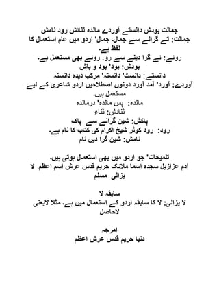 ‫نامش‬ ‫رود‬ ‫ثنائش‬ ‫ماندہ‬ ‫آوردے‬ ‫دانستے‬ ‫بودش‬ ‫جمالت‬
‫جمالت‬:‫جمال‬ ‫سے‬ ‫گرانے‬ ‫تے‬‫۔‬‫جمال‬'‫م‬ ‫اردو‬‫ی‬‫کا‬ ‫استعمال‬ ‫عام‬ ‫ں‬
‫ہے‬ ‫لفظ‬‫۔‬
‫روئے‬:‫د‬ ‫گرا‬ ‫ئے‬‫ی‬‫رو‬ ‫سے‬ ‫نے‬.‫بھ‬ ‫روئے‬‫ی‬‫ہے‬ ‫مستعمل‬‫۔‬
‫بودش‬:‫بود‬'‫باش‬ ‫و‬ ‫بود‬
‫دانستے‬:‫دانس‬‫ت‬'‫دانستہ‬'‫د‬ ‫مرکب‬‫ی‬‫دانستہ‬ ‫دہ‬
‫آوردے‬:‫آورد‬'‫اصطالح‬ ‫دونوں‬ ‫آورد‬ ‫آمد‬‫ی‬‫شاعر‬ ‫اردو‬ ‫ں‬‫ی‬‫ل‬ ‫کے‬‫ی‬‫ے‬
‫ہ‬ ‫مستعمل‬‫ی‬‫ں‬‫۔‬
‫ماندہ‬:‫ماندہ‬ ‫پس‬'‫درماندہ‬
‫ثنائش‬:‫ثناء‬
‫پاکش‬:‫ش‬‫ی‬‫پاک‬ ‫سے‬ ‫گرانے‬ ‫ن‬
‫رود‬:‫ش‬ ‫کوثر‬ ‫رود‬‫ی‬‫ک‬ ‫اکرام‬ ‫خ‬‫ی‬‫ہے‬ ‫نام‬ ‫کا‬ ‫کتاب‬‫۔‬
‫نامش‬:‫ش‬‫ی‬‫د‬ ‫گرا‬ ‫ن‬‫ی‬‫نام‬ ‫ں‬
‫م‬ ‫ت‬‫ی‬‫حات‬'‫م‬ ‫اردو‬ ‫جو‬‫ی‬‫بھ‬ ‫ں‬‫ی‬‫استعمال‬‫ہوت‬‫ی‬‫ہ‬‫ی‬‫ں‬‫۔‬
‫عزاز‬ ‫آدم‬‫ی‬‫حر‬ ‫مالئک‬ ‫اسما‬ ‫سجدہ‬ ‫ل‬‫ی‬‫ال‬ ‫اعظم‬ ‫اسم‬ ‫عرش‬ ‫قدس‬ ‫م‬
‫ی‬‫زال‬‫ی‬‫م‬ ‫مس‬
‫ال‬ ‫سابقہ‬
‫ال‬‫ی‬‫زال‬‫ی‬:‫م‬ ‫استعمال‬ ‫کے‬ ‫اردو‬ ‫سابقہ‬ ‫کا‬ ‫ال‬‫ی‬‫ہے‬ ‫ں‬‫۔‬‫ال‬ ‫مثال‬‫ی‬‫عن‬‫ی‬
‫الحاصل‬
‫امرجہ‬
‫دن‬‫ی‬‫حر‬ ‫ا‬‫ی‬‫اعظم‬ ‫عرش‬ ‫قدس‬ ‫م‬
 