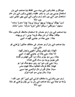 ‫د‬‫ی‬‫وناگر‬‫ی‬‫ہاں‬ ‫کے‬ ‫صاحب‬ ‫بابا‬ ‫الفاظ‬ ‫سے‬ ‫بہت‬ ‫کے‬ ‫والوں‬ ‫خط‬
‫ہ‬ ‫ہوئے‬ ‫استعمال‬‫ی‬‫اور‬ ‫ں‬‫ی‬‫عق‬ ‫ہندو‬ ‫ہ‬‫ی‬‫عام‬ ‫ہاں‬ ‫کے‬ ‫والوں‬ ‫رکھنے‬ ‫دہ‬
‫م‬ ‫استعمال‬‫ی‬‫ہ‬ ‫آتے‬ ‫ں‬‫ی‬‫تاہ‬ ‫ں‬‫ل‬ ‫کے‬ ‫والوں‬ ‫اردو‬ ‫م‬‫ی‬‫بھ‬ ‫ے‬‫ی‬‫اجنب‬‫ی‬‫نہ‬‫ی‬‫ں‬
‫ہ‬‫ی‬‫ں‬‫۔‬‫مثال‬
‫آسن‬'‫بھاگ‬'‫پربھات‬'‫پربھو‬'‫پر‬‫ی‬‫تم‬'‫پر‬‫ی‬‫ت‬'‫چت‬'‫دھرم‬'‫سادھ‬'
‫سمھار‬'‫سوہاگن‬‫ی‬'‫سہاگن‬'‫کال‬‫ی‬'‫کرپا‬'‫مارگ‬'‫ماس‬'‫نانک‬
‫فرمائ‬ ‫مالحظہ‬ ‫استعمال‬ ‫کا‬ ‫مصادر‬ ‫اردو‬ ‫ہاں‬ ‫کے‬ ‫صاحب‬ ‫بابا‬‫ی‬‫ں‬‫۔‬‫مثال‬
‫جاگنا‬:‫ا‬ ‫جاگنا‬‫ی‬‫فر‬ ‫جاگ‬ ‫تاں‬‫ی‬‫دا‬'‫ہوئ‬‫ی‬‫ا‬ ‫آ‬‫ی‬‫پ‬‫ربھات‬
‫جانا‬:‫جا‬ ‫مر‬ ‫جانا‬ ‫جے‬‫ی‬‫آئ‬ ‫نہ‬ ‫گھم‬ ‫ئے‬‫ی‬‫ے‬
‫ہاں‬ ‫کے‬ ‫صاحب‬ ‫بابا‬'‫ک‬ ‫مصادر‬ ‫اردو‬‫ی‬‫حالت‬ ‫ف‬ ‫مخت‬‫ی‬‫ں‬'‫کو‬ ‫پڑھنے‬
‫ت‬ ‫م‬‫ی‬‫ہ‬‫ی‬‫ں‬‫۔‬
‫اٹھانا‬:‫اٹھائ‬ ‫بنھ‬‫ی‬‫پوٹ‬‫ی‬'‫گھت‬ ‫ونجاں‬ ‫کتھے‬
‫آنا‬'‫جانا‬:‫جا‬ ‫مر‬ ‫جانا‬ ‫جے‬‫ی‬‫آئ‬ ‫نہ‬ ‫گھم‬ ‫ئے‬‫ی‬‫ے‬
‫جانا‬:‫رہ‬‫ی‬‫ب‬ ‫سو‬‫ی‬‫ڑ‬‫ی‬‫د‬ ‫ہنگ‬‫ی‬'‫گئ‬‫ی‬‫کھتور‬‫ی‬‫گندھ‬
‫کت‬‫ی‬‫پر‬ ‫جوبن‬‫ی‬‫س‬ ‫بن‬ ‫ت‬‫کمالء‬ ‫گئے‬ ‫ک‬
‫رہنا‬:‫م‬ ‫توں‬ ‫جے‬‫ی‬‫رہ‬ ‫ہو‬ ‫را‬‫ی‬‫ت‬ ‫جگ‬ ‫سبھ‬ ‫ں‬‫ی‬‫ہو‬ ‫را‬
‫کھانا‬:‫ڈھنڈل‬ ‫کرنگ‬ ‫کاگا‬‫ی‬‫کھا‬ ‫سگال‬ ‫ا‬‫ی‬‫ماس‬ ‫ا‬
‫سہنا‬:‫ج‬ ‫اوالہمے‬ ‫نال‬ ‫گوراں‬ ‫جالن‬‫ی‬‫سہے‬ ‫ا‬
‫ہونا‬:‫ہوئ‬ ‫بادل‬‫ی‬‫لوڑو‬ ‫شوہ‬ ‫سو‬
‫م‬ ‫اردو‬‫ی‬‫پکارنے‬ ‫ں‬‫ی‬‫ل‬ ‫کے‬ ‫کرنے‬ ‫مخاطب‬ ‫ا‬‫ی‬‫ے‬'‫م‬ ‫آخر‬‫ی‬‫ا‬ ‫الف‬ ‫ں‬
‫د‬ ‫بڑھا‬‫ی‬‫ہے‬ ‫جاتا‬ ‫ا‬‫۔‬‫ہاں‬ ‫کے‬ ‫صاحب‬ ‫بابا‬‫ی‬‫ہ‬ ‫ہ‬‫ی‬‫ن‬ ‫چ‬‫تا‬ ‫م‬ ‫کو‬ ‫پڑھنے‬
‫ہے‬‫۔‬‫مثال‬
 