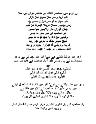 ‫م‬ ‫اردو‬ ‫اور‬‫ی‬‫ہوت‬ ‫مشتمل‬ ‫پر‬ ‫الفاظ‬ ‫مستعمل‬ ‫ں‬‫ی‬‫ہ‬‫ی‬‫ں‬‫۔‬‫مثال‬
‫فر‬ ‫اٹھ‬‫ی‬‫گزار‬ ‫نماز‬ ‫صبح‬ ‫ساز‬ ‫وضو‬ ‫د‬
‫س‬ ‫آؤ‬ ‫نہ‬ ‫مول‬ ‫اگے‬‫ی‬‫سند‬ ‫دوزخ‬‫ی‬‫بھا‬
‫زم‬‫ی‬‫فر‬ ‫اسمان‬ ‫پچھے‬‫ی‬‫دا‬'‫ک‬‫ھ‬‫ی‬‫گئے‬ ‫کن‬ ‫وٹ‬
‫ج‬ ‫اوالہمے‬ ‫نال‬ ‫گوراں‬ ‫جالن‬‫ی‬‫سہے‬ ‫ا‬
‫ت‬‫ی‬‫ک‬ ‫صاحب‬ ‫ں‬‫ی‬‫م‬‫ی‬‫جان‬ ‫نہ‬ ‫سار‬ ‫ں‬‫ی‬
‫بول‬‫ی‬‫ب‬ ‫ئے‬‫ی‬‫دھرم‬ ‫چ‬'‫بول‬ ‫نہ‬ ‫جھوٹھ‬‫ی‬‫ئے‬
‫ش‬‫ی‬‫ح‬ ‫خ‬‫ی‬‫ات‬‫ی‬‫کوئ‬ ‫نہ‬ ‫جگ‬‫ی‬‫رہ‬ ‫تھر‬‫ی‬‫ا‬
‫فر‬‫ی‬‫درو‬ ‫دا‬‫ی‬‫ش‬‫ی‬‫کھڑ‬ ‫گا‬‫ی‬'‫چوپڑ‬‫ی‬‫پر‬‫ی‬‫ت‬
‫ام‬‫ی‬‫مسجد‬ ‫د‬‫ی‬‫تھ‬ ‫ابو‬ ‫ں‬‫ی‬‫اں‬'‫سوار‬ ‫رب‬ ‫اکھاں‬
‫م‬ ‫اردو‬‫ی‬‫ل‬ ‫کے‬ ‫بنانے‬ ‫مونث‬ ‫ں‬‫ی‬‫ے‬'‫م‬ ‫آخر‬‫ی‬‫چھوٹ‬ ‫ں‬‫ی‬‫ی‬‫ے‬‫ی‬‫کا‬
‫ہ‬ ‫کرتے‬ ‫استعمال‬‫ی‬‫ں‬‫۔‬‫ی‬‫ہ‬ ‫ہ‬‫ی‬‫طور‬'‫م‬ ‫کالم‬ ‫کے‬ ‫صاحب‬ ‫بابا‬‫ی‬‫تا‬ ‫م‬ ‫ں‬
‫ہے‬‫۔‬
‫کمب‬‫ی‬:‫کمب‬ ‫سجو‬ ‫بھجو‬‫ی‬‫م‬ ‫ورسو‬ ‫ہللا‬‫ی‬‫نہ‬
‫کال‬‫ی‬:‫کال‬‫ی‬‫کال‬ ‫گن‬ ‫کت‬ ‫تو‬ ‫کوئل‬‫ی‬
‫اک‬‫ی‬‫ی‬:‫کھوہ‬ ‫ودہن‬‫ی‬‫اک‬ ‫مند‬‫ی‬‫ی‬
‫م‬ ‫اردو‬‫ی‬‫ل‬ ‫کے‬ ‫بنانے‬ ‫مذکر‬ ‫ں‬‫ی‬‫ے‬'‫م‬ ‫آخر‬‫ی‬‫کرتے‬ ‫استعمال‬ ‫کا‬ ‫ا‬ ‫الف‬ ‫ں‬
‫ہ‬‫ی‬‫ں‬‫۔‬‫ی‬‫ہ‬ ‫ہ‬‫ی‬‫طور‬'‫م‬ ‫کالم‬ ‫کے‬ ‫صاحب‬ ‫بابا‬‫ی‬‫ت‬ ‫م‬ ‫ں‬‫ہے‬ ‫ا‬‫۔‬
‫ڑا‬ ‫پھ‬:‫ڑا‬ ‫پھ‬ ‫پہر‬ ‫ے‬ ‫پہ‬'‫و‬ ‫پھل‬‫ی‬‫رات‬ ‫پچھا‬
‫جاگدا‬:‫ت‬ ‫جاگدا‬ ‫رب‬ ‫ستا‬ ‫تو‬‫ی‬‫ر‬‫ی‬‫پر‬ ‫نال‬ ‫ڈاہڈے‬‫ی‬‫ت‬
‫لفظ‬ ‫تکرار‬ ‫ہاں‬ ‫کے‬ ‫صاحب‬ ‫بابا‬‫ی‬‫حرف‬ ‫و‬‫ی‬‫انداز‬ ‫تر‬ ‫الگ‬ ‫سے‬ ‫اردو‬
‫رو‬ ‫و‬‫ی‬‫نہ‬ ‫ہ‬‫ی‬‫رکھتا‬ ‫ں‬‫۔‬‫مثال‬
 