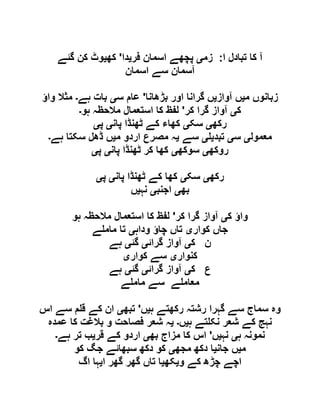 ‫ا‬ ‫تبادل‬ ‫کا‬ ‫آ‬:‫زم‬‫ی‬‫فر‬ ‫اسمان‬ ‫پچھے‬‫ی‬‫دا‬'‫کھ‬‫ی‬‫گئے‬ ‫کن‬ ‫وٹ‬
‫اسمان‬ ‫سے‬ ‫آسمان‬
‫م‬ ‫زبانوں‬‫ی‬‫آواز‬ ‫ں‬‫ی‬‫گرانا‬ ‫ں‬‫بڑھانا‬ ‫اور‬'‫س‬ ‫عام‬‫ی‬‫ہے‬ ‫بات‬‫۔‬‫واؤ‬ ‫مثال‬
‫ک‬‫ی‬‫کر‬ ‫گرا‬ ‫آواز‬'‫ہو‬ ‫مالحظہ‬ ‫استعمال‬ ‫کا‬ ‫لفظ‬‫۔‬
‫رکھ‬‫ی‬‫سک‬‫ی‬‫پان‬ ‫ٹھنڈا‬ ‫کے‬ ‫کھاء‬‫ی‬‫پ‬‫ی‬
‫معمول‬‫ی‬‫س‬‫ی‬‫تبد‬‫ی‬‫ی‬‫سے‬‫ی‬‫م‬ ‫اردو‬ ‫مصرع‬ ‫ہ‬‫ی‬‫ہے‬ ‫سکتا‬ ‫ڈھل‬ ‫ں‬‫۔‬
‫روکھ‬‫ی‬‫سوکھ‬‫ی‬‫پان‬ ‫ٹھنڈا‬ ‫کر‬ ‫کھا‬‫ی‬‫پ‬‫ی‬
‫رکھ‬‫ی‬‫سک‬‫ی‬‫پان‬ ‫ٹھنڈا‬ ‫کے‬ ‫کھا‬‫ی‬‫پ‬‫ی‬
‫بھ‬‫ی‬‫اجنب‬‫ی‬‫نہ‬‫ی‬‫ں‬
‫ک‬ ‫واؤ‬‫ی‬‫ک‬ ‫گرا‬ ‫آواز‬‫ر‬'‫ہو‬ ‫مالحظہ‬ ‫استعمال‬ ‫کا‬ ‫لفظ‬
‫کوار‬ ‫جاں‬‫ی‬‫وداہ‬ ‫چاؤ‬ ‫تاں‬‫ی‬‫ے‬ ‫مام‬ ‫تا‬
‫ک‬ ‫ن‬‫ی‬‫گرائ‬ ‫آواز‬‫ی‬‫گئ‬‫ی‬‫ہے‬
‫کنوار‬‫ی‬‫کوار‬ ‫سے‬‫ی‬
‫ک‬ ‫ع‬‫ی‬‫گرائ‬ ‫آواز‬‫ی‬‫گئ‬‫ی‬‫ہے‬
‫ے‬ ‫مام‬ ‫سے‬ ‫ے‬ ‫معام‬
‫ہ‬ ‫رکھتے‬ ‫رشتہ‬ ‫گہرا‬ ‫سے‬ ‫سماج‬ ‫وہ‬‫ی‬‫ں‬'‫تبھ‬‫ی‬‫اس‬ ‫سے‬ ‫م‬ ‫ق‬ ‫کے‬ ‫ان‬
‫ہ‬ ‫تے‬ ‫نک‬ ‫شعر‬ ‫کے‬ ‫نہج‬‫ی‬‫ں‬‫۔‬‫ی‬‫عمدہ‬ ‫کا‬ ‫بالغت‬ ‫و‬ ‫فصاحت‬ ‫شعر‬ ‫ہ‬
‫نمو‬‫ہ‬ ‫نہ‬‫ی‬‫نہ‬‫ی‬‫ں‬'‫بھ‬ ‫مزاج‬ ‫کا‬ ‫اس‬‫ی‬‫قر‬ ‫کے‬ ‫اردو‬‫ی‬‫ہے‬ ‫تر‬ ‫ب‬‫۔‬
‫م‬‫ی‬‫جان‬ ‫ں‬‫ی‬‫مجھ‬ ‫دکھ‬ ‫ا‬‫ی‬‫کو‬ ‫جگ‬ ‫سبھائے‬ ‫دکھ‬ ‫کو‬
‫و‬ ‫کے‬ ‫چڑھ‬ ‫اچے‬‫ی‬‫کھ‬‫ی‬‫ا‬ ‫گھر‬ ‫گھر‬ ‫تاں‬ ‫ا‬‫ی‬‫اگ‬ ‫ہا‬
 