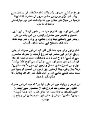 ‫دوزخ‬‫۔‬‫فرشتے‬‫۔‬‫ک‬ ‫وقات‬ ‫مخ‬ ‫تمام‬ ‫کہ‬ ‫ب‬ ‫بشر‬ ‫اور‬ ‫جن‬‫ی‬‫پ‬‫ی‬‫دا‬‫ی‬‫سے‬ ‫ش‬
‫کئ‬ ‫ے‬ ‫پہ‬‫ی‬‫لملسو ہلص‬ ‫حضرت‬ ‫آں‬ ‫سرور‬ ‫مظہر‬ ‫نور‬ ‫برس‬ ‫ہزار‬‫پ‬ ‫کا‬‫ی‬‫دا‬
‫فرما‬‫ی‬‫م‬ ‫کے‬ ‫جہان‬ ‫اور‬ ‫ا‬‫ی‬‫م‬ ‫دان‬‫ی‬‫ہللا‬ ‫ں‬‫ک‬ ‫مبارک‬ ‫نور‬ ‫اس‬ ‫شانہ‬ ‫جل‬‫ی‬
‫ترب‬‫ی‬‫د‬ ‫فرما‬ ‫ت‬‫ی۔‬
‫کبھ‬‫ی‬‫کبھ‬ ‫اور‬ ‫فرماتے‬ ‫مامور‬ ‫سے‬ ‫آمود‬ ‫خشوع‬ ‫سجود‬ ‫کو‬ ‫اس‬‫ی‬
‫تسب‬‫ی‬‫تقد‬ ‫و‬ ‫ح‬‫ی‬‫م‬ ‫س‬‫ی‬‫رکھتے‬ ‫مشغول‬ ‫ں‬‫۔‬‫ک‬ ‫نور‬ ‫پاک‬ ‫اس‬ ‫اور‬‫ی‬
‫رہا‬‫ی‬‫بنائے‬ ‫پردے‬ ‫بہت‬ ‫واسطے‬ ‫کے‬ ‫ش‬‫۔‬‫م‬ ‫پردے‬ ‫ہر‬‫ی‬‫مدت‬ ‫بہت‬ ‫ں‬
‫تسب‬ ‫خاص‬ ‫تک‬‫ی‬‫فرما‬ ‫مشغول‬ ‫ساتھ‬ ‫کے‬ ‫ح‬‫ی‬‫ا‬‫۔‬
‫وال‬ ‫پردوں‬ ‫تمام‬‫ی‬‫گ‬ ‫گزر‬ ‫مدت‬ ‫جب‬‫ئ‬‫ی‬‫باہر‬ ‫نے‬ ‫مبارک‬ ‫نور‬ ‫اس‬ ‫تب‬
‫ل‬ ‫سانس‬ ‫کے‬ ‫ہو‬ ‫افزا‬ ‫رونق‬‫ی‬‫فرما‬ ‫شروع‬ ‫نا‬‫ی‬‫ا‬‫۔‬‫سانسوں‬ ‫متبرک‬ ‫ان‬
‫فرشتے‬ ‫سے‬'‫انب‬ ‫ارواح‬‫ی‬‫واول‬ ‫ا‬‫ی‬‫وصد‬ ‫ا‬‫ی‬‫ق‬‫ی‬‫وسائرمؤمن‬ ‫ن‬‫ی‬‫پ‬ ‫کو‬ ‫ن‬‫ی‬‫دا‬
‫فرما‬‫ی‬‫ا‬‫۔‬‫عرش‬ ‫سے‬ ‫نور‬ ‫جوہر‬ ‫اس‬ ‫اور‬'‫کرس‬‫ی‬'‫لوح‬'‫م‬ ‫ق‬'‫بہشت‬'
‫ماد‬ ‫اصول‬ ‫اور‬ ‫دوژخ‬‫ی‬‫زم‬ ‫و‬ ‫آسمان‬‫ی‬‫سورج‬ ‫اور‬ ‫ن‬'‫ستارے‬ ‫چند‬'
‫در‬‫ی‬‫ا‬'‫پہاڑ‬‫وغ‬‫ی‬‫پ‬ ‫رہ‬‫ی‬‫فرمائے‬ ‫دا‬.‫زم‬ ‫پھر‬‫ی‬‫پھ‬ ‫کو‬ ‫آسمان‬ ‫اور‬ ‫ن‬‫ی‬‫کے‬ ‫ال‬
‫ا‬ ‫ہر‬ ‫اور‬ ‫بنائے‬ ‫طبقے‬ ‫سات‬ ‫سات‬‫ی‬‫م‬ ‫طبقہ‬ ‫ک‬‫ی‬‫پ‬ ‫اک‬ ‫اک‬ ‫ں‬‫ی‬‫دا‬‫ی‬‫کا‬ ‫ش‬
‫فرما‬ ‫مقرر‬ ‫مقام‬‫ی‬‫ا‬‫۔‬
‫دوسر‬ ‫اور‬‫ی‬‫روا‬‫ی‬‫م‬ ‫ت‬‫ی‬‫آ‬ ‫طرح‬ ‫اس‬ ‫ں‬‫ی‬‫ہے‬ ‫ا‬'‫مبارک‬ ‫نور‬ ‫اس‬ ‫جب‬ ‫کہ‬
‫ل‬ ‫سانس‬ ‫نے‬ ‫الظہور‬‫ی‬‫ک‬ ‫شروع‬ ‫نا‬‫ی‬‫ا‬‫۔‬‫سے‬ ‫سانسوں‬ ‫ان‬'‫پ‬‫ی‬‫غبران‬
‫ع‬‫ی‬‫م‬ ‫مہ‬ ‫س‬ ‫واال‬ ‫الصحورت‬ ‫ہم‬‫البر‬ ‫خالق‬ ‫ن‬‫ی‬‫اول‬ ‫اور‬ ‫ہ‬‫ی‬‫ا‬'‫شہ‬‫ی‬‫دان‬'
‫عارفان‬'‫عالمان‬'‫عابدان‬'‫زاھدان‬‫۔‬‫ک‬ ‫مومنان‬ ‫عام‬ ‫اور‬‫ی‬‫پ‬ ‫ارواح‬‫ی‬‫دا‬
‫ہوئے‬‫۔‬
 