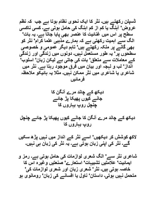 ‫ہ‬ ‫رکھتے‬ ‫ن‬ ‫ڈسپ‬‫ی‬‫ں‬‫۔‬‫ا‬ ‫کا‬ ‫نثر‬‫ی‬‫نحو‬ ‫ک‬‫ی‬‫نظم‬ ‫کہ‬ ‫جب‬ ‫ہے‬ ‫ہوتا‬ ‫نظام‬
‫عروض‬'‫آہنگ‬‫ی‬‫ک‬ ‫اہنگ‬ ‫کم‬ ‫از‬ ‫کم‬ ‫ا‬‫ی‬‫ہوت‬ ‫حامل‬‫ی‬‫ہے‬‫۔‬‫کس‬‫ی‬‫ناکس‬‫ی‬
‫م‬ ‫اس‬ ‫پر‬ ‫سطح‬‫ی‬‫غنائ‬ ‫ں‬‫ی‬‫ب‬ ‫عنصر‬ ‫کا‬ ‫ت‬‫ھ‬‫ی‬‫پا‬‫ی‬‫ہے‬ ‫جاتا‬ ‫ا‬‫۔‬‫ی‬‫بات‬ ‫ہ‬'
‫اہم‬ ‫سے‬ ‫الگ‬‫ی‬‫رکھت‬ ‫ت‬‫ی‬‫مذہب‬ ‫ہمارے‬ ‫کہ‬ ‫ہے‬‫ی‬‫کرام‬ ‫ما‬ ‫ع‬'‫کو‬ ‫نثر‬
‫بھ‬‫ی‬‫ہ‬ ‫رکھتے‬ ‫کہ‬ ‫م‬ ‫پر‬ ‫گانے‬‫ی‬‫ں‬'‫د‬ ‫تاہم‬‫ی‬‫عموم‬ ‫گر‬‫ی‬‫خصوص‬ ‫و‬‫ی‬
‫پر‬ ‫سطحوں‬'‫ی‬‫نہ‬ ‫مستعمل‬ ‫طور‬ ‫ہ‬‫ی‬‫ں‬‫۔‬‫م‬ ‫دونوں‬‫ی‬‫زندگ‬ ‫ں‬‫ی‬‫زندگ‬ ‫اور‬‫ی‬
‫ق‬ ‫متع‬ ‫سے‬ ‫معامالت‬ ‫کے‬'‫ک‬ ‫بات‬‫ی‬‫جات‬‫ی‬‫ل‬ ‫ہے‬‫ی‬‫زبان‬ ‫کن‬'‫وب‬ ‫اس‬'
‫انداز‬'‫ل‬ ‫و‬ ‫لب‬‫ب‬ ‫اور‬ ‫ہجہ‬‫ی‬‫م‬ ‫ان‬‫ی‬‫ہے‬ ‫رہتا‬ ‫موجود‬ ‫فرق‬ ‫ں‬.‫م‬ ‫نثر‬‫ی‬‫ں‬
‫شاعر‬‫ی‬‫ی‬‫شاعر‬ ‫ا‬‫ی‬‫م‬‫ی‬‫نہ‬ ‫ممکن‬ ‫نثر‬ ‫ں‬‫ی‬‫ں‬‫۔‬‫مثال‬‫ی‬‫ہائ‬ ‫ہ‬‫ی‬‫مالحظہ‬ ‫کو‬
‫فرمائ‬‫ی‬‫ں‬
‫د‬‫ی‬‫کا‬ ‫آنگن‬ ‫مرے‬ ‫چاند‬ ‫کے‬ ‫کھ‬
‫ک‬ ‫جانے‬‫ی‬‫پھ‬ ‫وں‬‫ی‬‫جائے‬ ‫پڑ‬ ‫کا‬
‫کا‬ ‫بہاروں‬ ‫روپ‬ ‫چنچل‬
‫د‬‫ی‬‫ک‬ ‫جانے‬ ‫کا‬ ‫آنگن‬ ‫مرے‬ ‫چاند‬ ‫کے‬ ‫کھ‬‫ی‬‫پھ‬ ‫وں‬‫ی‬‫چنچل‬ ‫جائے‬ ‫پڑ‬ ‫کا‬
‫کا‬ ‫بہاروں‬ ‫روپ‬
‫کوشش‬ ‫الکھ‬‫د‬ ‫کر‬‫ی‬‫کھ‬‫ی‬‫ں‬'‫م‬ ‫انداز‬ ‫کے‬ ‫نثر‬ ‫اسے‬‫ی‬‫نہ‬ ‫ں‬‫ی‬‫سک‬ ‫پڑھ‬ ‫ں‬‫ی‬‫ں‬
‫گے‬‫۔‬‫ک‬ ‫نثر‬‫ی‬‫اپن‬‫ی‬‫ہوت‬ ‫زبان‬‫ی‬‫ہے‬‫۔‬‫ی‬‫ک‬ ‫نثر‬ ‫ہ‬‫ی‬‫ہ‬ ‫زبان‬‫ی‬‫نہ‬‫ی‬‫ں‬‫۔‬
‫شاعر‬‫ی‬‫سے‬ ‫نثر‬'‫شعر‬ ‫الگ‬‫ی‬‫ک‬ ‫لوازمات‬‫ی‬‫ہوت‬ ‫حامل‬‫ی‬‫ہے‬‫۔‬‫و‬ ‫رمز‬
‫ا‬‫ی‬‫مائ‬‫ی‬‫ت‬'‫عالمت‬‫ی‬‫تشب‬ ‫ں‬‫ی‬‫ہات‬'‫استعارے‬'‫صنعت‬‫ی‬‫وغ‬ ‫ں‬‫ی‬‫کا‬ ‫اس‬ ‫رہ‬
‫ہوت‬ ‫خاصہ‬‫ی‬‫ہ‬‫ی‬‫ں‬‫۔‬‫نثر‬'‫شعر‬‫ی‬‫شعر‬ ‫اور‬ ‫زبان‬‫ی‬‫لوازما‬‫ک‬ ‫ت‬‫ی‬'
‫نہ‬ ‫متحمل‬‫ی‬‫ہوت‬ ‫ں‬‫ی۔‬‫داستان‬'‫ناول‬‫ی‬‫ک‬ ‫افسانے‬ ‫ا‬‫ی‬‫زبان‬'‫رومانو‬‫ی‬‫ہو‬
 