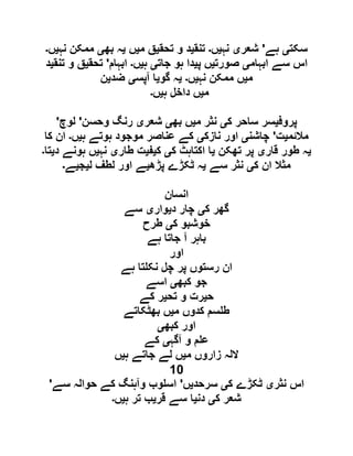 ‫سکت‬‫ی‬‫ہے‬'‫شعر‬‫ی‬‫نہ‬‫ی‬‫ں‬‫۔‬‫تنق‬‫ی‬‫تحق‬ ‫و‬ ‫د‬‫ی‬‫م‬ ‫ق‬‫ی‬‫ں‬‫ی‬‫بھ‬ ‫ہ‬‫ی‬‫نہ‬ ‫ممکن‬‫ی‬‫ں‬‫۔‬
‫ابہام‬ ‫سے‬ ‫اس‬‫ی‬‫صورت‬‫ی‬‫پ‬ ‫ں‬‫ی‬‫جات‬ ‫ہو‬ ‫دا‬‫ی‬‫ہ‬‫ی‬‫ں‬‫۔‬‫ابہام‬'‫تحق‬‫ی‬‫تنق‬ ‫و‬ ‫ق‬‫ی‬‫د‬
‫م‬‫ی‬‫نہ‬ ‫ممکن‬ ‫ں‬‫ی‬‫ں‬‫۔‬‫ی‬‫گو‬ ‫ہ‬‫ی‬‫آپس‬ ‫ا‬‫ی‬‫ضد‬‫ی‬‫ن‬
‫م‬‫ی‬‫ہ‬ ‫داخل‬ ‫ں‬‫ی‬‫ں‬‫۔‬
‫پروف‬‫ی‬‫ک‬ ‫ساحر‬ ‫سر‬‫ی‬‫م‬ ‫نثر‬‫ی‬‫بھ‬ ‫ں‬‫ی‬‫شعر‬‫ی‬‫وحسن‬ ‫رنگ‬'‫لوچ‬'
‫مالئم‬‫ی‬‫ت‬'‫چاشن‬‫ی‬‫نازک‬ ‫اور‬‫ی‬‫ہ‬ ‫ہوتے‬ ‫موجود‬ ‫عناصر‬ ‫کے‬‫ی‬‫ں‬‫۔‬‫کا‬ ‫ان‬
‫ی‬‫قار‬ ‫طور‬ ‫ہ‬‫ی‬‫تھکن‬ ‫پر‬‫ی‬‫ک‬ ‫اکتاہٹ‬ ‫ا‬‫ی‬‫ک‬‫ی‬‫ف‬‫ی‬‫طار‬ ‫ت‬‫ی‬‫نہ‬‫ی‬‫د‬ ‫ہونے‬ ‫ں‬‫ی‬‫تا‬‫۔‬
‫ک‬ ‫ان‬ ‫مثال‬‫ی‬‫سے‬ ‫نثر‬‫ی‬‫پڑھ‬ ‫ٹکڑے‬ ‫ہ‬‫ی‬‫ل‬ ‫لطف‬ ‫اور‬ ‫ے‬‫ی‬‫ج‬‫ی‬‫ے‬‫۔‬
‫انسان‬
‫ک‬ ‫گھر‬‫ی‬‫د‬ ‫چار‬‫ی‬‫وار‬‫ی‬‫سے‬
‫ک‬ ‫خوشبو‬‫ی‬‫طرح‬
‫ہے‬ ‫جاتا‬ ‫آ‬ ‫باہر‬
‫اور‬
‫رستوں‬ ‫ان‬‫ہے‬ ‫تا‬ ‫نک‬ ‫چل‬ ‫پر‬
‫کبھ‬ ‫جو‬‫ی‬‫اسے‬
‫ح‬‫ی‬‫تح‬ ‫و‬ ‫رت‬‫ی‬‫کے‬ ‫ر‬
‫م‬ ‫کدوں‬ ‫سم‬ ‫ط‬‫ی‬‫بھٹکاتے‬ ‫ں‬
‫کبھ‬ ‫اور‬‫ی‬
‫آگہ‬ ‫و‬ ‫م‬ ‫ع‬‫ی‬‫کے‬
‫م‬ ‫زاروں‬ ‫اللہ‬‫ی‬‫ہ‬ ‫جاتے‬ ‫لے‬ ‫ں‬‫ی‬‫ں‬
10
‫نثر‬ ‫اس‬‫ی‬‫ک‬ ‫ٹکڑے‬‫ی‬‫سرحد‬‫ی‬‫ں‬'‫سے‬ ‫حوالہ‬ ‫کے‬ ‫وآہنگ‬ ‫وب‬ ‫اس‬'
‫ک‬ ‫شعر‬‫ی‬‫دن‬‫ی‬‫قر‬ ‫سے‬ ‫ا‬‫ی‬‫ہ‬ ‫تر‬ ‫ب‬‫ی‬‫ں‬‫۔‬
 