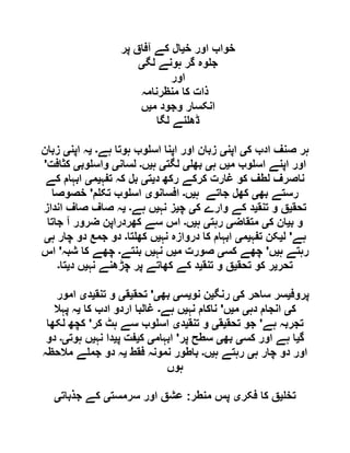 ‫خ‬ ‫اور‬ ‫خواب‬‫ی‬‫پر‬ ‫آفاق‬ ‫کے‬ ‫ال‬
‫ہ‬ ‫گر‬ ‫وہ‬ ‫ج‬‫لگ‬ ‫ونے‬‫ی‬
‫اور‬
‫منظرنامہ‬ ‫کا‬ ‫ذات‬
‫م‬ ‫وجود‬ ‫انکسار‬‫ی‬‫ں‬
‫لگا‬ ‫نے‬ ‫ڈھ‬
‫ک‬ ‫ادب‬ ‫صنف‬ ‫ہر‬‫ی‬‫اپن‬‫ی‬‫ہے‬ ‫ہوتا‬ ‫وب‬ ‫اس‬ ‫اپنا‬ ‫اور‬ ‫زبان‬‫۔‬‫ی‬‫اپن‬ ‫ہ‬‫ی‬‫زبان‬
‫م‬ ‫وب‬ ‫اس‬ ‫اپنے‬ ‫اور‬‫ی‬‫ہ‬ ‫ں‬‫ی‬‫بھ‬‫ی‬‫لگت‬‫ی‬‫ہ‬‫ی‬‫ں‬‫۔‬‫لسان‬‫ی‬‫وب‬ ‫واس‬‫ی‬‫کثافت‬'
‫د‬ ‫رکھ‬ ‫کرکے‬ ‫غارت‬ ‫کو‬ ‫لطف‬ ‫ناصرف‬‫ی‬‫ت‬‫ی‬‫تفہ‬ ‫کہ‬ ‫بل‬‫ی‬‫م‬‫ی‬‫کے‬ ‫ابہام‬
‫بھ‬ ‫رستے‬‫ی‬‫ہ‬ ‫جاتے‬ ‫کھل‬‫ی‬‫ں‬‫۔‬‫افسانو‬‫ی‬‫م‬ ‫تک‬ ‫وب‬ ‫اس‬'‫خصوصا‬
‫تحق‬‫ی‬‫تنق‬ ‫و‬ ‫ق‬‫ی‬‫ک‬ ‫وارے‬ ‫کے‬ ‫د‬‫ی‬‫چ‬‫ی‬‫نہ‬ ‫ز‬‫ی‬‫ہے‬ ‫ں‬‫۔‬‫ی‬‫انداز‬ ‫صاف‬ ‫صاف‬ ‫ہ‬
‫ب‬ ‫و‬‫ی‬‫ک‬ ‫ان‬‫ی‬‫متقاض‬‫ی‬‫رہت‬‫ی‬‫ہ‬‫ی‬‫ں‬‫۔‬‫جاتا‬ ‫آ‬ ‫ضرور‬ ‫کھردراپن‬ ‫سے‬ ‫اس‬
‫ہے‬'‫ل‬‫ی‬‫تفہ‬ ‫کن‬‫ی‬‫م‬‫ی‬‫نہ‬ ‫دروازہ‬ ‫کا‬ ‫ابہام‬‫ی‬‫تا‬ ‫کھ‬ ‫ں‬‫۔‬‫ہ‬ ‫چار‬ ‫دو‬ ‫جمع‬ ‫دو‬‫ی‬
‫ہ‬ ‫رہتے‬‫ی‬‫ں‬'‫کس‬ ‫چھے‬‫ی‬‫م‬ ‫صورت‬‫ی‬‫نہ‬ ‫ں‬‫ی‬‫بنتے‬ ‫ں‬‫۔‬‫شبہ‬ ‫کا‬ ‫چھے‬'‫اس‬
‫تحر‬‫ی‬‫ک‬ ‫ر‬‫تحق‬ ‫و‬‫ی‬‫تنق‬ ‫و‬ ‫ق‬‫ی‬‫نہ‬ ‫چڑھنے‬ ‫پر‬ ‫کھاتے‬ ‫کے‬ ‫د‬‫ی‬‫د‬ ‫ں‬‫ی‬‫تا‬‫۔‬
‫پروف‬‫ی‬‫ک‬ ‫ساحر‬ ‫سر‬‫ی‬‫رنگ‬‫ی‬‫نو‬ ‫ن‬‫ی‬‫س‬‫ی‬‫بھ‬‫ی‬'‫تحق‬‫ی‬‫ق‬‫ی‬‫تنق‬ ‫و‬‫ی‬‫د‬‫ی‬‫امور‬
‫ک‬‫ی‬‫دہ‬ ‫انجام‬‫ی‬‫م‬‫ی‬‫ں‬'‫نہ‬ ‫ناکام‬‫ی‬‫ہے‬ ‫ں‬‫۔‬‫کا‬ ‫ادب‬ ‫اردو‬ ‫غالبا‬‫ی‬‫پہال‬ ‫ہ‬
‫ہے‬ ‫تجربہ‬'‫تحق‬ ‫جو‬‫ی‬‫ق‬‫ی‬‫تنق‬ ‫و‬‫ی‬‫د‬‫ی‬‫کر‬ ‫ہٹ‬ ‫سے‬ ‫وب‬ ‫اس‬'‫لکھا‬ ‫کچھ‬
‫گ‬‫ی‬‫کس‬ ‫اور‬ ‫ہے‬ ‫ا‬‫ی‬‫بھ‬‫ی‬‫پر‬ ‫سطح‬'‫ابہام‬‫ی‬‫ک‬‫ی‬‫پ‬ ‫فت‬‫ی‬‫نہ‬ ‫دا‬‫ی‬‫ہوت‬ ‫ں‬‫ی۔‬‫دو‬
‫ہ‬ ‫چار‬ ‫دو‬ ‫اور‬‫ی‬‫ہ‬ ‫رہتے‬‫ی‬‫ں‬‫۔‬‫فقط‬ ‫نمونہ‬ ‫باطور‬‫ی‬‫مالحظہ‬ ‫ے‬ ‫جم‬ ‫دو‬ ‫ہ‬
‫ہوں‬
‫تخ‬‫ی‬‫فکر‬ ‫کا‬ ‫ق‬‫ی‬‫منطر‬ ‫پس‬:‫سرمست‬ ‫اور‬ ‫عشق‬‫ی‬‫جذبات‬ ‫کے‬‫ی‬
 