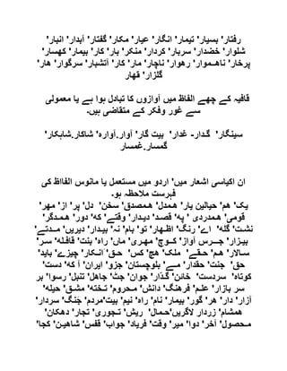 ‫رفﺘار‬'‫بﺴﯿار‬'‫تﯿﻤار‬'‫انگار‬'‫عﯿار‬'‫مکار‬'‫گفﺘار‬'‫آبﺪار‬'‫انﺒار‬'
‫ﻮار‬ ‫ش‬'‫خﻀﺪار‬'‫سﺮبار‬'‫کﺮدار‬'‫مﻨکﺮ‬'‫بار‬'‫کار‬'‫بﯿﻤار‬'‫کھﺴار‬'
‫پﺮخار‬'‫ناھ‬‫ــ‬‫ﻤﻮار‬'‫رھﻮار‬'‫ناچار‬'‫مار‬'‫کار‬'‫آتﺸﺒار‬'‫سﺮگﻮار‬'‫ھار‬'
‫ﺰار‬ ‫گ‬'‫قھار‬
‫قاف‬‫ی‬‫م‬ ‫الفاظ‬ ‫چھے‬ ‫کے‬ ‫ہ‬‫ی‬‫تبا‬ ‫کا‬ ‫آوازوں‬ ‫ں‬‫ہے‬ ‫ہوا‬ ‫دل‬‫ی‬‫معمول‬ ‫ا‬‫ی‬
‫متقاض‬ ‫کے‬ ‫وفکر‬ ‫غور‬ ‫سے‬‫ی‬‫ہ‬‫ی‬‫ں‬‫۔‬
‫سﯿﻨگار‬'‫گـ‬‫ﺪار‬-‫غدار‬'‫بﯿﺖ‬‫گار‬'‫آوار‬.‫آوارہ‬'‫شاکار‬.‫شاہکار‬'
‫گﻤﺴار‬.‫غمسار‬
‫اک‬ ‫ان‬‫ی‬‫اس‬‫ی‬‫م‬ ‫اشعار‬‫ی‬‫ں‬'‫م‬ ‫اردو‬‫ی‬‫مستعمل‬ ‫ں‬‫ی‬‫ک‬ ‫الفااظ‬ ‫مانوس‬ ‫ا‬‫ی‬
‫ہو‬ ‫مالحظہ‬ ‫فہرست‬‫۔‬
‫یک‬'‫ھﻢ‬'‫ح‬‫ی‬‫ال‬‫ی‬‫ن‬‫یار‬'‫ھ‬‫ـ‬‫ﻤﺪل‬'‫ھ‬‫ـ‬‫ﻤﺼﺪق‬'‫سﺨﻦ‬'‫دل‬'‫پﺮ‬'‫از‬'‫مھﺮ‬'
‫قﻮمی‬'‫ھ‬‫ـ‬‫ﻤﺪردی‬'‫پﻪ‬'‫قﺼ‬‫ـ‬‫ﺪ‬'‫دی‬‫ـ‬‫ﺪار‬'‫وقﺘے‬'‫کﻪ‬'‫دور‬'‫ھ‬‫ـ‬‫ﻤ‬‫ـ‬‫ﺪگﺮ‬'
‫نﺸ‬‫ـ‬‫ﺖ‬'‫ﻪ‬ ‫گ‬'‫اے‬'‫رنگ‬'‫اﻇ‬‫ـ‬‫ھار‬'‫تﻮ‬'‫بام‬'‫نہ‬'‫بﯿ‬‫ـ‬‫ﺪار‬'‫دیﺮیﮟ‬'‫م‬‫ــ‬‫ﺪتے‬'
‫بﯿ‬‫ـ‬‫ﺰار‬'‫ج‬‫ـــ‬‫ﺮس‬‫آواز‬'‫ک‬‫ــ‬ِ‫چ‬‫ﻮ‬'‫مھ‬‫ـ‬‫ﺮی‬'‫ماں‬'‫راہ‬'‫بﻨﺖ‬'‫قاف‬‫ـ‬‫ﻪ‬'‫س‬‫ـ‬‫ﺮ‬'
‫س‬‫ـ‬‫االر‬'‫ھ‬‫ـ‬‫ﻢ‬'‫ح‬‫ـ‬‫قے‬'‫ک‬ ‫م‬'‫ھچ‬'‫کﺲ‬'‫ح‬‫ـ‬‫ق‬َ '‫ان‬‫ـ‬‫کار‬'‫چﯿﺰے‬'‫بایﺪ‬'
‫حق‬'‫جﻨﺖ‬'‫حقﺪ‬‫ار‬'‫م‬‫ـ‬‫ے‬'‫ﻮچﺴﺘان‬ ‫ب‬'‫جﺰو‬'‫ایﺮان‬'‫آ‬‫کﻪ‬'‫دسﺖ‬'
‫کﻮتاہ‬'‫سﺮدسﺖ‬'‫خائﻦ‬'‫گـ‬ّ‫ﺪ‬‫ار‬'‫جﻮان‬'‫جﭧ‬'‫جاھﻞ‬'‫تﻨﺒﻞ‬'‫رسﻮا‬'‫بﺮ‬
‫سﺮ‬‫بازار‬'‫ع‬‫ـ‬‫ﻢ‬'‫فﺮھﻨگ‬'‫دانﺶ‬'‫م‬‫ـ‬‫ﺤﺮوم‬'‫ت‬‫ـ‬‫ﺨﺘﻪ‬'‫مﺸ‬‫ـ‬‫ق‬'‫ﻪ‬ ‫حﯿ‬'
‫آزار‬'‫دار‬'‫ھﺮ‬'‫گﻮر‬'‫بﯿﻤار‬'‫نام‬'‫راہ‬'‫نﯿﻢ‬'‫بﯿﺖ‬'‫مﺮدم‬'‫نگ‬َ‫ج‬'‫سﺮدار‬'
‫ھﻤﺸام‬'‫زردار‬‫الگﺮیﮟ‬'‫ح‬‫ـ‬‫ﻤال‬'‫ریﺶ‬'‫ت‬‫ـ‬‫ﺠﻮری‬'‫تﺠار‬'‫دھکان‬'
‫م‬‫ـ‬‫ﺤﺼﻮل‬'‫آخﺮ‬'‫دوا‬'‫مﯿﺮ‬'‫وقﺖ‬'‫فﺮیاد‬'‫جﻮاب‬'‫قفﺲ‬'‫شاھﯿ‬‫ـ‬‫ﻦ‬'‫کﺠا‬'
 