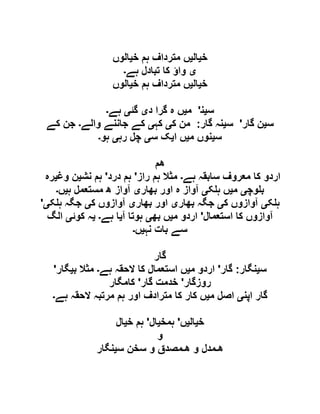 ‫خ‬‫ی‬‫ال‬‫ی‬‫خ‬ ‫ہم‬ ‫مترداف‬ ‫ں‬‫ی‬‫الوں‬
‫ی‬‫ہے‬ ‫تبادل‬ ‫کا‬ ‫واؤ‬‫۔‬
‫خ‬‫ی‬‫ال‬‫ی‬‫خ‬ ‫ہم‬ ‫مترداف‬ ‫ں‬‫ی‬‫الوں‬
‫سﯿﻨ‬'‫م‬‫ی‬‫د‬ ‫گرا‬ ‫ہ‬ ‫ں‬‫ی‬‫گئ‬‫ی‬‫ہے‬‫۔‬
‫س‬‫ی‬‫گار‬ ‫ن‬'‫س‬‫ی‬‫گار‬ ‫نہ‬:‫ک‬ ‫من‬‫ی‬‫کہ‬‫ی‬‫والے‬ ‫جاننے‬ ‫کے‬‫۔‬‫کے‬ ‫جن‬
‫س‬‫ی‬‫ن‬‫م‬ ‫وں‬‫ی‬‫ا‬ ‫ں‬‫ی‬‫س‬ ‫ک‬‫ی‬‫رہ‬ ‫چل‬‫ی‬‫ہو‬‫۔‬
‫ھﻢ‬
‫ہے‬ ‫سابقہ‬ ‫معروف‬ ‫کا‬ ‫اردو‬‫۔‬‫راز‬ ‫ہم‬ ‫مثال‬'‫درد‬ ‫ہم‬'‫نش‬ ‫ہم‬‫ی‬‫وغ‬ ‫ن‬‫ی‬‫رہ‬
‫وچ‬ ‫ب‬‫ی‬‫م‬‫ی‬‫ک‬ ‫ہ‬ ‫ں‬‫ی‬‫بھار‬ ‫اور‬ ‫ہ‬ ‫آواز‬‫ی‬‫ہ‬ ‫مستعمل‬ ‫ھ‬ ‫آواز‬‫ی‬‫ں‬‫۔‬
‫ک‬ ‫ہ‬‫ی‬‫ک‬ ‫آوازوں‬‫ی‬‫بھار‬ ‫جگہ‬‫ی‬‫بھار‬ ‫اور‬‫ی‬‫ک‬ ‫آوازوں‬‫ی‬‫ک‬ ‫ہ‬ ‫جگہ‬‫ی‬'
‫استعمال‬ ‫کا‬ ‫آوازوں‬'‫م‬ ‫اردو‬‫ی‬‫بھ‬ ‫ں‬‫ی‬‫آ‬ ‫ہوتا‬‫ی‬‫ہے‬ ‫ا‬‫۔‬‫ی‬‫کوئ‬ ‫ہ‬‫ی‬‫الگ‬
‫ب‬ ‫سے‬‫نہ‬ ‫ات‬‫ی‬‫ں‬‫۔‬
‫گار‬
‫سﯿﻨگار‬:‫گار‬'‫م‬ ‫اردو‬‫ی‬‫ہے‬ ‫الحقہ‬ ‫کا‬ ‫استعمال‬ ‫ں‬‫۔‬‫ب‬ ‫مثال‬‫ی‬‫گار‬'
‫روزگار‬'‫گار‬ ‫خدمت‬'‫کامگار‬
‫اپن‬ ‫گار‬‫ی‬‫م‬ ‫اصل‬‫ی‬‫ہے‬ ‫الحقہ‬ ‫مرتبہ‬ ‫ہم‬ ‫اور‬ ‫مترادف‬ ‫کا‬ ‫کار‬ ‫ں‬‫۔‬
‫خ‬‫ی‬‫ال‬‫ی‬‫ں‬'‫ہمخ‬‫ی‬‫ال‬'‫خ‬ ‫ہم‬‫ی‬‫ال‬
‫و‬
‫ھ‬‫ـ‬‫ﻤﺪل‬‫و‬‫ھ‬‫ـ‬‫ﻤﺼﺪق‬‫و‬‫سﺨﻦ‬‫سﯿﻨگار‬
 