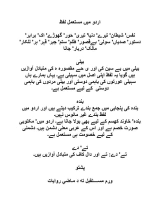 ‫م‬ ‫اردو‬‫ی‬‫لفظ‬ ‫مستعمل‬ ‫ں‬
‫نفس‬'‫ش‬‫ی‬‫طان‬'‫ت‬‫ی‬‫رے‬'‫دن‬‫ی‬‫ا‬'‫ت‬‫ی‬‫ر‬‫ی‬'‫حور‬'‫گھوڑے‬'‫اک‬'‫برابر‬'
‫دستور‬'‫صد‬‫ی‬‫اں‬'‫سول‬‫ی‬'‫بےقصو‬‫ر‬'‫م‬ ‫ظ‬'‫ستم‬'‫جبر‬'‫قہر‬'‫ہر‬'‫کار‬ ‫ل‬'
‫مالک‬'‫دربار‬'‫جانا‬
‫ب‬‫ی‬‫ی‬
‫ب‬‫ی‬‫ی‬‫م‬‫ی‬‫س‬ ‫بے‬ ‫ں‬‫ی‬‫ک‬ ‫ن‬‫ی‬‫اور‬‫ی‬‫ک‬ ‫ہ‬ ‫مقصورہ‬ ‫حے‬‫ی‬‫آواز‬ ‫متبادل‬‫ی‬‫ں‬
‫ہ‬‫ی‬‫گو‬ ‫ں‬‫ی‬‫ا‬‫ی‬‫اپن‬ ‫لفظ‬ ‫ہ‬‫ی‬‫م‬ ‫اصل‬‫ی‬‫سہ‬ ‫ں‬‫ی‬‫ی‬‫ہے‬‫۔‬‫ی‬‫ہاں‬ ‫ہمارے‬ ‫ہاں‬
‫سہ‬‫ی‬‫ی‬‫ک‬ ‫عورتوں‬‫ی‬‫باہم‬‫ی‬‫دوست‬‫ی‬‫ب‬ ‫اور‬‫ی‬‫ی‬‫ک‬ ‫مردوں‬‫ی‬‫باہم‬‫ی‬
‫دوست‬‫ی‬‫ل‬ ‫کے‬‫ی‬‫ہے‬ ‫مستعمل‬ ‫ے‬‫۔‬
‫بندہ‬
‫بندہ‬‫ک‬‫ی‬‫پنجاب‬‫ی‬‫م‬‫ی‬‫ترک‬ ‫بندے‬ ‫جمع‬ ‫ں‬‫ی‬‫د‬ ‫ب‬‫ی‬‫ہ‬ ‫تے‬‫ی‬‫م‬ ‫اردو‬ ‫اور‬ ‫ں‬‫ی‬‫ں‬
‫غ‬ ‫بندے‬ ‫لفظ‬‫ی‬‫نہ‬ ‫مانوس‬ ‫ر‬‫ی‬‫ں‬‫۔‬
‫بندہ‬'‫ل‬ ‫کے‬ ‫کھسم‬ ‫خاوند‬‫ی‬‫بھ‬ ‫ے‬‫ی‬‫ہے‬ ‫جاتا‬ ‫بوال‬‫۔‬‫م‬ ‫اردو‬‫ی‬‫ں‬'‫مکتوب‬‫ی‬
‫عرب‬ ‫کے‬ ‫اس‬ ‫اور‬ ‫ہے‬ ‫خصم‬ ‫صورت‬‫ی‬‫معن‬‫ی‬‫ہ‬ ‫دشمن‬‫ی‬‫ں‬‫۔‬‫دشمن‬‫ی‬
‫ل‬ ‫کے‬‫ی‬‫ہ‬ ‫خصومت‬ ‫ے‬‫ی‬‫ہے‬ ‫مستعمل‬‫۔‬
‫تے‬'‫دے‬
‫تے‬'‫دے‬:‫ک‬ ‫کاف‬ ‫دال‬ ‫اور‬ ‫تے‬‫ی‬‫آواز‬ ‫متبادل‬‫ی‬‫ہ‬ ‫ں‬‫ی‬‫ں‬‫۔‬
‫پشتو‬
‫و‬‫ړ‬‫روایات‬ ‫مـاضي‬ ‫د‬ ‫تﻪ‬ ‫مســــتقبل‬ ‫م‬
 