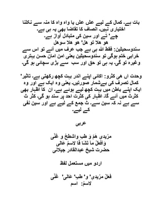 ‫ہے‬ ‫بات‬‫۔‬‫ل‬ ‫کے‬ ‫کمال‬‫ی‬‫عش‬ ‫عش‬ ‫ے‬‫ی‬‫نا‬ ‫نک‬ ‫سے‬ ‫منہ‬ ‫کا‬ ‫واہ‬ ‫واہ‬ ‫ا‬
‫اخت‬‫ی‬‫ار‬‫ی‬‫نہ‬‫ی‬‫ں‬‫۔‬‫بھ‬ ‫تقاضا‬ ‫کا‬ ‫انصاف‬‫ی‬‫ی‬‫ہ‬ ‫ہ‬‫ی‬‫ہے‬‫۔‬
‫چے‬'‫او‬ ‫تے‬‫س‬ ‫ر‬‫ی‬‫ک‬ ‫ن‬‫ی‬‫ہے‬ ‫آواز‬ ‫متبادل‬‫۔‬
‫ھل‬ ‫تو‬ ‫ھال‬ ‫ھو‬'‫سوھل‬ ‫ھال‬ ‫ھو‬
‫سندوسح‬‫ی‬‫ٹ‬‫ی‬‫ن‬:‫ہ‬ ‫ہللا‬ ‫فقط‬‫ی‬‫م‬ ‫عرف‬ ‫جب‬ ‫ہے‬‫ی‬‫سے‬ ‫اس‬ ‫تو‬ ‫آئے‬ ‫ں‬
‫خراب‬‫ی‬‫ہوگ‬ ‫ختم‬‫ی‬‫سندوسح‬ ‫تو‬‫ی‬‫ٹ‬‫ی‬‫ن‬‫ی‬‫عن‬‫ی‬‫بہتر‬ ‫حسن‬ ‫امان‬ ‫امن‬‫ی‬
‫وغ‬‫ی‬‫گ‬ ‫تو‬ ‫رہ‬‫ی۔‬‫ی‬‫ہ‬ ‫ہ‬‫ی‬‫بڑ‬ ‫سے‬ ‫سب‬ ‫اور‬ ‫حق‬ ‫تو‬‫ی‬‫سچائ‬‫ی‬‫گ‬ ‫ہو‬‫ی۔‬
‫ھ‬ ‫اں‬ ‫وحدت‬‫ی‬‫کثرو‬:‫اکائ‬‫ی‬‫رکھت‬ ‫کچھ‬ ‫بہت‬ ‫اندر‬ ‫اپنے‬‫ی‬‫ہے‬‫۔‬‫تاث‬‫ی‬‫ر‬'
‫ک‬ ‫تصرف‬ ‫کمال‬‫ی‬‫صورت‬ ‫بےشمار‬‫ی‬‫ں‬‫۔‬‫ی‬‫عن‬‫ی‬‫ا‬ ‫وہ‬‫ی‬‫وہ‬ ‫اور‬ ‫ہے‬ ‫ک‬
‫ا‬‫ی‬‫م‬ ‫باطن‬ ‫اپنے‬ ‫ک‬‫ی‬‫ل‬ ‫کچھ‬ ‫بہت‬ ‫ں‬‫ی‬‫ہے‬ ‫ہوئے‬ ‫ے‬‫۔‬‫بھ‬ ‫اظہار‬ ‫کا‬ ‫ان‬‫ی‬
‫م‬ ‫کثرث‬‫ی‬‫گا‬ ‫آئے‬ ‫ں‬‫۔‬‫ک‬ ‫اظہار‬‫ی‬‫گ‬ ‫ہو‬ ‫سند‬ ‫پر‬ ‫احد‬ ‫کثرت‬‫ی۔‬‫ث‬ ‫کثر‬
‫س‬ ‫کہ‬ ‫نہ‬ ‫ہے‬ ‫سے‬‫ی‬‫سے‬ ‫ن‬‫۔‬‫ل‬ ‫کے‬ ‫جمع‬ ‫ث‬‫ی‬‫س‬ ‫اور‬ ‫ہے‬ ‫ے‬‫ی‬‫نف‬ ‫ن‬‫ی‬
‫ل‬ ‫کے‬‫ی‬‫ے‬‫۔‬
‫عرب‬‫ی‬
ُ‫مر‬‫ی‬‫د‬ِ‫ی‬ِ‫ب‬‫ط‬ َ‫و‬ ّ‫م‬َ‫ھ‬ّ‫ن‬َ‫غ‬ ‫و‬ ‫واشطح‬‫ی‬
‫َال‬‫ع‬ ُ‫م‬‫الس‬ ‫ا‬َ‫ف‬ ‫َا‬‫ش‬َ‫ت‬ َ‫ا‬‫م‬ ‫ل‬َ‫ع‬‫ف‬َ‫ا‬َ‫و‬‫ی‬
‫ش‬ ‫حضرت‬‫ی‬‫ج‬ ‫عبدالقادر‬ ‫خ‬‫ی‬‫الن‬‫ی‬
‫م‬ ‫اردو‬‫ی‬‫لفظ‬ ‫مستعمل‬ ‫ں‬
ُ‫مر‬ ‫ل‬َ‫ع‬‫ف‬‫ی‬‫د‬ِ‫ی‬'‫و‬'ِ‫ب‬‫ط‬'‫َال‬‫ع‬‫ی‬'ّ‫ن‬َ‫غ‬‫ی‬
ُ‫م‬‫الس‬:‫اسم‬
 