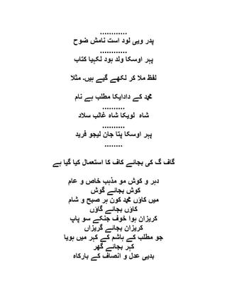 ............
‫و‬ ‫پدر‬‫یی‬‫ضوح‬ ‫نامش‬ ‫است‬ ‫لود‬
............
‫لکہ‬ ‫ہود‬ ‫ولد‬ ‫اوسکا‬ ‫پہر‬‫ی‬‫کتاب‬ ‫ا‬
‫لف‬‫گ‬ ‫لکھے‬ ‫کر‬ ‫مال‬ ‫ظ‬‫ی‬‫ہ‬ ‫ے‬‫ی‬‫ں‬‫۔‬‫مثال‬
‫دادا‬ ‫کے‬ ‫دمحم‬‫ی‬‫نام‬ ‫ہے‬ ‫ب‬ ‫مط‬ ‫کا‬
..........
‫لو‬ ‫شاہ‬‫ی‬‫سالد‬ ‫غالب‬ ‫شاہ‬ ‫کا‬
..........
‫ل‬ ‫جان‬ ‫پتا‬ ‫اوسکا‬ ‫پہر‬‫ی‬‫فر‬ ‫جو‬‫ی‬‫د‬
........
‫ک‬ ‫گ‬ ‫گاف‬‫ی‬‫ک‬ ‫استعمال‬ ‫کا‬ ‫کاف‬ ‫بجائے‬‫ی‬‫گ‬ ‫ا‬‫ی‬‫ہے‬ ‫ا‬
‫عام‬ ‫و‬ ‫خاص‬ ‫مذہب‬ ‫مو‬ ‫کوش‬ ‫و‬ ‫دہر‬
‫گوش‬ ‫بجائے‬ ‫کوش‬
‫م‬‫ی‬‫شا‬ ‫و‬ ‫صبح‬ ‫ہر‬ ‫کون‬ ‫دمحم‬ ‫کاؤں‬ ‫ں‬‫م‬
‫گاؤں‬ ‫بجائے‬ ‫کاؤں‬
‫کر‬‫ی‬‫پاپ‬ ‫سو‬ ‫جنکے‬ ‫خوف‬ ‫ہوا‬ ‫زان‬
‫کر‬‫ی‬‫گر‬ ‫بجائے‬ ‫زان‬‫ی‬‫زاں‬
‫م‬ ‫کہر‬ ‫کے‬ ‫ہاشم‬ ‫کے‬ ‫ب‬ ‫مط‬ ‫جو‬‫ی‬‫ہو‬ ‫ں‬‫ی‬‫ا‬
‫گھر‬ ‫بجائے‬ ‫کہر‬
‫بد‬‫یی‬‫بارکاہ‬ ‫کے‬ ‫انصاف‬ ‫و‬ ‫عدل‬
 