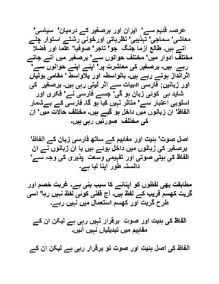 ‫قد‬ ‫عرصہ‬‫ی‬‫سے‬ ‫م‬'‫ا‬‫ی‬‫برصغ‬ ‫اور‬ ‫ران‬‫ی‬‫درم‬ ‫کے‬ ‫ر‬‫ی‬‫ان‬'‫س‬‫ی‬‫اس‬‫ی‬'
‫معاش‬‫ی‬'‫سماج‬‫ی‬'‫تہذ‬‫ی‬‫ب‬‫ی‬'‫نظر‬‫ی‬‫ات‬‫ی‬‫اورخون‬‫ی‬‫ے‬ ‫چ‬ ‫استوار‬ ‫رشتے‬
‫ہ‬ ‫آتے‬‫ی‬‫ں‬‫۔‬‫جو‬ ‫جنگ‬ ‫آزما‬ ‫طالع‬'‫تاجر‬'‫صوف‬‫ی‬‫ا‬'‫فضال‬ ‫اور‬ ‫ما‬ ‫ع‬
‫م‬ ‫ادوار‬ ‫ف‬ ‫مخت‬‫ی‬‫ں‬'‫سے‬ ‫حوالوں‬ ‫ف‬ ‫مخت‬'‫برصغ‬‫ی‬‫م‬ ‫ر‬‫ی‬‫جاتے‬ ‫آتے‬ ‫ں‬
‫ہ‬ ‫رہے‬‫ی‬‫ں‬‫۔‬‫برصغ‬‫ی‬‫ک‬ ‫ر‬‫ی‬‫پر‬ ‫معاشرت‬'‫سے‬ ‫حوالوں‬ ‫اپنے‬ ‫اپنے‬'
‫ہ‬ ‫رہے‬ ‫ہوتے‬ ‫اثرانداز‬‫ی‬‫ں‬‫۔‬‫بالواسط‬ ‫اور‬ ‫بالواسطہ‬'‫مقام‬‫ی‬‫بول‬‫ی‬‫اں‬
‫زبان‬ ‫اور‬‫ی‬‫ں‬;‫فارس‬‫ی‬‫ادب‬‫ی‬‫ل‬ ‫اثر‬ ‫سے‬ ‫ات‬‫ی‬‫ت‬‫ی‬‫رہ‬‫ی‬‫ہ‬‫ی‬‫ں‬‫۔‬‫برصغ‬‫ی‬‫ک‬ ‫ر‬‫ی‬
‫شا‬‫ی‬‫ہ‬ ‫د‬‫ی‬‫کوئ‬‫ی‬‫گ‬ ‫ہو‬ ‫زبان‬‫ی‬'‫فارس‬ ‫جسے‬‫ی‬‫نے‬'‫فکر‬‫ی‬‫اور‬
‫وب‬ ‫اس‬‫ی‬‫سے‬ ‫اعتبار‬'‫نہ‬ ‫متاثر‬‫ی‬‫ک‬ ‫ں‬‫ی‬‫گا‬ ‫ہو‬ ‫ا‬‫۔‬‫فارس‬‫ی‬‫بےشمار‬ ‫کے‬
‫الفاظ‬'‫م‬ ‫زبانوں‬ ‫ان‬‫ی‬‫گ‬ ‫ہو‬ ‫داخل‬ ‫ں‬‫ی‬‫ہ‬ ‫ے‬‫ی‬‫ں‬‫۔‬‫م‬ ‫حاالت‬ ‫ف‬ ‫مخت‬‫ی‬‫ں‬'‫ان‬
‫ک‬‫ی‬‫صورت‬ ‫ف‬ ‫مخت‬‫ی‬‫رہ‬ ‫ں‬‫ی‬‫ہ‬‫ی‬‫ں‬‫۔‬
‫صوت‬ ‫اصل‬'‫ہئ‬‫ی‬‫مفاہ‬ ‫اور‬ ‫ت‬‫ی‬‫فارس‬ ‫ساتھ‬ ‫کے‬ ‫م‬‫ی‬‫الفاظ‬ ‫کے‬ ‫زبان‬'
‫برصغ‬‫ی‬‫ک‬ ‫ر‬‫ی‬‫م‬ ‫زبانوں‬‫ی‬‫ہ‬ ‫ہوئے‬ ‫داخل‬ ‫ں‬‫ی‬‫ں‬‫ی‬‫ان‬ ‫نے‬ ‫زبانوں‬ ‫ان‬ ‫ا‬
‫ک‬ ‫الفاظ‬‫ی‬‫ہ‬‫ی‬‫ت‬‫ی‬‫صوت‬‫ی‬‫تفہ‬ ‫اور‬‫ی‬‫م‬‫ی‬‫پذ‬ ‫وسعت‬‫ی‬‫ر‬‫ی‬‫ک‬‫ی‬‫سے‬ ‫وجہ‬'
‫ل‬ ‫اپنا‬ ‫طور‬ ‫دانستہ‬‫ی‬‫ہے‬ ‫ا‬‫۔‬
‫بھ‬ ‫مطابقت‬‫ی‬‫بن‬ ‫سبب‬ ‫کا‬ ‫اپنانے‬ ‫کو‬ ‫لفظوں‬‫ی‬‫ہے‬‫۔‬‫اور‬ ‫خصم‬ ‫غربت‬
‫کھسم‬ ‫گربت‬‫قر‬‫ی‬‫ہ‬ ‫لفظ‬ ‫کے‬ ‫ب‬‫ی‬‫ں‬‫۔‬‫قف‬ ‫آج‬‫ی‬‫کوئ‬‫ی‬‫نہ‬ ‫لفظ‬‫ی‬‫رہا‬ ‫ں‬'‫اس‬‫ی‬
‫م‬ ‫استعمال‬ ‫کھسم‬ ‫اور‬ ‫گربت‬ ‫طرح‬‫ی‬‫نہ‬ ‫ں‬‫ی‬‫رہے‬ ‫ں‬‫۔‬
‫ک‬ ‫الفاظ‬‫ی‬‫ہئ‬‫ی‬‫نہ‬ ‫برقرار‬ ‫صوت‬ ‫اور‬ ‫ت‬‫ی‬‫رہ‬ ‫ں‬‫ی‬‫ل‬ ‫ہے‬‫ی‬‫کے‬ ‫ان‬ ‫کن‬
‫مفاہ‬‫ی‬‫م‬ ‫م‬‫ی‬‫تبد‬ ‫ں‬‫ی‬‫ی‬‫نہ‬ ‫اں‬‫ی‬‫آئ‬ ‫ں‬‫ی‬‫ں‬‫۔‬
‫ک‬ ‫الفاظ‬‫ی‬‫ہئ‬ ‫اصل‬‫ی‬‫رہ‬ ‫برقرار‬ ‫تو‬ ‫صوت‬ ‫اور‬ ‫ت‬‫ی‬‫ل‬ ‫ہے‬‫ی‬‫کے‬ ‫ان‬ ‫کن‬
 
