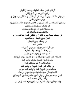 ‫س‬ ‫شدن‬ ‫گرفتار‬‫ی‬‫زنگ‬ ‫بدست‬ ‫وک‬ ‫الم‬ ‫ف‬‫ی‬‫اں‬
‫زناں‬ ‫شہر‬ ‫در‬ ‫شاہزادہ‬ ‫رفتن‬
‫ب‬ ‫در‬‫ی‬‫د‬ ‫مشقت‬ ‫ان‬‫ی‬‫گرسنگ‬ ‫از‬ ‫شاہزادہ‬ ‫دن‬‫ی‬‫تشنگ‬ ‫و‬‫ی‬‫و‬ ‫سوال‬ ‫و‬
‫نفس‬ ‫و‬ ‫عقل‬ ‫جواب‬
‫رس‬‫ی‬‫د‬ ‫عہ‬ ‫ق‬ ‫در‬ ‫شاہزادہ‬ ‫دن‬‫ی‬‫کنائ‬ ‫خالص‬ ‫و‬ ‫وان‬‫ی‬‫را‬ ‫خاتون‬ ‫کہ‬ ‫م‬ ‫دن‬
‫جمال‬ ‫وصف‬ ‫در‬‫خاتون‬ ‫کہ‬ ‫م‬
‫خاتون‬ ‫کہ‬ ‫م‬ ‫مع‬ ‫شہزادہ‬ ‫شدن‬ ‫رواں‬
‫شاہزادہ‬ ‫با‬ ‫صاعد‬ ‫مالقات‬
‫بروے‬ ‫صاعد‬ ‫شدن‬ ‫عاشق‬ ‫و‬ ‫خاتون‬ ‫بدرہ‬ ‫جمال‬ ‫وصف‬ ‫در‬
‫بد‬ ‫آمدن‬‫ی‬‫ساند‬ ‫بہ‬ ‫الجمال‬ ‫ع‬‫ی‬‫پ‬
‫بد‬ ‫وصف‬ ‫در‬‫ی‬‫الجمال‬ ‫ع‬
‫کالم‬ ‫حاصل‬
‫غزل‬ ‫در‬‫ی‬‫سرائ‬ ‫دوہڑا‬ ‫و‬ ‫ات‬‫ی‬‫شاہزادہ‬ ‫دن‬
‫س‬ ‫شہزادہ‬ ‫وصف‬ ‫در‬‫ی‬‫وک‬ ‫الم‬ ‫ف‬
‫افروز‬ ‫مہر‬ ‫بطرف‬ ‫بدالجمال‬ ‫نامہ‬
‫داس‬‫د‬ ‫شدن‬ ‫خبر‬ ‫تان‬‫ی‬‫شہزادہ‬ ‫بہرام‬ ‫کشتن‬ ‫و‬ ‫را‬ ‫زم‬ ‫ق‬ ‫وان‬
‫شاہ‬ ‫ہاشم‬ ‫بطرف‬ ‫شاہپال‬ ‫نوشتن‬ ‫نامہ‬
‫شاہ‬ ‫ہاشم‬ ‫طرف‬ ‫از‬ ‫نامہ‬ ‫جواب‬
‫ت‬ ‫جنگ‬ ‫بر‬‫ی‬‫شاہ‬ ‫ہاشم‬ ‫و‬ ‫شاہپال‬ ‫شدن‬ ‫ار‬
‫د‬ ‫شاہ‬ ‫ہاشم‬ ‫با‬ ‫شاہ‬ ‫شاہپال‬ ‫کردن‬ ‫جنگ‬‫ی‬‫واں‬
‫س‬ ‫نوشتن‬ ‫نامہ‬‫ی‬‫دردمند‬ ‫پدر‬ ‫بطرف‬ ‫وک‬ ‫الم‬ ‫ف‬
‫ت‬ ‫و‬ ‫سفر‬ ‫در‬ ‫ساعد‬ ‫آمدن‬‫ی‬‫ش‬ ‫بر‬ ‫شاہ‬ ‫عاصم‬ ‫شدن‬ ‫ار‬‫ارستان‬
‫وفات‬‫ی‬‫شاہ‬ ‫عاصم‬ ‫افتن‬
‫وفات‬‫ی‬‫س‬ ‫افتن‬‫ی‬‫نال‬ ‫و‬ ‫وک‬ ‫الم‬ ‫ف‬‫ی‬‫بد‬ ‫دن‬‫ی‬‫درد‬ ‫از‬ ‫الجمال‬ ‫ع‬
 