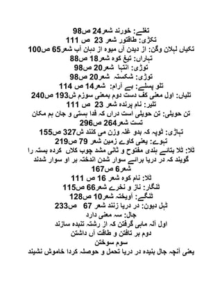 ‫ے‬ ‫تغ‬:‫شعر‬ ‫خورند‬69‫ص‬01
‫تکڑ‬‫ی‬:‫شعر‬ ‫طاقتور‬69‫ص‬000
‫تک‬‫ی‬‫وگن‬ ‫لہالن‬ ‫اں‬:‫د‬ ‫از‬‫ی‬‫م‬ ‫آں‬ ‫دن‬‫ی‬‫شعر‬ ‫آب‬ ‫دہان‬ ‫از‬ ‫وہ‬25‫ص‬011
‫تہاراں‬:‫ت‬‫ی‬‫شعر‬ ‫کوہ‬ ‫غ‬01‫ص‬11
‫توڑ‬‫ی‬:‫شعر‬ ‫انتہا‬61‫ص‬01
‫توڑ‬‫ی‬:‫شعر‬ ‫شکستہ‬61‫ص‬01
‫ے‬ ‫پس‬ ‫و‬ ‫ت‬:‫آرام‬ ‫بے‬:‫شعر‬09‫ص‬009
‫ت‬‫ی‬‫اں‬:‫معن‬ ‫اول‬‫ی‬‫بمعن‬ ‫دوم‬ ‫دست‬ ‫کف‬‫ی‬‫ش‬ ‫سوزم‬009‫ص‬691
‫ت‬‫ی‬‫ر‬:‫شعر‬ ‫پرندہ‬ ‫نام‬69‫ص‬000
‫حو‬ ‫تن‬‫ی‬‫ی‬:‫حو‬ ‫تن‬‫ی‬‫ی‬‫ہست‬ ‫فدا‬ ‫کہ‬ ‫دراں‬ ‫است‬‫ی‬‫مکان‬ ‫ہم‬ ‫جان‬ ‫و‬
‫شعر‬ ‫تست‬629‫ص‬602
‫تہاڑ‬‫ی‬:‫م‬ ‫وزن‬ ‫ہ‬ ‫غ‬ ‫بدو‬ ‫کہ‬ ‫ٹوپہ‬‫ی‬‫ش‬ ‫کنند‬961‫ص‬055
‫تہوے‬:‫ی‬‫عن‬‫ی‬‫زم‬ ‫کاوے‬‫ی‬‫شعر‬ ‫ن‬10‫ص‬600
‫ٹال‬:‫ہند‬ ‫بتائے‬ ‫ٹال‬‫ی‬‫ثان‬ ‫و‬ ‫مفتوح‬‫ی‬‫را‬ ‫بستہ‬ ‫کردہ‬ ‫کالں‬ ‫چوب‬ ‫مشد‬
‫گو‬‫ی‬‫در‬ ‫در‬ ‫کہ‬ ‫ند‬‫ی‬‫شدند‬ ‫سوار‬ ‫او‬ ‫بر‬ ‫اندختہ‬ ‫شدن‬ ‫سوار‬ ‫برائے‬ ‫ا‬
‫شعر‬2‫ص‬021
‫ٹال‬:‫شعر‬ ‫کوہ‬ ‫نام‬02‫ص‬000
‫ٹنگار‬:‫شعر‬ ‫نخرے‬ ‫و‬ ‫ناز‬22‫ص‬005
‫ٹنگے‬:‫آو‬‫ی‬‫شعر‬ ‫ختہ‬01‫ص‬061
‫د‬ ‫ٹہل‬‫ی‬‫ون‬:‫در‬ ‫در‬‫ی‬‫شعر‬ ‫زنند‬ ‫ا‬21‫ص‬699
‫جال‬:‫معن‬ ‫سہ‬‫ی‬‫دارد‬
‫ماہ‬ ‫آلہ‬ ‫اول‬‫ی‬‫رشتہ‬ ‫از‬ ‫کہ‬ ‫گرفتن‬‫سازند‬ ‫تنبدہ‬
‫داشتن‬ ‫آں‬ ‫طاقت‬ ‫و‬ ‫تافتن‬ ‫بر‬ ‫دوم‬
‫سوختن‬ ‫سوم‬
‫ی‬‫عن‬‫ی‬‫بن‬ ‫جال‬ ‫آنچہ‬‫ی‬‫در‬ ‫در‬ ‫دہ‬‫ی‬‫نش‬ ‫خاموش‬ ‫کردا‬ ‫ہ‬ ‫حوص‬ ‫و‬ ‫تحمل‬ ‫ا‬‫ی‬‫ند‬
 
