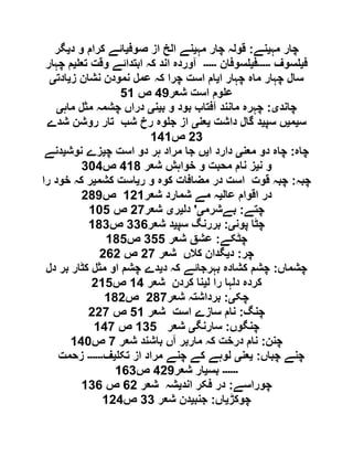 ‫مہ‬ ‫چار‬‫ی‬‫نے‬:‫قو‬‫مہ‬ ‫چار‬ ‫لہ‬‫ی‬‫صوف‬ ‫از‬ ‫الخ‬ ‫نے‬‫ی‬‫د‬ ‫و‬ ‫کرام‬ ‫ائے‬‫ی‬‫گر‬
‫ف‬‫ی‬‫سوف‬‫۔۔۔۔۔‬‫ف‬‫ی‬‫سوفان‬‫۔۔۔۔۔‬‫تع‬ ‫وقت‬ ‫ابتدائے‬ ‫کہ‬ ‫اند‬ ‫آوردہ‬‫ی‬‫چہار‬ ‫م‬
‫ا‬ ‫چہار‬ ‫ماہ‬ ‫چہار‬ ‫سال‬‫ی‬‫ز‬ ‫نشان‬ ‫نمودن‬ ‫عمل‬ ‫کہ‬ ‫چرا‬ ‫است‬ ‫ام‬‫ی‬‫ادت‬‫ی‬
‫شعر‬ ‫است‬ ‫وم‬ ‫ع‬90‫ص‬50
‫چاند‬‫ی‬:‫ب‬ ‫و‬ ‫بود‬ ‫آفتاب‬ ‫مانند‬ ‫چہرہ‬‫ی‬‫ن‬‫ی‬‫ماہ‬ ‫مثل‬ ‫چشمہ‬ ‫دراں‬‫ی‬
‫س‬‫ی‬‫م‬‫ی‬‫سپ‬ ‫ں‬‫ی‬‫داشت‬ ‫گال‬ ‫د‬‫ی‬‫ع‬‫ن‬‫ی‬‫شدے‬ ‫روشن‬ ‫تار‬ ‫شب‬ ‫رخ‬ ‫وہ‬ ‫ج‬ ‫از‬
69‫ص‬090
‫چاہ‬:‫معن‬ ‫دو‬ ‫چاہ‬‫ی‬‫ا‬ ‫دارد‬‫ی‬‫چ‬ ‫است‬ ‫دو‬ ‫ہر‬ ‫مراد‬ ‫جا‬ ‫ں‬‫ی‬‫نوش‬ ‫زے‬‫ی‬‫دنے‬
‫ن‬ ‫و‬‫ی‬‫شعر‬ ‫خواہش‬ ‫و‬ ‫محبت‬ ‫نام‬ ‫ز‬901‫ص‬919
‫چبہ‬:‫ر‬ ‫و‬ ‫کوہ‬ ‫مضافات‬ ‫در‬ ‫است‬ ‫قوت‬ ‫چبہ‬‫ی‬‫کشم‬ ‫است‬‫ی‬‫را‬ ‫خود‬ ‫کہ‬ ‫ر‬
‫عال‬ ‫اقوام‬ ‫در‬‫ی‬‫شعر‬ ‫شمارد‬ ‫مے‬ ‫ہ‬060‫ص‬610
‫چتے‬:‫بےشرم‬‫ی‬'‫دل‬‫ی‬‫ر‬‫ی‬‫شعر‬61‫ص‬015
‫پون‬ ‫چٹا‬‫ی‬:‫سپ‬ ‫بررنگ‬‫ی‬‫شعر‬ ‫د‬992‫ص‬019
‫چٹکے‬:‫شعر‬ ‫عشق‬955‫ص‬015
‫چر‬:‫د‬‫ی‬‫شعر‬ ‫کالں‬ ‫گدان‬61‫ص‬626
‫چشماں‬:‫د‬ ‫کہ‬ ‫بہرجائے‬ ‫کشادہ‬ ‫چشم‬‫ی‬‫دل‬ ‫بر‬ ‫کٹار‬ ‫مثل‬ ‫او‬ ‫چشم‬ ‫دے‬
‫ل‬ ‫را‬ ‫دلہا‬ ‫کردہ‬‫ی‬‫شعر‬ ‫کردن‬ ‫نا‬09‫ص‬605
‫چک‬‫ی‬:‫شعر‬ ‫برداشتہ‬611‫ص‬016
‫چنگ‬:‫شعر‬ ‫است‬ ‫سازے‬ ‫نام‬50‫ص‬661
‫چنگوں‬:‫سارنگ‬‫ی‬‫ش‬‫عر‬095‫ص‬091
‫چنن‬:‫شعر‬ ‫باشند‬ ‫آں‬ ‫ماربر‬ ‫کہ‬ ‫درخت‬ ‫نام‬1‫ص‬091
‫چباں‬ ‫چنے‬:‫ی‬‫عن‬‫ی‬‫تک‬ ‫از‬ ‫مراد‬ ‫چنے‬ ‫کے‬ ‫لوہے‬‫ی‬‫ف‬‫۔۔۔۔۔۔‬‫زحمت‬
‫۔۔۔۔۔۔‬‫بس‬‫ی‬‫شعر‬ ‫ار‬960‫ص‬029
‫چوراسے‬:‫اند‬ ‫فکر‬ ‫در‬‫ی‬‫شعر‬ ‫شہ‬26‫ص‬092
‫چوکڑ‬‫ی‬‫اں‬:‫جنب‬‫ی‬‫شعر‬ ‫دن‬99‫ص‬069
 