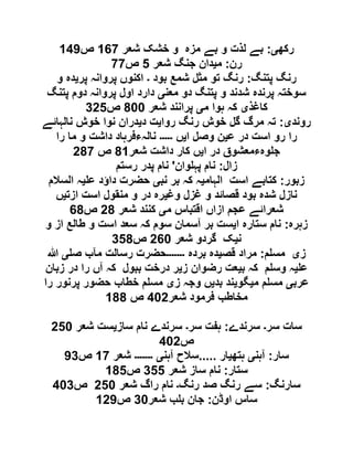 ‫رکھ‬‫ی‬:‫شعر‬ ‫خشک‬ ‫و‬ ‫مزہ‬ ‫بے‬ ‫و‬ ‫لذت‬ ‫بے‬021‫ص‬090
‫رن‬:‫م‬‫ی‬‫شعر‬ ‫جنگ‬ ‫دان‬5‫ص‬11
‫پتنگ‬ ‫رنگ‬:‫بود‬ ‫شمع‬ ‫مثل‬ ‫تو‬ ‫رنگ‬‫۔‬‫پر‬ ‫پروانہ‬ ‫اکنوں‬‫ی‬‫و‬ ‫دہ‬
‫معن‬ ‫دو‬ ‫پتنگ‬ ‫و‬ ‫شدند‬ ‫پرندہ‬ ‫سوختہ‬‫ی‬‫اول‬ ‫دارد‬‫پتنگ‬ ‫دوم‬ ‫پروانہ‬
‫کاغذ‬‫ی‬‫م‬ ‫ہوا‬ ‫کہ‬‫ی‬‫شعر‬ ‫پرانند‬111‫ص‬965
‫روند‬‫ی‬:‫روا‬ ‫رنگ‬ ‫خوش‬ ‫گل‬ ‫مرگ‬ ‫تہ‬‫ی‬‫د‬ ‫ت‬‫ی‬‫نالہائے‬ ‫خوش‬ ‫نوا‬ ‫دران‬
‫ع‬ ‫در‬ ‫است‬ ‫رو‬ ‫را‬‫ی‬‫ا‬ ‫وصل‬ ‫ن‬‫ی‬‫ں‬‫۔۔۔۔۔‬‫را‬ ‫ما‬ ‫و‬ ‫داشت‬ ‫نالہءفرہاد‬
‫ا‬ ‫در‬ ‫وہءمعشوق‬ ‫ج‬‫ی‬‫شعر‬ ‫داشت‬ ‫کار‬ ‫ں‬10‫ص‬611
‫زال‬:‫وان‬ ‫پہ‬ ‫نام‬'‫رستم‬ ‫پدر‬ ‫نام‬
‫زبور‬:‫الہام‬ ‫است‬ ‫کتابے‬‫ی‬‫ک‬ ‫ہ‬‫نب‬ ‫بر‬ ‫ہ‬‫ی‬‫ع‬ ‫داؤد‬ ‫حضرت‬‫ی‬‫السالم‬ ‫ہ‬
‫وغ‬ ‫غزل‬ ‫و‬ ‫قصائد‬ ‫بود‬ ‫شدہ‬ ‫نازل‬‫ی‬‫ازت‬ ‫است‬ ‫منقول‬ ‫و‬ ‫در‬ ‫رہ‬‫ی‬‫ں‬
‫م‬ ‫اقتباس‬ ‫ازاں‬ ‫عجم‬ ‫شعرائے‬‫ی‬‫شعر‬ ‫کنند‬61‫ص‬21
‫زہرہ‬:‫ا‬ ‫ستارہ‬ ‫نام‬‫ی‬‫و‬ ‫از‬ ‫طالع‬ ‫و‬ ‫است‬ ‫سعد‬ ‫کہ‬ ‫سوم‬ ‫آسمان‬ ‫بر‬ ‫ست‬
‫ن‬‫ی‬‫شعر‬ ‫گردو‬ ‫ک‬621‫ص‬951
‫ز‬‫ی‬‫م‬ ‫مس‬:‫قص‬ ‫مراد‬‫ی‬‫بردہ‬ ‫دہ‬‫۔۔۔۔۔۔۔‬‫ص‬ ‫مآب‬ ‫رسالت‬ ‫حضرت‬‫ی‬‫ہللا‬
‫ع‬‫ی‬‫ب‬ ‫کہ‬ ‫م‬ ‫وس‬ ‫ہ‬‫ی‬‫ز‬ ‫رضوان‬ ‫عت‬‫ی‬‫زبان‬ ‫در‬ ‫را‬ ‫آں‬ ‫کہ‬ ‫ببول‬ ‫درخت‬ ‫ر‬
‫عرب‬‫ی‬‫م‬ ‫م‬ ‫مس‬‫ی‬‫گو‬‫ی‬‫بد‬ ‫ند‬‫ی‬‫ز‬ ‫وجہ‬ ‫ں‬‫ی‬‫را‬ ‫پرنور‬ ‫حضور‬ ‫خطاب‬ ‫م‬ ‫مس‬
‫شعر‬ ‫فرمود‬ ‫مخاطب‬916‫ص‬011
‫سر‬ ‫سات‬‫۔‬‫سرندے‬:‫سر‬ ‫ہفت‬‫۔‬‫ساز‬ ‫نام‬ ‫سرندے‬‫ی‬‫شعر‬ ‫ست‬651
‫ص‬916
‫سار‬:‫آہن‬‫ی‬‫ہتھ‬‫ی‬‫ار‬.....‫آہن‬ ‫سالح‬‫ی‬‫۔۔۔۔۔۔۔‬‫شعر‬01‫ص‬09
‫ستار‬:‫نا‬‫شعر‬ ‫ساز‬ ‫م‬955‫ص‬015
‫سارنگ‬:‫رنگ‬ ‫صد‬ ‫رنگ‬ ‫سے‬‫۔‬‫شعر‬ ‫راگ‬ ‫نام‬651‫ص‬919
‫اوڈن‬ ‫ساس‬:‫شعر‬ ‫ب‬ ‫ب‬ ‫جان‬91‫ص‬060
 