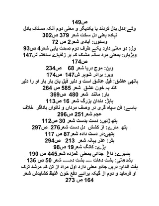 ‫ص‬090
‫وٹے‬:‫با‬ ‫کردند‬ ‫بدل‬ ‫ددل‬‫ی‬‫کد‬‫ی‬‫معن‬ ‫و‬ ‫گر‬‫ی‬‫بادل‬ ‫مستک‬ ‫آنکہ‬ ‫دوم‬
‫نہادہ‬‫ی‬‫عن‬‫ی‬‫شعر‬ ‫سخت‬ ‫دل‬910‫ص‬916
‫وسئوں‬:‫آباد‬‫ی‬‫شعر‬6‫ص‬16
‫ول‬:‫معن‬ ‫دو‬‫ی‬‫دارد‬‫ی‬‫صحت‬ ‫دوم‬ ‫طرف‬ ‫کے‬‫ی‬‫اب‬‫ی‬‫شعر‬9‫ص‬09
‫وہڑ‬‫ی‬‫اں‬:‫بمعن‬‫ی‬‫ش‬ ‫ساختہ‬ ‫زلفہاے‬ ‫بر‬ ‫کہ‬ ‫مشک‬ ‫سانہ‬ ‫مرد‬091
‫ص‬019
‫وہن‬:‫در‬ ‫موج‬‫ی‬‫شعر‬ ‫ا‬21‫ص‬699
‫و‬‫ی‬‫ر‬:‫ش‬ ‫شوہر‬ ‫برادر‬091‫ص‬019
‫ہاتھ‬‫ی‬‫عاشق‬:‫ف‬‫ی‬‫ف‬ ‫دلبر‬ ‫و‬ ‫است‬ ‫عاشق‬ ‫ل‬‫ی‬‫دل‬ ‫را‬ ‫او‬ ‫بار‬ ‫بار‬ ‫بان‬ ‫ل‬‫ی‬‫ر‬
‫شعر‬ ‫عشق‬ ‫خون‬ ‫بہ‬ ‫کند‬515‫ص‬629
‫ہار‬:‫شعر‬ ‫مانند‬911‫ص‬920
‫ہاہڑ‬:‫شعر‬ ‫بزرگ‬ ‫دندان‬02‫ص‬009
‫ہاسے‬:‫گر‬ ‫سپاہ‬ ‫فن‬‫ی‬‫خالف‬ ‫باداگر‬ ‫ناتواں‬ ‫و‬ ‫مرداں‬ ‫وصف‬ ‫در‬
‫شعر‬ ‫عجم‬650‫ص‬602
‫ڑئ‬ ‫ہتھ‬‫ی‬‫ں‬:‫شعر‬ ‫بدست‬ ‫دست‬91‫ص‬006
‫مارے‬ ‫ہتھ‬:‫شعر‬ ‫دست‬ ‫دل‬ ‫کشش‬ ‫از‬612‫ص‬601
‫ہتھ‬‫ی‬:‫شعر‬ ‫دادہ‬ ‫دست‬ ‫در‬11‫ص‬001
‫ہٹر‬:‫شعر‬ ‫بہانہ‬ ‫عذر‬609‫ص‬609
‫ہڑے‬:‫شعر‬ ‫کانگ‬00‫ص‬01
‫ہس‬‫ی‬‫رے‬:‫جدائ‬ ‫داغ‬‫ی‬‫بمعن‬‫ی‬‫شعر‬ ‫غمزدہ‬995‫ص‬001
‫ہشدھات‬‫ی‬:‫دھات‬ ‫ہشت‬‫۔۔۔۔۔‬‫دہ‬ ‫ہشت‬‫۔۔۔۔۔۔‬‫شعر‬51‫ص‬092
‫اندا‬ ‫ہفت‬‫م‬:‫در‬‫ی‬‫معن‬ ‫جادو‬ ‫ں‬‫ی‬‫ترک‬ ‫مرشد‬ ‫کہ‬ ‫تن‬ ‫از‬ ‫مراد‬ ‫اول‬ ‫دارد‬
‫فرما‬ ‫او‬‫ی‬‫گ‬ ‫از‬ ‫دوم‬ ‫و‬ ‫د‬‫ی‬‫غ‬ ‫خون‬ ‫دفع‬ ‫برائے‬ ‫کہ‬‫ی‬‫کشا‬ ‫ظ‬‫ی‬‫شعر‬ ‫دش‬
029‫ص‬619
 