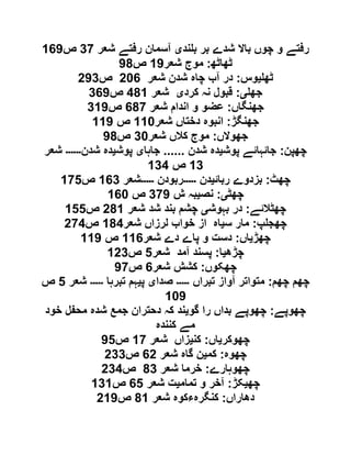 ‫ند‬ ‫ب‬ ‫بر‬ ‫شدے‬ ‫باال‬ ‫چوں‬ ‫و‬ ‫رفتے‬‫ی‬‫آسمان‬‫شعر‬ ‫رفتے‬91‫ص‬020
‫ٹھاٹھ‬:‫شعر‬ ‫موج‬00‫ص‬01
‫ٹھ‬‫ی‬‫وس‬:‫شعر‬ ‫شدن‬ ‫چاہ‬ ‫آب‬ ‫در‬612‫ص‬609
‫جھ‬‫ی‬:‫کرد‬ ‫نہ‬ ‫قبول‬‫ی‬‫شعر‬910‫ص‬920
‫جھنگاں‬:‫شعر‬ ‫اندام‬ ‫و‬ ‫عضو‬211‫ص‬900
‫جھنگڑ‬:‫شعر‬ ‫دختاں‬ ‫انبوہ‬001‫ص‬000
‫جھوالں‬:‫شعر‬ ‫کالں‬ ‫موج‬91‫ص‬01
‫چھپن‬:‫پوش‬ ‫جائہائے‬‫ی‬‫شدن‬ ‫دہ‬......‫جاہا‬‫ی‬‫پوش‬‫ی‬‫شدن‬ ‫دہ‬‫۔۔۔۔۔۔‬‫شعر‬
09‫ص‬099
‫چھٹ‬:‫ربائ‬ ‫بزدوے‬‫ی‬‫دن‬‫۔۔۔۔۔‬‫ربودن‬‫۔۔۔۔۔‬‫شعر‬029‫ص‬015
‫چھٹ‬‫ی‬:‫نص‬‫ی‬‫ش‬ ‫بہ‬910‫ص‬021
‫چھٹالئے‬:‫بہوش‬ ‫در‬‫ی‬‫شعر‬ ‫شد‬ ‫بند‬ ‫چشم‬610‫ص‬055
‫پ‬ ‫چھج‬:‫س‬ ‫مار‬‫ی‬‫شعر‬ ‫لرزاں‬ ‫خواب‬ ‫از‬ ‫اہ‬019‫ص‬619
‫چھڑ‬‫ی‬‫اں‬:‫شعر‬ ‫دے‬ ‫پاے‬ ‫و‬ ‫دست‬002‫ص‬000
‫چڑھ‬‫ی‬‫ا‬:‫شعر‬ ‫آمد‬ ‫پسند‬5‫ص‬069
‫چھکوں‬:‫شعر‬ ‫کشش‬2‫ص‬01
‫چھم‬‫چھم‬:‫تبراں‬ ‫آواز‬ ‫متواتر‬‫۔۔۔۔۔‬‫صدا‬‫ی‬‫پ‬‫ی‬‫تبرہا‬ ‫ہم‬‫۔۔۔۔۔‬‫شعر‬5‫ص‬
010
‫چھوپے‬:‫گو‬ ‫را‬ ‫بداں‬ ‫چھوپے‬‫ی‬‫خود‬ ‫محفل‬ ‫شدہ‬ ‫جمع‬ ‫دحتران‬ ‫کہ‬ ‫ند‬
‫کنندہ‬ ‫مے‬
‫چھوکر‬‫ی‬‫اں‬:‫کن‬‫ی‬‫شعر‬ ‫زاں‬01‫ص‬05
‫چھوہ‬:‫کم‬‫ی‬‫شعر‬ ‫گاہ‬ ‫ن‬26‫ص‬699
‫چھوہارے‬:‫شعر‬ ‫خرما‬19‫ص‬699
‫چھ‬‫ی‬‫کڑ‬:‫تمام‬ ‫و‬ ‫آخر‬‫ی‬‫شعر‬ ‫ت‬25‫ص‬090
‫دھاراں‬:‫کنگرہ‬‫شعر‬ ‫ءکوہ‬10‫ص‬600
 