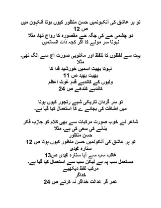 ‫ک‬ ‫عاشق‬ ‫ہر‬ ‫تو‬‫ی‬‫آنکہونم‬‫ی‬‫ک‬ ‫منظور‬ ‫حسن‬ ‫ں‬‫ی‬‫م‬ ‫آنکہون‬ ‫ہوتا‬ ‫وں‬‫ی‬‫ں‬
‫ص‬06
‫چشم‬ ‫دو‬‫ی‬‫ک‬ ‫حے‬‫ی‬‫تھا‬ ‫رواج‬ ‫کا‬ ‫مقصورہ‬ ‫حے‬ ‫جگہ‬‫۔‬‫مثال‬
‫انسانم‬ ‫ذات‬ ‫کجہ‬ ‫اگر‬ ‫کا‬ ‫مولے‬ ‫سر‬ ‫نہوتا‬‫ی‬‫ں‬
‫مکتوب‬ ‫اور‬ ‫فظ‬ ‫ت‬ ‫کا‬ ‫لفظوں‬ ‫سے‬ ‫بہت‬‫ی‬‫آج‬ ‫صورت‬‫تھ‬ ‫الگ‬ ‫سے‬‫ی۔‬
‫مثال‬
‫بھ‬ ‫نہوتا‬‫ی‬‫اسم‬ ‫ت‬‫ی‬‫خورش‬ ‫ں‬‫ی‬‫کا‬ ‫فدا‬ ‫د‬
‫بھ‬‫ی‬‫بھ‬ ‫ت‬‫ی‬‫ص‬ ‫د‬00
‫ول‬‫ی‬‫اعظم‬ ‫غوث‬ ‫قدم‬ ‫کاندہے‬ ‫کے‬ ‫وں‬
‫ص‬ ‫کندھے‬ ‫کاندہے‬69
‫تار‬ ‫گردان‬ ‫سر‬ ‫تو‬‫ی‬‫ک‬‫ی‬‫ک‬ ‫رتجور‬ ‫شبے‬‫ی‬‫ہوتا‬ ‫وں‬
‫م‬‫ی‬‫ک‬ ‫اضافت‬ ‫ں‬‫ی‬‫ک‬ ‫استعمال‬ ‫کا‬ ‫ے‬ ‫بجائے‬‫ی‬‫گ‬ ‫ا‬‫ی‬‫ہے‬ ‫ا‬‫۔‬
‫بھ‬ ‫سے‬ ‫مرکبات‬ ‫صورت‬ ‫خوب‬ ‫نے‬ ‫شاعر‬‫ی‬‫فکر‬ ‫جازب‬ ‫کو‬ ‫کالم‬
‫ک‬ ‫بنانے‬‫ی‬‫سع‬‫ی‬‫ک‬‫ی‬‫ہے‬‫۔‬‫مثال‬
‫منظور‬ ‫حسن‬
‫ک‬ ‫عاشق‬ ‫ہر‬ ‫تو‬‫ی‬‫آنکونم‬‫ی‬‫ک‬ ‫منظور‬ ‫حسن‬ ‫ں‬‫ی‬‫ص‬ ‫ہوتا‬ ‫وں‬06
‫دمحم‬ ‫ستارہ‬‫ی‬
‫آ‬ ‫سے‬ ‫سب‬ ‫غالب‬‫ی‬‫دمحم‬ ‫ستارہ‬ ‫ا‬‫ی‬‫ص‬09
‫ل‬ ‫ہے‬ ‫پہ‬ ‫سب‬ ‫مستعمل‬‫ی‬‫ک‬ ‫استعمال‬ ‫سے‬ ‫سب‬ ‫کن‬‫ی‬‫گ‬ ‫ا‬‫ی‬‫ہے‬ ‫ا‬‫۔‬
‫د‬ ‫لفظ‬ ‫مرکب‬‫ی‬‫کھ‬‫ی‬‫ے‬
‫خداگر‬
‫ص‬ ‫کرتے‬ ‫نہ‬ ‫خداگر‬ ‫عدالت‬ ‫گر‬ ‫عمر‬69
 