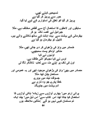 ‫تسب‬‫ی‬‫ح‬‫ی‬‫تھے‬ ‫کہتے‬ ‫ں‬‫۔‬
‫پرہ‬ ‫سے‬ ‫حور‬‫ی‬‫گ‬ ‫کر‬ ‫ز‬‫ی‬‫ہے‬ ‫ا‬
‫پ‬‫رہ‬‫ی‬‫گ‬ ‫کر‬ ‫ز‬‫ی‬‫ک‬ ‫ق‬ ‫تع‬ ‫کو‬ ‫ا‬‫ی‬‫استوار‬‫ی‬‫ل‬ ‫کے‬‫ی‬‫ل‬ ‫ے‬‫ی‬‫گ‬ ‫ا‬‫ی‬‫ا‬‫۔‬
‫قطع‬ ‫سے‬ ‫آج‬ ‫استعمال‬ ‫کا‬ ‫الحقوں‬ ‫اور‬ ‫سابقوں‬‫ی‬‫ہے‬ ‫ف‬ ‫مخت‬‫۔‬‫مثال‬
‫جبرائ‬‫ی‬‫کر‬ ‫ہو‬ ‫ناک‬ ‫غصہ‬ ‫نے‬ ‫ل‬
‫ب‬‫ی‬‫فرمان‬‫ی‬‫ہ‬ ‫والے‬ ‫نکالنے‬ ‫ساتھ‬ ‫کے‬ ‫اہانت‬ ‫بہت‬ ‫سے‬ ‫بہشت‬ ‫کے‬‫ی‬‫ں‬‫۔‬
‫کاب‬‫ی‬‫ل‬‫۔‬‫ب‬ ‫تو‬‫ی‬‫گ‬ ‫ہو‬ ‫فرمان‬‫ی‬‫ہے‬ ‫ا‬
‫م‬ ‫ضمائر‬‫ی‬‫ک‬ ‫واؤ‬ ‫ں‬‫ی‬‫بڑھوت‬‫ی‬‫د‬ ‫کر‬‫ی‬‫جات‬‫ی‬‫تھ‬‫ی۔‬‫مثال‬
‫سمجھے‬ ‫پست‬ ‫اونکو‬ ‫متکبر‬‫۔‬
‫کہا‬ ‫نے‬ ‫اونہوں‬
‫اتن‬ ‫مجہکو‬ ‫کہا‬ ‫نے‬ ‫اوس‬‫ی‬‫ہے‬ ‫طاقت‬‫۔‬
‫ک‬ ‫اون‬‫ی‬‫ل‬ ‫لگا‬ ‫نکالکر‬ ‫لعاب‬ ‫سے‬ ‫منہ‬ ‫اپنے‬ ‫پر‬ ‫ناف‬‫ی‬
‫م‬ ‫مصادر‬‫ی‬‫بھ‬ ‫ں‬‫ی‬‘‫ک‬ ‫واؤ‬‫ی‬‫بڑھوت‬‫ی‬‫تھ‬ ‫موجود‬‫ی‬‫اور‬‫ی‬‫عموم‬ ‫ہ‬‫ی‬‫اور‬
‫تھا‬ ‫ن‬ ‫چ‬ ‫مستعمل‬‫۔‬‫مثال‬
‫ن‬ ‫جسوقت‬‫ی‬‫م‬ ‫ند‬‫ی‬‫ہووے‬ ‫ں‬
‫نار‬ ‫وہ‬ ‫جو‬ ‫پاوے‬ ‫خطا‬‫ی‬‫ہے‬
‫م‬ ‫بہشت‬ ‫آدم‬‫ی‬‫جا‬ ‫ں‬‫و‬‫ی‬‫گا‬‫۔‬
‫پران‬‫ی‬‫م‬ ‫اردو‬‫ی‬‫ں‬‘‫بھار‬‫ی‬‫ز‬ ‫سے‬ ‫آوازوں‬‫ی‬‫ادہ‬‘‫ک‬ ‫ہ‬‫ی‬‫کا‬ ‫آوازوں‬
‫ک‬ ‫استعمال‬‫ی‬‫تھا‬ ‫جاتا‬ ‫ا‬‫۔‬‫سے‬ ‫کتاب‬ ‫اس‬‘‫ذ‬ ‫اس‬‫ی‬‫م‬ ‫ل‬‫ی‬‫ں‬‘‫ا‬ ‫چند‬‫ی‬‫ک‬
‫مثال‬‫ی‬‫ہوں‬ ‫مالحظہ‬ ‫ں‬ : ‫کبہ‬ ‫مان‬ ‫مس‬ ‫تم‬‫ی‬‫نہ‬‫ی‬‫گے‬ ‫ہو‬ ‫ں‬
‫بھ‬
 