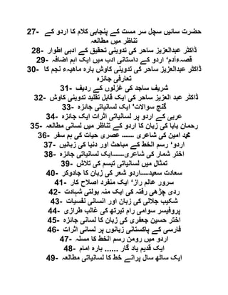 27- ‫سائ‬ ‫حضرت‬‫ی‬‫پنجاب‬ ‫کے‬ ‫مست‬ ‫سر‬ ‫سچل‬ ‫ں‬‫ی‬‫کے‬ ‫اردو‬ ‫کا‬ ‫کالم‬
‫م‬ ‫تناظر‬‫ی‬‫مطالعہ‬ ‫ں‬
28- ‫عبدالعز‬ ‫ڈاکٹر‬‫ی‬‫ک‬ ‫ساحر‬ ‫ز‬‫ی‬‫تدو‬‫ی‬‫ن‬‫ی‬‫تحق‬‫ی‬‫ادب‬ ‫کے‬ ‫ق‬‫ی‬‫اطوار‬
29- ‫قصہءآدم‬‘‫داستان‬ ‫کے‬ ‫اردو‬‫ی‬‫م‬ ‫ادب‬‫ی‬‫ا‬ ‫ں‬‫ی‬‫اضافہ‬ ‫اہم‬ ‫ک‬
30- ‫عبدالعز‬ ‫ڈاکٹر‬‫ی‬‫ک‬ ‫ساحر‬ ‫ز‬‫ی‬‫تدو‬‫ی‬‫ن‬‫ی‬‫ماھ‬ ‫بارہ‬ ‫کاوش‬‫ی‬‫کا‬ ‫نجم‬ ‫ہء‬
‫تع‬‫ارف‬‫ی‬‫جائزہ‬
31- ‫شر‬‫ی‬‫ک‬ ‫ساجد‬ ‫ف‬‫ی‬‫رد‬ ‫کے‬ ‫غزلوں‬‫ی‬‫ف‬
32- ‫العز‬ ‫عبد‬ ‫ڈاکٹر‬‫ی‬‫ک‬ ‫ساحر‬ ‫ز‬‫ی‬‫ا‬‫ی‬‫تق‬ ‫قابل‬ ‫ک‬‫ی‬‫تدو‬ ‫د‬‫ی‬‫ن‬‫ی‬‫کاوش‬
33- ‫سواالت‬ ‫گنج‬'‫ا‬‫ی‬‫لسان‬ ‫ک‬‫ی‬‫ات‬‫ی‬‫جائزہ‬
34- ‫عرب‬‫ی‬‫لسان‬ ‫پر‬ ‫اردو‬ ‫کے‬‫ی‬‫ات‬‫ی‬‫ا‬ ‫اثرات‬‫ی‬‫جائزہ‬ ‫ک‬
35- ‫ک‬ ‫بابا‬ ‫رحمان‬‫ی‬‫م‬ ‫تناظر‬ ‫کے‬ ‫اردو‬ ‫کا‬ ‫زبان‬‫ی‬‫لسان‬ ‫ں‬‫ی‬‫مطالعہ‬
36- ‫ام‬ ‫دمحم‬‫ی‬‫ک‬ ‫ن‬‫ی‬‫شاع‬‫ر‬‫ی‬‫۔۔۔۔۔۔۔‬‫عصر‬‫ی‬‫ح‬‫ی‬‫ک‬ ‫ات‬‫ی‬‫سفر‬ ‫ہم‬
37- ‫اردو‬‘‫دن‬ ‫اور‬ ‫مباحث‬ ‫کے‬ ‫الخط‬ ‫رسم‬‫ی‬‫ک‬ ‫ا‬‫ی‬‫زبان‬‫ی‬‫ں‬
38- ‫ک‬ ‫شمار‬ ‫اختر‬‫ی‬‫شاعر‬‫ی۔۔۔۔۔۔۔‬‫ا‬‫ی‬‫لسان‬ ‫ک‬‫ی‬‫ات‬‫ی‬‫جائزہ‬
39- ‫م‬ ‫تمثال‬‫ی‬‫لسان‬ ‫ں‬‫ی‬‫ات‬‫ی‬‫ک‬ ‫تبسم‬‫ی‬‫تالش‬
40- ‫سع‬ ‫سعادت‬‫ی‬‫د‬‫۔۔۔۔۔‬‫ک‬ ‫شعر‬ ‫اردو‬‫ی‬‫جادوکر‬ ‫کا‬ ‫زبان‬
41- ‫راز‬ ‫عالم‬ ‫سرور‬‘‫ا‬‫ی‬‫کار‬ ‫اصالح‬ ‫منفرد‬ ‫ک‬
42- ‫رد‬‫ی‬‫چ‬‫ڑھ‬‫ی‬‫ک‬ ‫رفتہ‬‫ی‬‫ا‬‫ی‬‫بولت‬ ‫منہ‬ ‫ک‬‫ی‬‫شہادت‬
43- ‫شک‬‫ی‬‫جالل‬ ‫ب‬‫ی‬‫ک‬‫ی‬‫انسان‬ ‫اور‬ ‫زبان‬‫ی‬‫نفس‬‫ی‬‫ات‬
44- ‫پروف‬‫ی‬‫سوام‬ ‫سر‬‫ی‬‫ت‬ ‫رام‬‫ی‬‫ک‬ ‫رتھ‬‫ی‬‫طراز‬ ‫غالب‬‫ی‬
45- ‫حس‬ ‫اختر‬‫ی‬‫جعفر‬ ‫ن‬‫ی‬‫ک‬‫ی‬‫لسان‬ ‫کا‬ ‫زبان‬‫ی‬‫جائزہ‬
46- ‫فارس‬‫ی‬‫پاکستان‬ ‫کے‬‫ی‬‫لسان‬ ‫پر‬ ‫زبانوں‬‫ی‬‫اثرات‬
47- ‫م‬ ‫اردو‬‫ی‬‫ہ‬ ‫مس‬ ‫کا‬ ‫الخط‬ ‫رسم‬ ‫رومن‬ ‫ں‬
48- ‫ا‬‫ی‬‫قد‬ ‫ک‬‫ی‬‫م‬‫ی‬‫گ‬ ‫اد‬‫ار‬......‫امام‬ ‫بارہ‬
49- ‫ا‬‫ی‬‫لسان‬ ‫کا‬ ‫خط‬ ‫پرانے‬ ‫سال‬ ‫ساٹھ‬ ‫ک‬‫ی‬‫ات‬‫ی‬‫مطالعہ‬
 