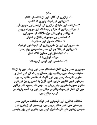 ‫مثال‬
١‫۔‬‫ک‬ ‫آوازوں‬‫ی‬‫گنت‬‫ی‬‫لسان‬ ‫کا‬ ‫ان‬ ‫اور‬‫ی‬‫نظام‬
٢‫۔‬‫ک‬ ‫زبانوں‬‫ی‬‫پذ‬ ‫لچک‬‫ی‬‫ر‬‫ی‬‫تناسب‬ ‫کا‬
٣‫۔‬‫ک‬ ‫آوازوں‬ ‫متبادل‬ ‫اور‬ ‫مترادف‬‫ی‬‫فراہم‬‫ی‬‫موجودگ‬ ‫اور‬‫ی‬
٤‫۔‬‫رو‬ ‫موجودہ‬ ‫اور‬ ‫رجحانات‬ ‫مزاج‬ ‫کا‬ ‫والوں‬ ‫بولنے‬‫ی‬‫ے‬
٥‫۔‬‫ک‬ ‫والوں‬ ‫بولنے‬‫ی‬‫م‬‫ی‬‫مالقات‬ ‫ل‬‫ک‬‫ی‬‫صورت‬‫ی‬‫ں‬
٦‫۔‬‫شخص‬‫ی‬‫مجموع‬ ‫اور‬‫ی‬‫اطوار‬ ‫و‬ ‫انداز‬
٧‫۔‬‫معاشرت‬ ‫اور‬ ‫ماحول‬ ‫حاالت‬
٨‫۔‬‫ضرورت‬‫ی‬‫ک‬ ‫ضرورتوں‬ ‫ان‬ ‫اور‬ ‫ں‬‫ی‬‫اہم‬‫ی‬‫نوع‬ ‫اور‬ ‫ت‬‫ی‬‫ت‬
٩‫۔‬‫ک‬ ‫زبانوں‬‫ی‬‫انا‬‘‫ہوت‬ ‫مخصوص‬ ‫سے‬ ‫ان‬ ‫جو‬‫ی‬‫ہے‬
١١‫۔‬‫نطق‬ ‫آالت‬ ‫معاون‬ ‫اور‬ ‫نطق‬ ‫آالت‬
‫آواز‬ ‫مرکب‬‫ی‬‫ں‬١١‫۔‬
١٢‫۔‬‫شخص‬‫ی‬‫قوم‬ ‫اور‬‫ی‬‫ترج‬‫ی‬‫حات‬
‫مجبور‬‫ی‬‫استح‬ ‫افعال‬ ‫جڑے‬ ‫سے‬‫ہ‬ ‫رہتے‬ ‫دور‬ ‫سے‬ ‫کام‬‫ی‬‫ں‬‫ی‬‫کا‬ ‫ان‬ ‫ا‬
‫س‬‫ی‬‫نہ‬ ‫درست‬ ‫قہ‬‫ی‬‫رہتا‬ ‫ں‬‫۔‬‫ی‬‫بھ‬ ‫ہ‬‫ی‬‫و‬ ‫انداز‬ ‫کے‬ ‫ان‬ ‫کہ‬ ‫ہے‬ ‫ممکن‬
‫فٹ‬ ‫اور‬ ‫ہوں‬ ‫رہے‬ ‫نادرست‬ ‫اطوار‬‫ی‬‫ہو‬ ‫رہا‬ ‫غالب‬ ‫عنصر‬ ‫کا‬ ‫ک‬‫۔‬
‫کہ‬ ‫بہرطور‬‫ی‬‫ناکہ‬ ‫ں‬‫ی‬‫خراب‬ ‫ں‬‫ی‬‫کج‬‫ی‬‫گڑبڑ‬‫ی‬‫ک‬ ‫پن‬ ‫ادھورے‬ ‫ا‬‫ی‬‫کوئ‬
‫باق‬ ‫ضرور‬ ‫صورت‬ ‫ناکوئ‬‫ی‬‫رہت‬‫ی‬‫وقتوں‬ ‫آتے‬ ‫سبب‬ ‫کے‬ ‫جس‬ ‫ہے‬
‫م‬‫ی‬‫ک‬ ‫افعال‬ ‫ان‬ ‫ں‬‫ی‬‫موت‬‫جات‬ ‫ہو‬ ‫واقع‬‫ی‬‫پار‬ ‫قصہ‬ ‫وہ‬ ‫اور‬ ‫ہے‬‫ی‬‫ہو‬ ‫نہ‬
‫ہ‬ ‫جاتے‬ ‫رہ‬ ‫کر‬‫ی‬‫ں‬‫۔‬
‫قوم‬ ‫اور‬ ‫عالقوں‬ ‫ف‬ ‫مخت‬‫ی‬‫سے‬ ‫حوالوں‬ ‫ف‬ ‫مخت‬ ‫لوگ‬ ‫کے‬ ‫توں‬
‫برصغ‬‫ی‬‫م‬ ‫ر‬‫ی‬‫ہ‬ ‫رہے‬ ‫جاتے‬ ‫آتے‬ ‫ں‬‫ی‬‫ں‬‫۔‬‫برصغ‬‫ی‬‫ک‬ ‫ر‬‫ی‬‫نے‬ ‫زبانوں‬
‫بد‬‫ی‬‫س‬‫ی‬‫ک‬ ‫قبول‬ ‫اثرات‬ ‫کے‬ ‫زبانوں‬‫ی‬‫ہ‬ ‫ے‬‫ی‬‫ں‬‫۔‬‫ہندو‬‫ی‬‫بھ‬ ‫نے‬‫ی‬‫بد‬‫ی‬‫س‬‫ی‬
 