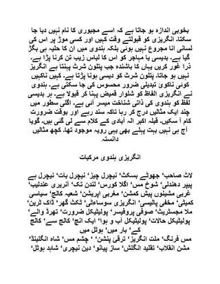 ‫بخوب‬‫ی‬‫مجبور‬ ‫اسے‬ ‫کہ‬ ‫ہے‬ ‫جاتا‬ ‫ہو‬ ‫اندازہ‬‫ی‬‫نہ‬ ‫نام‬ ‫کا‬‫ی‬‫د‬ ‫ں‬‫ی‬‫جا‬ ‫ا‬
‫سکتا‬‫۔‬‫انگر‬‫ی‬‫ز‬‫ی‬‫کہ‬ ‫وقت‬ ‫قبولتے‬ ‫کو‬‫ی‬‫کس‬ ‫اور‬ ‫ں‬‫ی‬‫ک‬ ‫اس‬ ‫پر‬ ‫موڑ‬‫ی‬
‫لسان‬‫ی‬‫نہ‬ ‫مجروع‬ ‫انا‬‫ی‬‫ہوئ‬ ‫ں‬‫ی‬‫ہندو‬ ‫کہ‬ ‫ب‬‫ی‬‫م‬‫ی‬‫ح‬ ‫کا‬ ‫ان‬ ‫ں‬‫ی‬‫ہ‬ ‫ہ‬‫ی‬‫بگڑ‬
‫گ‬‫ی‬‫ہے‬ ‫ا‬‫۔‬‫بد‬‫ی‬‫س‬‫ی‬‫ی‬‫لبا‬ ‫کا‬ ‫اس‬ ‫کو‬ ‫مہاجر‬ ‫ا‬‫ز‬ ‫س‬‫ی‬‫ہے‬ ‫پڑا‬ ‫کرنا‬ ‫تن‬ ‫ب‬‫۔‬
‫کر‬ ‫غور‬ ‫ذرا‬‫ی‬‫ں‬‫ی‬‫انگر‬ ‫ہے‬ ‫پہنتا‬ ‫شرٹ‬ ‫ون‬ ‫پت‬ ‫جب‬ ‫باشندہ‬ ‫کا‬ ‫ہاں‬‫ی‬‫ز‬
‫نہ‬‫ی‬‫جاتا‬ ‫ہو‬ ‫ں‬‫۔‬‫د‬ ‫کو‬ ‫شرٹ‬ ‫ون‬ ‫پت‬‫ی‬‫س‬‫ی‬‫ہے‬ ‫پڑتا‬ ‫ہونا‬‫۔‬‫کہ‬‫ی‬‫ناکہ‬ ‫ں‬‫ی‬‫ں‬
‫کوئ‬‫ی‬‫تبد‬ ‫ناکوئ‬‫ی‬‫ی‬‫ک‬ ‫محسوس‬ ‫ضرور‬‫ی‬‫سکت‬ ‫جا‬‫ی‬‫ہے‬‫۔‬‫ہندو‬‫ی‬
‫انگر‬ ‫نے‬‫ی‬‫ز‬‫ی‬‫قم‬ ‫وار‬ ‫ش‬ ‫کو‬ ‫الفاظ‬‫ی‬‫ہے‬ ‫قبوال‬ ‫کر‬ ‫پہنا‬ ‫ض‬‫۔‬‫بد‬ ‫ہر‬‫ی‬‫س‬‫ی‬
‫ہندو‬ ‫کو‬ ‫لفظ‬‫ی‬‫ک‬‫ی‬‫ذات‬‫ی‬‫م‬ ‫شناخت‬‫ی‬‫آئ‬ ‫سر‬‫ی‬‫ہے‬‫۔‬‫اگ‬‫ی‬‫م‬ ‫سطور‬‫ی‬‫ں‬
‫ا‬ ‫چند‬‫ی‬‫مثال‬ ‫ک‬‫ی‬‫ضرورت‬ ‫بوقت‬ ‫اور‬ ‫رہے‬ ‫سند‬ ‫تاکہ‬ ‫رہا‬ ‫کر‬ ‫درج‬ ‫ں‬
‫سک‬ ‫آ‬ ‫کام‬‫ی‬‫ں‬‫۔‬‫آباد‬ ‫الہ‬ ‫اکبر‬ ‫ہ‬ ‫قب‬‫ی‬‫ل‬ ‫سے‬ ‫کالم‬ ‫کے‬‫ی‬‫گئ‬‫ی‬‫ہ‬‫ی‬‫ں‬‫۔‬‫گو‬‫ی‬‫ا‬
‫ہ‬ ‫آج‬‫ی‬‫نہ‬‫ی‬‫بھ‬ ‫ے‬ ‫پہ‬ ‫بہت‬ ‫ں‬‫ی‬‫ی‬‫ہ‬‫ی‬‫رو‬‫ی‬‫تھا‬ ‫موجود‬ ‫ہ‬‫۔‬‫مثال‬ ‫کچھ‬‫ی‬‫ں‬
‫دانستہ‬
‫انگر‬‫ی‬‫ز‬‫ی‬‫ہندو‬‫ی‬‫مرکبات‬
‫صاحب‬ ‫الٹ‬‘‫جھوٹ‬‫بسکٹ‬ ‫ے‬‘‫ن‬‫ی‬‫چ‬ ‫چرل‬‫ی‬‫ز‬‘‫ن‬‫ی‬‫بات‬ ‫چرل‬‘‫ن‬‫ی‬‫ہے‬ ‫چرل‬
‫پ‬‫ی‬‫دھندل‬ ‫پر‬‫ی‬‘‫مس‬ ‫شوخ‬‘‫کورس‬ ‫اگال‬‘‫تک‬ ‫لندن‬‘‫آنر‬‫ی‬‫ر‬‫ی‬‫عندل‬‫ی‬‫ب‬‘
‫غرب‬‫ی‬‫مش‬‫ی‬‫پ‬ ‫نوں‬‫ی‬‫کمشن‬ ‫ش‬‘‫مغرب‬‫ی‬‫اپر‬‫ی‬‫شن‬‘‫شع‬‫ی‬‫کالج‬ ‫ہ‬‘‫س‬‫ی‬‫اس‬‫ی‬
‫کم‬‫ی‬‫ٹ‬‫ی‬‘‫مخف‬‫ی‬‫پال‬‫ی‬‫س‬‫ی‬‘‫انگر‬‫ی‬‫ز‬‫ی‬‫سوساءٹ‬‫ی‬‘‫گھر‬ ‫ٹکٹ‬‘‫ٹر‬ ‫ڈاک‬‫ی‬‫ن‬‘
‫مجسٹر‬ ‫مال‬‫ی‬‫ٹ‬‘‫صوف‬‫ی‬‫پروف‬‫ی‬‫سر‬‘‫پول‬‫ی‬‫ٹ‬‫ی‬‫ضرورت‬ ‫کل‬‘‫والے‬ ‫تھرڈ‬‘
‫پول‬‫ی‬‫ٹ‬‫ی‬‫حاالت‬ ‫کل‬‘‫پول‬‫ی‬‫ٹ‬‫ی‬‫ہوا‬ ‫و‬ ‫آب‬ ‫کل‬‘‫ا‬‫ی‬‫انچ‬ ‫ک‬‘‫سے‬ ‫کالج‬‘‫کالج‬
‫کے‬‘‫م‬ ‫بار‬‫ی‬‫ں‬‘‫م‬ ‫ہوٹل‬‫ی‬‫ں‬
‫فرنگ‬ ‫مس‬‘‫انگر‬ ‫ت‬ ‫م‬‫ی‬‫ز‬‘‫پنشن‬ ‫ترقئ‬‘ ‘‫مس‬ ‫چشم‬‘‫انگ‬ ‫شاہ‬‫ی‬‫نڈ‬‘
‫انقالب‬ ‫مشن‬‘‫تق‬‫ی‬‫ش‬ ‫انگ‬ ‫د‬‘‫پ‬ ‫ساز‬‫ی‬‫انو‬‘‫د‬‫ی‬‫ن‬ ‫ن‬‫ی‬‫چر‬‫ی‬‘‫ہوٹل‬ ‫شاہد‬‘
 