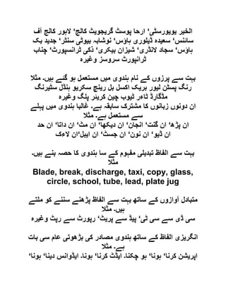 ‫الخ‬‫ی‬‫ر‬‫ی‬‫و‬‫ی‬‫ورسٹ‬‫ی‬‘‫گر‬ ‫پوسٹ‬ ‫ارحا‬‫ی‬‫جو‬‫ی‬‫کالج‬ ‫ٹ‬‘‫آف‬ ‫کالج‬ ‫الہور‬
‫سائنس‬‘‫سع‬‫ی‬‫ڈ‬ ‫دہ‬‫ی‬‫ور‬‫ی‬‫ہاؤس‬‘‫ب‬ ‫نوشابہ‬‫ی‬‫وٹ‬‫ی‬‫سنٹر‬‘‫جد‬‫ی‬‫بک‬ ‫د‬
‫ہاؤس‬‘‫النڈر‬ ‫سجاد‬‫ی‬‘‫ش‬‫ی‬‫ب‬ ‫زان‬‫ی‬‫کر‬‫ی‬‘‫ذک‬‫ی‬‫ٹرانسپ‬‫ورٹ‬‘‫چناب‬
‫وغ‬ ‫سروسز‬ ‫ٹرانپورٹ‬‫ی‬‫رہ‬
‫ہندو‬ ‫نام‬ ‫کے‬ ‫پرزوں‬ ‫سے‬ ‫بہت‬‫ی‬‫م‬‫ی‬‫ہ‬ ‫گئے‬ ‫ہو‬ ‫مستعمل‬ ‫ں‬‫ی‬‫ں‬‫۔‬‫مثال‬
‫ل‬ ‫پسٹن‬ ‫رنگ‬‫ی‬‫بر‬ ‫ور‬‫ی‬‫ر‬ ‫بل‬ ‫اکسل‬ ‫ک‬‫ی‬‫سکر‬ ‫نچ‬‫ی‬‫سٹ‬ ‫ہنڈل‬ ‫و‬‫ی‬‫رنگ‬
‫ٹ‬ ‫ٹاءر‬ ‫مڈگارڈ‬‫ی‬‫چ‬ ‫وب‬‫ی‬‫کر‬ ‫ن‬‫ی‬‫وغ‬ ‫گ‬ ‫پ‬ ‫ئر‬‫ی‬‫رہ‬
‫ہے‬ ‫سابقہ‬ ‫مشترک‬ ‫کا‬ ‫زبانوں‬ ‫دونوں‬ ‫ان‬‫۔‬‫ہندو‬ ‫غالبا‬‫ی‬‫م‬‫ی‬‫ے‬ ‫پہ‬ ‫ں‬
‫ہے‬ ‫مستعمل‬ ‫سے‬‫۔‬‫مثال‬
‫پڑھ‬ ‫ان‬‘‫گنت‬ ‫ان‬‘‫انجان‬‘‫د‬ ‫ان‬‫ی‬‫کھا‬‘‫مٹ‬ ‫ان‬‘‫داتا‬ ‫ان‬‘‫حد‬ ‫ان‬
‫ڈ‬ ‫ان‬‫ی‬‫و‬‘‫نون‬ ‫ان‬‘‫جسٹ‬ ‫ان‬‘‫ا‬ ‫ان‬‫ی‬‫بل‬‘‫الءک‬ ‫ان‬
‫تبد‬ ‫الفاظ‬ ‫سے‬ ‫بہت‬‫ی‬‫ی‬‫ہندو‬ ‫سا‬ ‫کے‬ ‫مفہوم‬‫ی‬‫ہ‬ ‫بنے‬ ‫حصہ‬ ‫کا‬‫ی‬‫ں‬‫۔‬
‫مثال‬
Blade, break, discharge, taxi, copy, glass,
circle, school, tube, lead, plate jug
‫بہت‬ ‫ساتھ‬ ‫کے‬ ‫آوازوں‬ ‫متبادل‬‫تے‬ ‫م‬ ‫کو‬ ‫سننے‬ ‫پڑھنے‬ ‫الفاظ‬ ‫سے‬
‫ہ‬‫ی‬‫ں‬‫۔‬‫مثال‬
‫س‬‫ی‬‫ڈ‬‫ی‬‫س‬ ‫سے‬‫ی‬‫ٹ‬‫ی‬‘‫پ‬‫ی‬‫پر‬ ‫سے‬ ‫ڈ‬‫ی‬‫ٹ‬‘‫وغ‬ ‫رپٹ‬ ‫سے‬ ‫رپورٹ‬‫ی‬‫رہ‬
‫انگر‬‫ی‬‫ز‬‫ی‬‫ہندو‬ ‫ساتھ‬ ‫کے‬ ‫الفاظ‬‫ی‬‫ک‬ ‫مصادر‬‫ی‬‫بڑھوت‬‫ی‬‫س‬ ‫عام‬‫ی‬‫بات‬
‫ہے‬‫۔‬‫مثال‬
‫اپر‬‫ی‬‫کرنا‬ ‫شن‬‘‫ہونا‬‘‫چکنا‬ ‫ہو‬‫۔‬‫ا‬‫ی‬‫کرنا‬ ‫ڈٹ‬‘‫ہونا‬‫۔‬‫ا‬‫ی‬‫د‬ ‫ڈوانس‬‫ی‬‫نا‬‘‫ہونا‬‘
 