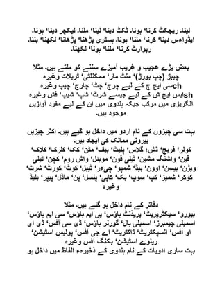 ‫ل‬‫ی‬‫نا‬‫۔‬‫ر‬‫ی‬‫کرنا‬ ‫جکٹ‬‘‫ہونا‬‫۔‬‫د‬ ‫ٹکٹ‬‫ی‬‫نا‬‘‫ل‬‫ی‬‫نا‬‘‫نا‬ ‫م‬‫۔‬‫ل‬‫ی‬‫د‬ ‫کچر‬‫ی‬‫نا‬‘‫ہونا‬‫۔‬
‫ا‬‫ی‬‫د‬ ‫ڈواءس‬‫ی‬‫نا‬‘‫کرنا‬‘‫نا‬ ‫م‬‘‫ہونا‬‫۔‬‫ہسٹر‬‫ی‬‫پڑھنا‬‘‫پڑھانا‬‘‫لکھنا‬‘‫بننا‬‫۔‬
‫کرنا‬ ‫رپوارٹ‬‘‫نا‬ ‫م‬‘‫ہونا‬‘‫لکھنا‬‫۔‬
‫عج‬ ‫بڑے‬ ‫بعض‬‫ی‬‫غر‬ ‫و‬ ‫ب‬‫ی‬‫آم‬ ‫ب‬‫ی‬‫ہ‬ ‫تے‬ ‫م‬ ‫کو‬ ‫سننے‬ ‫زے‬‫ی‬‫ں‬‫۔‬‫مثال‬
‫چ‬‫ی‬‫بڑ‬(‫بورڑ‬ ‫چپ‬)‘‫مار‬ ‫منٹ‬‘‫ٹ‬ ‫ممکن‬‫ی‬‘‫وغ‬ ‫ٹربالت‬‫ی‬‫رہ‬
‫س‬‫ی‬‫ا‬‫ی‬‫ل‬ ‫کے‬ ‫چ‬ ‫چ‬‫ی‬‫چرچ‬ ‫ے‬‘‫چٹ‬‘‫چارج‬‘‫چ‬‫ی‬‫و‬ ‫پ‬‫غ‬‫ی‬‫رہ‬ ch
‫ا‬‫ی‬‫ا‬ ‫س‬‫ی‬‫ل‬ ‫کے‬ ‫ش‬ ‫چ‬‫ی‬‫ج‬ ‫ے‬‫ی‬‫شرٹ‬ ‫سے‬‘‫شپ‬‘‫ش‬‫ی‬‫پ‬‘‫وغ‬ ‫فش‬‫ی‬‫رہ‬ sh
‫انگر‬‫ی‬‫ز‬‫ی‬‫م‬‫ی‬‫ہندو‬ ‫جبکہ‬ ‫مرکب‬ ‫ں‬‫ی‬‫م‬‫ی‬‫ل‬ ‫کے‬ ‫ان‬ ‫ں‬‫ی‬‫آواز‬ ‫مفرد‬ ‫ے‬‫ی‬‫ں‬
‫ہ‬ ‫موجود‬‫ی‬‫ں‬‫۔‬
‫س‬ ‫بہت‬‫ی‬‫چ‬‫ی‬‫م‬ ‫اردو‬ ‫نام‬ ‫کے‬ ‫زوں‬‫ی‬‫گ‬ ‫ہو‬ ‫داخل‬ ‫ں‬‫ی‬‫ہ‬ ‫ے‬‫ی‬‫ں‬‫۔‬‫چ‬ ‫اکثر‬‫ی‬‫ز‬‫ی‬‫ں‬
‫ب‬‫ی‬‫رون‬‫ی‬‫ک‬ ‫ممالک‬‫ی‬‫ا‬‫ی‬‫ہ‬ ‫جاد‬‫ی‬‫ں‬‫۔‬
‫کولر‬‘‫فر‬‫ی‬‫ج‬‘‫گالس‬ ‫ڈش؛‬‘‫پ‬‫ی‬‫ٹ‬‘‫ب‬‫ی‬‫ف‬‘‫مٹن‬‘‫کک‬‘‫رک‬ ‫ک‬‘‫کالک‬‘
‫ف‬‫ی‬‫ن‬‘‫مش‬ ‫واشنگ‬‫ی‬‫ن‬‘‫ٹ‬‫ی‬‫ی‬‫فون‬‘‫موبئل‬‘‫روم‬ ‫واش‬‘‫کچن‬‘‫ٹ‬‫ی‬‫ی‬
‫و‬‫ی‬‫ژن‬‘‫ب‬‫ی‬‫سن‬‘‫اوون‬‘‫ب‬‫ی‬‫ڈ‬‘‫شمپو‬‘‫چ‬‫ی‬‫ءر‬‘‫ٹ‬‫ی‬‫بل‬‘‫کوٹ‬‘‫کورٹ‬‘‫شرٹ‬‘
‫کوکر‬‘‫شم‬‫ی‬‫ز‬‘‫کپ‬‘‫سوپ‬‘‫بک‬‘‫کاپ‬‫ی‬‘‫پنسل‬‘‫پن‬‘‫ماڈل‬‘‫پ‬‫ی‬‫پر‬‘‫ب‬‫ی‬‫ڈ‬
‫وغ‬‫ی‬‫رہ‬
‫ہ‬ ‫گئے‬ ‫ہو‬ ‫داخل‬ ‫نام‬ ‫کے‬ ‫دفاتر‬‫ی‬‫ں‬‫۔‬‫مثال‬
‫ب‬‫ی‬‫ورو‬‘‫س‬‫ی‬‫کٹر‬‫ی‬‫ر‬‫ی‬‫ٹ‬‘‫پر‬‫ی‬‫ہاؤس‬ ‫ذنٹ‬‘‫پ‬‫ی‬‫ا‬‫ی‬‫ہاؤس‬ ‫م‬‘‫س‬‫ی‬‫ا‬‫ی‬‫ہاؤس‬ ‫م‬‘
‫اسمب‬‫ی‬‫چ‬‫ی‬‫مبرز‬‘‫اسمب‬‫ی‬‫ہال‬‘‫ہاؤس‬ ‫گورنر‬‘‫ڈ‬‫ی‬‫س‬‫ی‬‫آفس‬‘‫ڈ‬‫ی‬‫ا‬‫ی‬
‫آفس‬ ‫او‬‘‫انسپکٹر‬‫ی‬‫ٹ‬‘‫ڈاکٹر‬‫ی‬‫ٹ‬‘‫ج‬ ‫اے‬‫ی‬‫آفس‬‘‫پول‬‫ی‬‫اسٹ‬ ‫س‬‫ی‬‫شن‬‘
‫ر‬‫ی‬‫اسٹ‬ ‫وے‬‫ی‬‫شن‬‘‫وغ‬ ‫آفس‬ ‫بکنگ‬‫ی‬‫رہ‬
‫سار‬ ‫بہت‬‫ی‬‫ادو‬‫ی‬‫ہندو‬ ‫نام‬ ‫کے‬ ‫ات‬‫ی‬‫ذخ‬ ‫کے‬‫ی‬‫م‬ ‫الفاظ‬ ‫رہء‬‫ی‬‫ہو‬ ‫داخل‬ ‫ں‬
 
