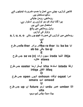 ‫کانج‬‫ی‬‫آواز‬‫ی‬‫ں‬-‫چ‬‫ی‬‫ن‬‫ی‬‫اصل‬ ‫سے‬‫ی‬‫تبد‬ ‫ضرورت‬ ‫حسب‬ ‫ا‬‫ی‬‫ی‬‫کے‬ ‫وں‬
‫ہ‬ ‫مستعمل‬ ‫ساتھ‬‫ی‬‫ں‬
‫رومانج‬‫ی۔‬‫جاپان‬ ‫رومن‬‫ی‬
‫ہ‬‫ی‬‫ا‬ ‫گانا‬ ‫را‬‫ی‬‫ہے‬ ‫استوار‬ ‫پر‬ ‫آوازوں‬ ‫سو‬ ‫کم‬ ‫ک‬‫۔‬
‫م‬ ‫استعمال‬‫ی‬‫ہ‬ ‫آتے‬ ‫ں‬‫ی‬‫ں‬
‫رومانج‬ ‫واول‬‫ی‬‫م‬‫ی‬‫پانچ‬ ‫ں‬
‫ک‬ ‫واولز‬‫ی‬‫آواز‬‫ی‬‫ں‬
a, i, u, e, o ‫رومانج‬‫ی‬‫م‬‫ی‬‫آوازو‬ ‫ں‬‫ک‬ ‫ں‬‫ی‬‫کچھ‬ ‫صورت‬‫ی‬‫بنت‬ ‫وں‬‫ی‬
‫ہے‬‫۔‬
A
‫طرح‬ ‫جس‬fa ther ‫برادر‬ ‫فادر‬ba ra thar ‫بابا‬ ba ba ‫ابا‬
ab ba ‫باق‬‫ی‬ ba qi
E
‫طرح‬ ‫جس‬ se ve (n) ‫س‬‫ی‬‫ارادہ‬ ‫ون‬ irada ‫التجا‬ iltija
‫عالوہ‬ elawa
I
‫طرح‬ ‫جس‬ easter ‫ا‬‫ی‬‫ارحا‬ ‫سٹر‬ irha ‫استدعا‬ istada ‫ارتقا‬
irtiqa ‫اتفاق‬ itfaq
O
‫طرح‬ ‫جس‬ open ‫انہوں‬ onhoun ‫ا‬‫وقات‬ oqaat ‫امرا‬
omara ‫ام‬‫ی‬‫د‬ omeed
U
‫طرح‬ ‫جس‬ up ‫اپ‬ future ‫اردو‬ urdu ‫عمبر‬ umber ‫الٹا‬
ulta
‫ب‬‫ی‬‫س‬ ‫ٹ‬‫ی‬‫ہ‬ ‫ٹ‬‫ی‬‫ل‬ ‫ٹس‬‫ی‬‫و‬ ‫پ‬‫ی‬‫پ‬
 