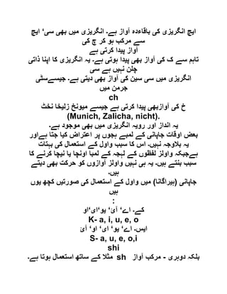 ‫ا‬‫ی‬‫انگر‬ ‫چ‬‫ی‬‫ز‬‫ی‬‫ک‬‫ی‬‫ہے‬ ‫آواز‬ ‫باقاءدہ‬‫۔‬‫انگر‬‫ی‬‫ز‬‫ی‬‫م‬‫ی‬‫بھ‬ ‫ں‬‫ی‬‫س‬‫ی‬‘‫ا‬‫ی‬‫چ‬
‫ک‬ ‫چ‬ ‫کر‬ ‫ہو‬ ‫مرکب‬ ‫سے‬‫ی‬
‫پ‬ ‫آواز‬‫ی‬‫کرت‬ ‫دا‬‫ی‬‫ہے‬
‫ک‬ ‫ک‬ ‫سے‬ ‫تاہم‬‫ی‬‫بھ‬ ‫آواز‬‫ی‬‫پ‬‫ی‬‫ہوت‬ ‫دا‬‫ی‬‫ہے‬‫۔‬‫ی‬‫انگر‬ ‫ہ‬‫ی‬‫ز‬‫ی‬‫ذات‬ ‫اپنا‬ ‫کا‬‫ی‬
‫نہ‬ ‫ن‬ ‫چ‬‫ی‬‫س‬ ‫ہے‬ ‫ں‬‫ی‬
‫انگر‬‫ی‬‫ز‬‫ی‬‫م‬‫ی‬‫س‬ ‫ں‬‫ی‬‫س‬‫ی‬‫ک‬ ‫ن‬‫ی‬‫بھ‬ ‫آواز‬‫ی‬‫د‬‫ی‬‫ت‬‫ی‬‫ہے‬‫۔‬‫ج‬‫ی‬‫سےسٹ‬‫ی‬
‫م‬ ‫جرمن‬‫ی‬‫ں‬
ch
‫ک‬ ‫خ‬‫ی‬‫آ‬‫وازبھ‬‫ی‬‫پ‬‫ی‬‫کرت‬ ‫دا‬‫ی‬‫ج‬ ‫ہے‬‫ی‬‫م‬ ‫سے‬‫ی‬‫زل‬ ‫ونخ‬‫ی‬‫نخٹ‬ ‫خا‬
(Munich, Zalicha, nicht).
‫ی‬‫رو‬ ‫اور‬ ‫انداز‬ ‫ہ‬‫ی‬‫انگر‬ ‫ہ‬‫ی‬‫ز‬‫ی‬‫م‬‫ی‬‫بھ‬ ‫ں‬‫ی‬‫ہے‬ ‫موجود‬‫۔‬
‫جاپان‬ ‫اوقات‬ ‫بعض‬‫ی‬‫ک‬ ‫اعتراض‬ ‫پر‬ ‫ہجوں‬ ‫لمبے‬ ‫کے‬‫ی‬‫ہےاور‬ ‫جتا‬ ‫ا‬
‫ی‬‫نہ‬ ‫بالوجہ‬ ‫ہ‬‫ی‬‫ں‬‫۔‬‫ک‬ ‫استعمال‬ ‫کے‬ ‫واول‬ ‫سبب‬ ‫کا‬ ‫اس‬‫ی‬‫بہتات‬
‫اونچا‬ ‫لمبا‬ ‫کے‬ ‫لہجہ‬ ‫کے‬ ‫لفظوں‬ ‫واولز‬ ‫ہےجبکہ‬‫ی‬‫ن‬ ‫ا‬‫ی‬‫کا‬ ‫کرنے‬ ‫چا‬
‫ہ‬ ‫بنتے‬ ‫سبب‬‫ی‬‫ں‬‫۔‬‫ی‬‫ہ‬ ‫ہ‬‫ی‬‫نہ‬‫ی‬‫بھ‬ ‫حرکت‬ ‫کو‬ ‫آوازوں‬ ‫واولز‬ ‫ں‬‫ی‬‫د‬‫ی‬‫تے‬
‫ہ‬‫ی‬‫ں‬‫۔‬
‫جاپان‬‫ی‬(‫ہ‬‫ی‬‫راگانا‬)‫م‬‫ی‬‫ک‬ ‫استعمال‬ ‫کے‬ ‫واول‬ ‫ں‬‫ی‬‫صورت‬‫ی‬‫کچھ‬ ‫ں‬‫ی‬‫وں‬
‫ہ‬‫ی‬‫ں‬
:
‫کے‬‫۔‬‫اے‬‘‫آئ‬‘‫ی‬‫و‬‘‫ا‬‫ی‬‘‫او‬
K- a, i, u, e, o
‫ا‬‫ی‬‫س‬‫۔‬‫اے‬‘‫ی‬‫و‬‘‫ا‬‫ی‬‘‫او‬‘‫آئ‬
S- a, u, e, o,i
shi
‫ہے‬ ‫ہوتا‬ ‫استعمال‬ ‫ساتھ‬ ‫کے‬ ‫مثال‬‫۔‬ sh ‫ب‬‫دوہر‬ ‫کہ‬‫ی‬-‫آواز‬ ‫مرکب‬
 