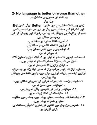 2- No language is better or worse than other
‫ی‬‫ہے‬ ‫مشتمل‬ ‫پر‬ ‫حصوں‬ ‫دو‬ ‫نقطہ‬ ‫ہ‬
‫اول‬‫۔‬‫ب‬‫ی‬‫ٹر‬
Better‘ ‫ب‬‫ی‬‫ٹر‬ Better ‫وہ‬ ‫زبان‬‫ی‬‫سکت‬ ‫کہال‬‫ی‬‫اظہار‬ ‫جو‬ ‫ہے‬
‫م‬ ‫ے‬ ‫معام‬ ‫کے‬ ‫انشراع‬ ‫اور‬‫ی‬‫کس‬ ‫سے‬ ‫حوالہ‬ ‫اس‬ ‫اور‬ ‫ہو‬ ‫بہتر‬ ‫ں‬‫ی‬
‫ک‬ ‫قسم‬‫ی‬‫پچ‬ ‫اور‬ ‫رکاوٹ‬‫ی‬‫دگ‬‫ی‬‫پ‬ ‫نہ‬‫ی‬‫ہو‬ ‫دا‬‫۔‬‫پچ‬ ‫اور‬ ‫رکاوٹ‬‫ی‬‫دگ‬‫ی‬‫ک‬‫ی‬‫کئ‬
‫سکت‬ ‫ہو‬ ‫وجوہ‬‫ی‬‫ہ‬‫ی‬‫ں‬
١‫۔‬‫ذخ‬‫ی‬‫ہے‬ ‫سکتا‬ ‫ہو‬ ‫محدود‬ ‫الفاظ‬ ‫رہ‬‫۔‬
٢‫۔‬‫ہے‬ ‫سکتا‬ ‫ہو‬ ‫ناقص‬ ‫نظام‬ ‫کا‬ ‫آوازوں‬‫۔‬
٣‫۔‬‫لچ‬‫پذ‬ ‫ک‬‫ی‬‫ر‬‫ی‬‫م‬‫ی‬‫ہے‬ ‫ممکن‬ ‫نقص‬ ‫ں‬‫۔‬
٤‫۔‬‫ہو‬ ‫نہ‬ ‫سوشل‬‫۔‬
٥‫۔‬‫د‬ ‫نہ‬ ‫ساتھ‬ ‫کا‬ ‫لہجوں‬ ‫ف‬ ‫مخت‬‫ی‬‫ت‬‫ی‬‫ہو‬‫۔‬٦‫۔‬‫نطق‬ ‫آالت‬‫ی‬‫آالت‬ ‫معاون‬ ‫ا‬
‫د‬ ‫نہ‬ ‫ساتھ‬ ‫کا‬ ‫سسٹم‬ ‫ساؤنڈ‬ ‫کے‬ ‫اس‬ ‫نطق‬‫ی‬‫ہوں‬ ‫تے‬‫۔‬
٧‫۔‬‫ہو‬ ‫نہ‬ ‫بہتر‬ ‫نظام‬ ‫کا‬ ‫آوازوں‬ ‫تبادل‬‫۔‬
٨‫۔‬‫ل‬ ‫کے‬ ‫آواز‬ ‫مفرد‬‫ی‬‫ل‬ ‫سہارا‬ ‫کا‬ ‫آواز‬ ‫مرکب‬ ‫ے‬‫ی‬‫ہو‬ ‫پڑتا‬ ‫نا‬‫۔‬‫ی‬‫مرکب‬ ‫ہ‬
‫آواز‬‫ی‬‫ا‬ ‫ں‬‫ی‬‫ز‬ ‫سے‬ ‫ک‬‫ی‬‫ا‬‫آواز‬ ‫دہ‬‫ی‬‫د‬ ‫ں‬‫ی‬‫ت‬‫ی‬‫ہوں‬‫۔‬‫ی‬‫م‬ ‫فظ‬ ‫ت‬ ‫پھر‬ ‫ا‬‫ی‬‫پچ‬ ‫ں‬‫ی‬‫دگ‬‫ی‬
‫پ‬‫ی‬‫ہوت‬ ‫دا‬‫ی‬‫ہو‬‫۔‬
٩‫۔‬‫خراب‬ ‫حوالہ‬ ‫کے‬ ‫پڑھنے‬ ‫لکھنے‬‫ی‬‫ک‬‫ی‬‫صورت‬‫ی‬‫ت‬ ‫نک‬ ‫ں‬‫ی‬‫ہوں‬‫۔‬
‫۔‬١‫س‬‫ی‬‫م‬ ‫کھنے‬‫ی‬‫ہو‬ ‫نہ‬ ‫آسان‬ ‫ں‬‫۔‬
١١‫۔‬‫س‬‫ی‬‫ک‬ ‫والے‬ ‫کھنے‬‫ی‬‫دلچسپ‬‫ی‬‫باق‬‫ی‬‫رہت‬ ‫نہ‬‫ی‬‫ہو‬‫۔‬
١٢‫۔‬‫ک‬ ‫متبادالت‬‫ی‬‫ز‬ ‫تعداد‬‫ی‬‫ہو‬ ‫نہ‬ ‫ادہ‬‫۔‬
١٣‫۔‬‫ا‬‫ی‬‫معن‬ ‫سے‬ ‫بہت‬ ‫کے‬ ‫لفظ‬ ‫ک‬‫ی‬‫ہ‬ ‫ہوتے‬‫ی‬‫ں‬‫۔‬‫م‬ ‫ے‬ ‫جم‬‫ی‬‫ں‬‫وبہ‬ ‫مط‬
‫معن‬‫ی‬‫ہوں‬ ‫ہوتے‬ ‫نہ‬ ‫واضع‬‫۔‬
١٤‫۔‬‫عموم‬‫ی‬‫م‬ ‫چال‬ ‫بول‬‫ی‬‫ک‬ ‫لفظوں‬ ‫ں‬‫ی‬‫فطر‬‫ی‬‫ادائ‬‫ی‬‫گ‬‫ی‬‫پر‬ ‫سماعت‬
‫گزرت‬ ‫گراں‬‫ی‬‫ہو‬‫۔‬
 