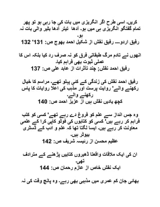 ‫کر‬‫ی‬‫ں‬‫۔‬‫اس‬‫ی‬‫انگر‬ ‫اگر‬ ‫طرح‬‫ی‬‫ز‬‫ی‬‫م‬‫ی‬‫ک‬ ‫بات‬ ‫ں‬‫ی‬‫رہ‬ ‫جا‬‫ی‬‫پھر‬ ‫تو‬ ‫ہو‬
‫انگر‬ ‫گفتگو‬ ‫تمام‬‫ی‬‫ز‬‫ی‬‫ہ‬‫ی‬‫م‬‫ی‬‫ہو‬ ‫ں‬‫۔‬‫ت‬ ‫آدھا‬‫ی‬‫بٹ‬ ‫آدھا‬ ‫تر‬‫ی‬‫وال‬ ‫ر‬‫ی‬‫نہ‬ ‫بات‬
‫ہو‬‫۔‬
‫رف‬‫ی‬‫اردو‬ ‫ق‬‫۔۔۔۔‬‫رف‬‫ی‬‫شک‬ ‫از‬ ‫نقش‬ ‫ق‬‫ی‬‫ص‬ ‫بھوج‬ ‫احمد‬ ‫ل‬:090'096
‫طبقات‬ ‫مرگ‬ ‫تادم‬ ‫نے‬ ‫انھوں‬‫ی‬‫ک‬ ‫رد‬ ‫صرف‬ ‫نہ‬ ‫کو‬ ‫فرق‬‫ی‬‫کا‬ ‫اس‬ ‫کہ‬ ‫ب‬ ‫ا‬
‫عم‬‫ی‬‫بھ‬ ‫ثبوت‬‫ی‬‫ک‬ ‫فراہم‬‫ی‬‫ا‬‫۔‬
‫رف‬‫ی‬‫نقش‬ ‫احمد‬ ‫ق‬;‫ع‬ ‫عابد‬ ‫از‬ ‫تآثرات‬ ‫چند‬‫ی‬‫ص‬:091
‫رف‬‫ی‬‫ک‬ ‫نقش‬ ‫احمد‬ ‫ق‬‫ی‬‫زندگ‬‫ی‬‫کئ‬ ‫کے‬‫ی‬‫تھے‬ ‫و‬ ‫پہ‬‫۔‬‫خ‬ ‫کا‬ ‫مراسم‬‫ی‬‫ال‬
‫والے‬ ‫رکھنے‬'‫روا‬‫ی‬‫ک‬ ‫مذہب‬ ‫اور‬ ‫پرست‬ ‫ت‬‫ی‬‫اع‬‫روا‬ ‫ال‬‫ی‬‫پاس‬ ‫کا‬ ‫ات‬
‫والے‬ ‫رکھنے‬‫۔‬
‫کچھ‬‫ی‬‫اد‬‫ی‬‫ہ‬ ‫نقش‬ ‫ں‬‫ی‬‫عز‬ ‫از‬ ‫ں‬‫ی‬‫ص‬ ‫احمد‬ ‫ز‬:091
‫تھے‬ ‫رہے‬ ‫دے‬ ‫فروغ‬ ‫کو‬ ‫م‬ ‫ع‬ ‫سے‬ ‫انداز‬ ‫جس‬ ‫وہ‬'‫کس‬‫ی‬‫کتب‬ ‫کو‬
‫ہ‬ ‫رہے‬ ‫کر‬ ‫فراہم‬‫ی‬‫ں‬'‫کس‬‫ی‬‫ک‬ ‫کتابوں‬ ‫کو‬‫ی‬‫کاپ‬ ‫فوٹو‬‫ی‬‫م‬ ‫ع‬ ‫کے‬ ‫کرا‬‫ی‬
‫ہ‬ ‫رہے‬ ‫کر‬ ‫معاونت‬‫ی‬‫ں‬‫۔‬‫ا‬‫ی‬‫ڈسٹر‬ ‫کے‬ ‫ادب‬ ‫و‬ ‫م‬ ‫ع‬ ‫کہ‬ ‫تھا‬ ‫لگتا‬ ‫سا‬‫ی‬
‫ب‬‫ی‬‫ہ‬ ‫وٹر‬‫ی‬‫ں‬‫۔‬
‫عظ‬‫ی‬‫رئ‬ ‫از‬ ‫محسن‬ ‫م‬‫ی‬‫شر‬ ‫سہ‬‫ی‬‫ص‬ ‫ف‬:096
‫ک‬ ‫ان‬‫ی‬‫ا‬‫ی‬‫ڈھ‬ ‫واقعتا‬ ‫مالقات‬ ‫ک‬‫ی‬‫کتاب‬ ‫روں‬‫ی‬‫مترادف‬ ‫کے‬ ‫پڑھنے‬ ‫ں‬
‫تھ‬‫ی۔‬
‫ا‬‫ی‬‫ص‬ ‫رحمان‬ ‫عازم‬ ‫از‬ ‫خاص‬ ‫نقش‬ ‫ک‬:099
‫بھائ‬‫ی‬‫عمر‬ ‫کم‬ ‫جان‬‫ی‬‫م‬‫ی‬‫مذہب‬ ‫ں‬‫ی‬‫بھ‬‫ی‬‫رہے‬‫۔‬‫ک‬ ‫وقت‬ ‫پانچ‬ ‫وہ‬‫ی‬‫نہ‬
 