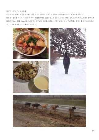 22
◎アラ・アルチャ国立公園	
 
ビシュケク郊外にある自然公園。景色がとてもいい。ただ、3 月はまだ雪が残っていてあまり歩けない。	
 
行き方…265 番のミニバス(40 スム？)で最初の門まで行ける。そこから二つ目の門（こちらが本当の入り口）までは高
低差約 700m、距離 13km の道がのびる。体力に自信があれば歩いてもいいが、ヒッチが無難。意外と乗せてくれるもの
で、行きも帰りもただで乗せてもらえた。	
  	
 
 