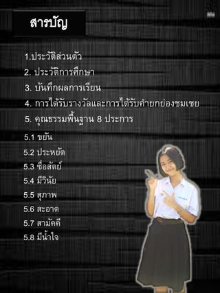 1.ประวัติส่วนตัว
2. ประวัติการศึกษา
3. บันทึกผลการเรียน
4. การได้รับรางวัลและการได้รับคายกย่องชมเชย
5. คุณธรรมพื้นฐาน 8 ประการ
5.1 ขยัน
5.2 ประหยัด
5.3 ซื่อสัตย์
5.4 มีวินัย
5.5 สุภาพ
5.6 สะอาด
5.7 สามัคคี
5.8 มีน้าใจ
 