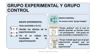 GRUPO EXPERIMENTAL Y GRUPO
CONTROL
GRUPO EXPERIMENTAL
-Esta sometido a la V.I.
-Recibe los efectos de la
experimentación
-En el se valúan los
resultados de la
experimentación
GRUPO CONTROL –
Se conoce como “grupo testigo”.
-“Grupo padrino” con el cual se
intenta describir su función como
“ no participante”. Este grupo no
esta sometido a tratamiento o V.I.
-“Grupo tratado igual que el grupo
experimental excepto que no
recibe el tratamiento
experimental”
Adaptado por Mg. Ps. Fanny Wong 13
 
