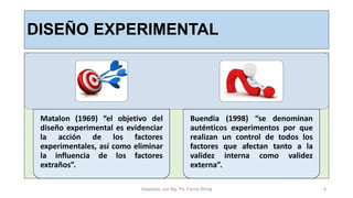 DISEÑO EXPERIMENTAL
Matalon (1969) “el objetivo del
diseño experimental es evidenciar
la acción de los factores
experimentales, así como eliminar
la influencia de los factores
extraños”.
Buendia (1998) “se denominan
auténticos experimentos por que
realizan un control de todos los
factores que afectan tanto a la
validez interna como validez
externa”.
Adaptado por Mg. Ps. Fanny Wong 4
 