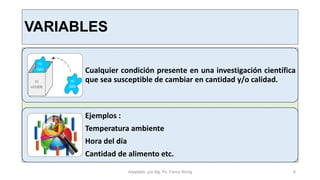 VARIABLES
Cualquier condición presente en una investigación científica
que sea susceptible de cambiar en cantidad y/o calidad.
Ejemplos :
Temperatura ambiente
Hora del día
Cantidad de alimento etc.
Adaptado por Mg. Ps. Fanny Wong 6
 