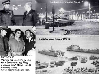ΕΝΟΤΗΤΑ 55
Όξυνση της πολιτικής κρίσης και
η δικτατορία της 21ης Απριλίου
1967 (1963-1974)
Μπακάλης Κώστας
history-logotexnia.blogspot.com
Ιουλιανά
1965
Επιβολή δικτατορίας (1967-74)
Εισβολή στην Κύπρο(1974)
 