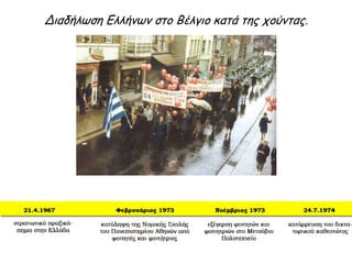 Αντίσταση – Αντιδικτατορικός Αγώνας (1)
Παρ’ όλα αυτά, δημοκρατικοί πολίτες που είχαν διαφύγει τη σύλληψη άρχισαν να
δημιουργούν πυρήνες αντίστασης. Οι κηδείες του Γ. Παπανδρέου (1968) και του
νομπελίστα ποιητή Γ. Σεφέρη (1971) μετατράπηκαν σε μεγάλες αντιδικτατορικές
διαδηλώσεις.
 