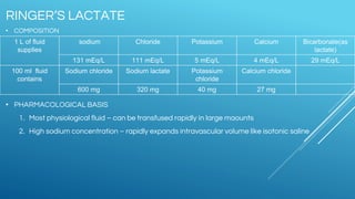 • COMPOSITION
RINGER’S LACTATE
1 L of fluid
supplies
sodium Chloride Potassium Calcium Bicarbonate(as
lactate)
131 mEq/L 111 mEq/L 5 mEq/L 4 mEq/L 29 mEq/L
100 ml fluid
contains
Sodium chloride Sodium lactate Potassium
chloride
Calcium chloride
600 mg 320 mg 40 mg 27 mg
• PHARMACOLOGICAL BASIS
1. Most physiological fluid – can be transfused rapidly in large maounts
2. High sodium concentration – rapidly expands intravascular volume like isotonic saline
 