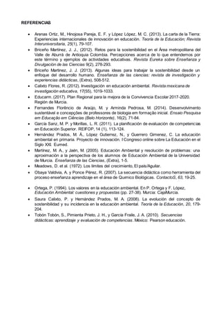 REFERENCIAS
 Arenas Ortiz, M., Hinojosa Pareja, E. F. y López López, M. C. (2013). La carta de la Tierra:
Experiencias internacionales de innovación en educación. Teoría de la Educación; Revista
Interuniversitaria, 25(1), 79-107.

 Briceño Martínez, J. J., (2012). Retos para la sostenibilidad en el Área metropolitana del
Valle de Aburrá de Antioquia Colombia. Percepciones acerca de lo que entendemos por
este término y ejemplos de actividades educativas. Revista Eureka sobre Enseñanza y
Divulgación de las Ciencias 9(2), 278-293.

 Briceño Martinez, J. J. (2013). Algunas ideas para trabajar la sostenibilidad desde un
enfoque del desarrollo humano. Enseñanza de las ciencias: revista de investigación y
experiencias didácticas, (Extra), 508-512.

 Calixto Flores, R. (2012). Investigación en educación ambiental. Revista mexicana de
investigación educativa, 17(55), 1019-1033.

 Educarm. (2017). Plan Regional para la mejora de la Convivencia Escolar 2017-2020.
Región de Murcia.

 Fernandes Florêncio de Araújo, M. y Arminda Pedrosa, M. (2014). Desenvolvimento
sustentável e concepções de professores de biologia em formação inicial. Ensaio Pesquisa
em Educação em Ciências (Belo Horizonte), 16(2), 71-84.

 García Sanz, M. P. y Morillas, L. R. (2011). La planificación de evaluación de competencias
en Educación Superior. REIFOP, 14 (1), 113-124.

 Hernández Prados, M. Á., López Gutierrez, N., y Guerrero Gimenez, C. La educación
ambiental en primaria. Proyecto de innovación. I Congreso online sobre La Educación en el
Siglo XXI. Eumed.

 Martínez, M. A., y Jaén, M. (2005). Educación Ambiental y resolución de problemas: una
aproximación a la perspectiva de los alumnos de Educación Ambiental de la Universidad
de Murcia. Enseñanza de las Ciencias, (Extra), 1-5.

 Meadows, D. et al. (1972). Los límites del crecimiento, El país/Aguilar.

 Obaya Valdivia, A. y Ponce Pérez, R. (2007). La secuencia didáctica como herramienta del
proceso enseñanza aprendizaje en el área de Quımico Biológicas. ContactoS, 63, 19-25.

 Ortega, P. (1994). Los valores en la educación ambiental. En P. Ortega y F. López,
Educación Ambiental: cuestiones y propuestas (pp. 27-38). Murcia: CajaMurcia.

 Saura Calixto, P. y Hernández Prados, M. A. (2008). La evolución del concepto de
sostenibilidad y su incidencia en la educación ambiental. Teoría de la Educación, 20, 179-
204.

 Tobón Tobón, S., Pimienta Prieto, J. H., y García Fraile, J. A. (2010). Secuencias
didácticas: aprendizaje y evaluación de competencias. México: Pearson educación.
 
